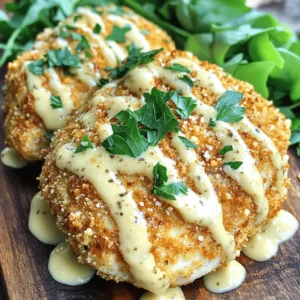 - 4 boneless, skinless chicken breasts - 1 cup all-purpose flour - 2 large eggs - 1 cup breadcrumbs (preferably panko) - 1/2 cup grated Parmesan cheese - 2 teaspoons garlic powder - 1 teaspoon onion powder - Salt and pepper to taste - 1 tablespoon olive oil - 1 cup heavy cream - 4 cloves garlic, minced - 1 teaspoon dried Italian herbs - Fresh parsley for garnish The main ingredients make this dish shine. The chicken breasts are the star. They are juicy and tender. The flour adds a nice layer. The eggs help the breading stick. Panko breadcrumbs give that perfect crunch. For seasoning, garlic powder and onion powder boost flavor. Salt and pepper enhance all the tastes. Olive oil is key for frying. The heavy cream creates that rich sauce. Adding minced garlic and Italian herbs gives the sauce depth. Fresh parsley brightens the dish. This recipe is all about balance. Each ingredient plays an important role in making your meal delicious. You can find the Full Recipe to guide you through each step. Enjoy cooking! Start with four boneless, skinless chicken breasts. Pat them dry with a paper towel. Season both sides with salt and pepper. This simple step adds flavor to the chicken. Set the seasoned chicken aside. Next, set up your breading station. Use three shallow bowls. In the first bowl, add one cup of all-purpose flour. In the second bowl, beat two large eggs until they are mixed well. In the third bowl, combine one cup of breadcrumbs, half a cup of grated Parmesan cheese, two teaspoons of garlic powder, and one teaspoon of onion powder. Mix these well for a tasty coating. Now it's time to coat the chicken. First, dip each chicken breast into the flour. Make sure it is fully covered. Shake off any extra flour. Next, dunk it into the beaten eggs. Let the excess egg drip off. Finally, coat the chicken in the breadcrumb mixture. Press gently to help it stick well. To ensure a good coating, work with one piece at a time. This keeps the breading from getting soggy. If the coating starts to come off, press more breadcrumbs onto the chicken. Heat a large skillet over medium heat. Add one tablespoon of olive oil. When the oil is hot, carefully place the breaded chicken breasts in the skillet. Cook them for about five to seven minutes on each side. Look for a golden brown color. This means they are getting crispy. To check if the chicken is cooked through, use a meat thermometer. The internal temperature should reach 165°F (75°C). Once cooked, place the chicken on a plate lined with paper towels. This helps drain any extra oil. Now, let’s make the garlic cream sauce. In the same skillet, add four cloves of minced garlic. Sauté for about 30 seconds. You want the garlic to become fragrant, not burned. Then, pour in one cup of heavy cream. Stir well to combine. Bring the mixture to a gentle simmer. Lower the heat and let it thicken for about three to five minutes. Add one teaspoon of dried Italian herbs and season with salt and pepper to taste. This sauce adds a rich flavor to the chicken. To serve, place one crispy chicken breast on a plate. Drizzle the garlic cream sauce over the top. For a beautiful finish, garnish with freshly chopped parsley. For side dishes, consider steamed greens or a fresh garden salad. This adds color and balance to your meal. Enjoy your tasty crispy Parmesan chicken with garlic cream sauce! For the full recipe, check the details above. - Overcrowding the pan while frying: If you crowd the pan, the chicken will steam instead of fry. This leads to soggy chicken. Always give each piece space. - Not allowing oil to heat properly: If the oil is not hot, the breading will not crisp. Heat the oil until it shimmers. This ensures a golden crust. - Recommended marinades for chicken: A simple marinade can add depth. Try mixing lemon juice, garlic, and herbs. Marinate for at least 30 minutes for the best flavor. - Alternative cheese options for added flavor: While Parmesan is classic, consider using Pecorino Romano or aged Gouda. These cheeses can give your chicken a unique twist. - Baking vs. frying: Pros and cons: Frying gives the chicken a crispy crust. However, baking is healthier and less messy. Bake at 400°F for 20-25 minutes, or until cooked through. - Tips for using an air fryer for a healthier version: An air fryer can produce a crispy result with less oil. Coat the chicken as usual, then cook at 375°F for about 15-20 minutes. Flip halfway for even cooking. For the full recipe, check out the Crispy Parmesan Chicken with Garlic Cream Sauce section. {{image_2}} To add a kick, mix red pepper flakes into your breadcrumb mix. This small change gives the chicken a nice heat. Pair this spicy chicken with a zesty dipping sauce. A mix of yogurt and hot sauce works great. This combo will impress your guests. For a healthier take, swap skinless chicken thighs for the breasts. Thighs stay moist and tender while still delivering great flavor. You can also replace the heavy cream with half-and-half. This cuts down on calories but keeps the creaminess. When serving, think about sides that complement the chicken well. Pasta or rice dishes pair beautifully with the rich garlic cream sauce. You might also want to serve a fresh salad or sautéed vegetables. These add a nice crunch and balance to your meal. For the detailed cooking process, check the Full Recipe for Crispy Parmesan Chicken with Garlic Cream Sauce. To keep your chicken fresh, place leftovers in an airtight container. Make sure the chicken cools first. You can store it in the fridge for up to three days. If you want to keep it longer, freezing is a great option. Wrap the chicken tightly in plastic wrap and then in foil. This helps to prevent freezer burn. It can last for up to three months in the freezer. To enjoy your chicken crispy again, use the oven. Preheat it to 375°F (190°C). Place the chicken on a baking sheet and heat for about 15-20 minutes. This keeps the outside crunchy. For the cream sauce, gently reheat it on the stove. Use low heat and stir often. Adding a splash of cream can help make it smooth again. Enjoy your meal as if it were fresh! For the full recipe, check out the details above. Yes, you can use whole chicken. Whole chicken brings great flavor and moisture. Cook time will change. Roast it at 375°F for 1 to 1.5 hours. Always check the internal temperature. It should reach 165°F for safe eating. To keep your chicken crispy, follow these tips: - Use panko breadcrumbs: They offer extra crunch. - Don’t overcrowd the pan: Fry in batches if needed. - Let it rest: After frying, place on paper towels to absorb oil. - Serve immediately: Enjoy while it's hot and crispy. Yes, you can easily make it gluten-free. Here are some swaps: - Use gluten-free flour: Almond or coconut flour works well. - Choose gluten-free breadcrumbs: Many brands offer this option. - Check other ingredients: Ensure your chicken broth or cream is gluten-free. Here are some quick ideas: - Mixed green salad: A light salad adds freshness. - Steamed vegetables: Broccoli or green beans complement well. - Garlic bread: A crispy loaf pairs nicely with the sauce. - Mashed potatoes: They soak up the garlic cream sauce perfectly. Leftovers can last up to four days in the fridge. Store in an airtight container. Always reheat to 165°F before eating. If you want to keep them longer, freeze them. They can last for three months in the freezer. You learned how to make Crispy Parmesan Chicken and its tasty sauce. We covered the key ingredients and simple steps to cook it right. Plus, we shared tips for better taste and stored leftovers. Remember, cooking can be fun and delicious. Try new flavors and don’t fear mistakes. With practice, your chicken will always shine on the table. Enjoy making this meal and impressing your family or friends!