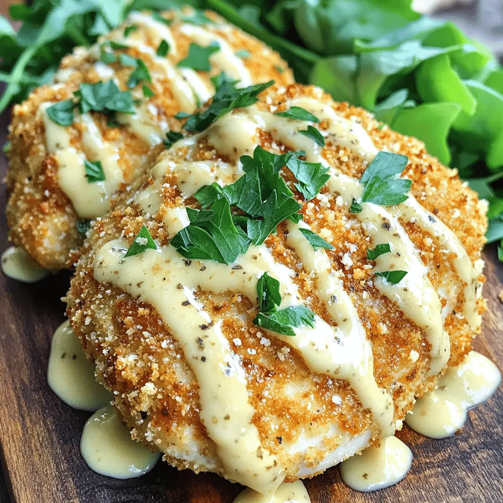 - 4 boneless, skinless chicken breasts - 1 cup all-purpose flour - 2 large eggs - 1 cup breadcrumbs (preferably panko) - 1/2 cup grated Parmesan cheese - 2 teaspoons garlic powder - 1 teaspoon onion powder - Salt and pepper to taste - 1 tablespoon olive oil - 1 cup heavy cream - 4 cloves garlic, minced - 1 teaspoon dried Italian herbs - Fresh parsley for garnish The main ingredients make this dish shine. The chicken breasts are the star. They are juicy and tender. The flour adds a nice layer. The eggs help the breading stick. Panko breadcrumbs give that perfect crunch. For seasoning, garlic powder and onion powder boost flavor. Salt and pepper enhance all the tastes. Olive oil is key for frying. The heavy cream creates that rich sauce. Adding minced garlic and Italian herbs gives the sauce depth. Fresh parsley brightens the dish. This recipe is all about balance. Each ingredient plays an important role in making your meal delicious. You can find the Full Recipe to guide you through each step. Enjoy cooking! Start with four boneless, skinless chicken breasts. Pat them dry with a paper towel. Season both sides with salt and pepper. This simple step adds flavor to the chicken. Set the seasoned chicken aside. Next, set up your breading station. Use three shallow bowls. In the first bowl, add one cup of all-purpose flour. In the second bowl, beat two large eggs until they are mixed well. In the third bowl, combine one cup of breadcrumbs, half a cup of grated Parmesan cheese, two teaspoons of garlic powder, and one teaspoon of onion powder. Mix these well for a tasty coating. Now it's time to coat the chicken. First, dip each chicken breast into the flour. Make sure it is fully covered. Shake off any extra flour. Next, dunk it into the beaten eggs. Let the excess egg drip off. Finally, coat the chicken in the breadcrumb mixture. Press gently to help it stick well. To ensure a good coating, work with one piece at a time. This keeps the breading from getting soggy. If the coating starts to come off, press more breadcrumbs onto the chicken. Heat a large skillet over medium heat. Add one tablespoon of olive oil. When the oil is hot, carefully place the breaded chicken breasts in the skillet. Cook them for about five to seven minutes on each side. Look for a golden brown color. This means they are getting crispy. To check if the chicken is cooked through, use a meat thermometer. The internal temperature should reach 165°F (75°C). Once cooked, place the chicken on a plate lined with paper towels. This helps drain any extra oil. Now, let’s make the garlic cream sauce. In the same skillet, add four cloves of minced garlic. Sauté for about 30 seconds. You want the garlic to become fragrant, not burned. Then, pour in one cup of heavy cream. Stir well to combine. Bring the mixture to a gentle simmer. Lower the heat and let it thicken for about three to five minutes. Add one teaspoon of dried Italian herbs and season with salt and pepper to taste. This sauce adds a rich flavor to the chicken. To serve, place one crispy chicken breast on a plate. Drizzle the garlic cream sauce over the top. For a beautiful finish, garnish with freshly chopped parsley. For side dishes, consider steamed greens or a fresh garden salad. This adds color and balance to your meal. Enjoy your tasty crispy Parmesan chicken with garlic cream sauce! For the full recipe, check the details above. - Overcrowding the pan while frying: If you crowd the pan, the chicken will steam instead of fry. This leads to soggy chicken. Always give each piece space. - Not allowing oil to heat properly: If the oil is not hot, the breading will not crisp. Heat the oil until it shimmers. This ensures a golden crust. - Recommended marinades for chicken: A simple marinade can add depth. Try mixing lemon juice, garlic, and herbs. Marinate for at least 30 minutes for the best flavor. - Alternative cheese options for added flavor: While Parmesan is classic, consider using Pecorino Romano or aged Gouda. These cheeses can give your chicken a unique twist. - Baking vs. frying: Pros and cons: Frying gives the chicken a crispy crust. However, baking is healthier and less messy. Bake at 400°F for 20-25 minutes, or until cooked through. - Tips for using an air fryer for a healthier version: An air fryer can produce a crispy result with less oil. Coat the chicken as usual, then cook at 375°F for about 15-20 minutes. Flip halfway for even cooking. For the full recipe, check out the Crispy Parmesan Chicken with Garlic Cream Sauce section. {{image_2}} To add a kick, mix red pepper flakes into your breadcrumb mix. This small change gives the chicken a nice heat. Pair this spicy chicken with a zesty dipping sauce. A mix of yogurt and hot sauce works great. This combo will impress your guests. For a healthier take, swap skinless chicken thighs for the breasts. Thighs stay moist and tender while still delivering great flavor. You can also replace the heavy cream with half-and-half. This cuts down on calories but keeps the creaminess. When serving, think about sides that complement the chicken well. Pasta or rice dishes pair beautifully with the rich garlic cream sauce. You might also want to serve a fresh salad or sautéed vegetables. These add a nice crunch and balance to your meal. For the detailed cooking process, check the Full Recipe for Crispy Parmesan Chicken with Garlic Cream Sauce. To keep your chicken fresh, place leftovers in an airtight container. Make sure the chicken cools first. You can store it in the fridge for up to three days. If you want to keep it longer, freezing is a great option. Wrap the chicken tightly in plastic wrap and then in foil. This helps to prevent freezer burn. It can last for up to three months in the freezer. To enjoy your chicken crispy again, use the oven. Preheat it to 375°F (190°C). Place the chicken on a baking sheet and heat for about 15-20 minutes. This keeps the outside crunchy. For the cream sauce, gently reheat it on the stove. Use low heat and stir often. Adding a splash of cream can help make it smooth again. Enjoy your meal as if it were fresh! For the full recipe, check out the details above. Yes, you can use whole chicken. Whole chicken brings great flavor and moisture. Cook time will change. Roast it at 375°F for 1 to 1.5 hours. Always check the internal temperature. It should reach 165°F for safe eating. To keep your chicken crispy, follow these tips: - Use panko breadcrumbs: They offer extra crunch. - Don’t overcrowd the pan: Fry in batches if needed. - Let it rest: After frying, place on paper towels to absorb oil. - Serve immediately: Enjoy while it's hot and crispy. Yes, you can easily make it gluten-free. Here are some swaps: - Use gluten-free flour: Almond or coconut flour works well. - Choose gluten-free breadcrumbs: Many brands offer this option. - Check other ingredients: Ensure your chicken broth or cream is gluten-free. Here are some quick ideas: - Mixed green salad: A light salad adds freshness. - Steamed vegetables: Broccoli or green beans complement well. - Garlic bread: A crispy loaf pairs nicely with the sauce. - Mashed potatoes: They soak up the garlic cream sauce perfectly. Leftovers can last up to four days in the fridge. Store in an airtight container. Always reheat to 165°F before eating. If you want to keep them longer, freeze them. They can last for three months in the freezer. You learned how to make Crispy Parmesan Chicken and its tasty sauce. We covered the key ingredients and simple steps to cook it right. Plus, we shared tips for better taste and stored leftovers. Remember, cooking can be fun and delicious. Try new flavors and don’t fear mistakes. With practice, your chicken will always shine on the table. Enjoy making this meal and impressing your family or friends!