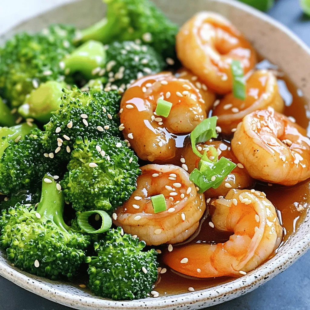 - 1 pound large shrimp, peeled and deveined - 2 cups broccoli florets - 3 tablespoons honey - 3 tablespoons soy sauce - 2 cloves garlic, minced - 1 teaspoon fresh ginger, grated - 2 tablespoons olive oil - 1 tablespoon cornstarch - 2 tablespoons water - 1 teaspoon sesame seeds (for garnish) - 2 green onions, sliced (for garnish) - Salt and pepper to taste - You can swap shrimp for chicken, tofu, or scallops. - Use low-sodium soy sauce if you want less salt. - For sweeteners, maple syrup or agave work well instead of honey. These ingredients combine to create a sweet and savory dish. The shrimp offers a firm texture, while the broccoli adds color and crunch. Each element plays a role in balancing flavors. For more detailed cooking steps, check out the Full Recipe. 1. Whisking the sauce ingredients Start by taking a small bowl. Add honey, soy sauce, minced garlic, grated ginger, cornstarch, and water. Whisk these ingredients together until they are smooth. This sauce will give the dish its sweet and savory flavor. 2. Cooking the broccoli Heat 1 tablespoon of olive oil in a large skillet or wok over medium-high heat. Once the oil is hot, add the broccoli florets. Stir-fry them for about 3-4 minutes. They should look bright green and feel tender-crisp. Remove them from the skillet and set them aside. 1. Heating the oil and seasoning shrimp In the same skillet, add another tablespoon of olive oil. Now, add the shrimp. Season them with salt and pepper. This step will bring out their natural taste and enhance the dish. 2. Ensuring perfect shrimp texture Cook the shrimp for about 2-3 minutes on each side. They should turn pink and opaque when they are done. This will ensure they are juicy and tender. 1. Mixing in the honey garlic sauce Pour the honey garlic sauce over the cooked shrimp. Stir well to coat all the shrimp evenly. This ensures every bite is packed with flavor. 2. Finalizing with broccoli and serving suggestions Add the stir-fried broccoli back into the skillet. Mix everything together until it is well combined and heated through. For serving, place it on a plate or bowl. Drizzle extra sauce on top and garnish with sesame seeds and sliced green onions. Enjoy it with steamed rice or quinoa for a complete meal. For the full recipe, refer to the recipe section above. - Perfect shrimp cooking time: Cook shrimp for 2-3 minutes on each side. They should turn pink and opaque. Overcooking makes them tough. Keep an eye on them to get the right texture. - Ensuring broccoli retains its crunch: Stir-fry broccoli for 3-4 minutes until bright green. It should stay tender-crisp. Don't cook it too long, or it will become mushy. - Adding spice for heat: If you like heat, add red pepper flakes or a dash of hot sauce. This adds a nice kick without overpowering the sweet and savory flavors. Adjust to your spice level. - Adjusting sweetness level: If you prefer less sweetness, reduce honey by a tablespoon. You can also add a splash of vinegar for balance. Taste as you go to find your ideal mix. - Plating ideas: Serve shrimp and broccoli in a shallow bowl. Drizzle extra honey garlic sauce on top. This makes the dish look appetizing and adds more flavor. - Garnishes that elevate the dish: Use sesame seeds and sliced green onions for garnish. They add color and texture. You can also add a wedge of lime for a fresh touch. {{image_2}} You can change this dish easily by adding different vegetables. Try bell peppers, snap peas, or carrots. These veggies add color and crunch. You can also use different proteins like chicken or tofu. Each option brings its own flavor and texture. Chicken works great with the honey garlic sauce. Tofu soaks up the sauce well, making it tasty and filling. Pair your honey garlic shrimp and broccoli with rice or noodles. White or brown rice complements the dish nicely. Noodles can make it feel more like a stir-fry. You can also serve it as part of a meal prep. Divide the shrimp and broccoli into containers for easy lunches. This way, you have a healthy meal ready to go. To make this meal gluten-free, switch to a gluten-free soy sauce. Many brands offer this option, and it tastes just as good. For vegan adaptations, replace shrimp with tofu or tempeh. Use maple syrup instead of honey for sweetness. These swaps keep the flavor while meeting your dietary needs. To store leftovers safely, let the dish cool first. Place the shrimp and broccoli in an airtight container. This keeps them fresh and prevents odors from spreading. You can store it in the fridge for up to three days. For best results, use glass or plastic containers with tight-fitting lids. These types help maintain flavor and moisture. Avoid using metal containers, as they might react with the sauce. Reheating honey garlic shrimp and broccoli is easy. The best method is to use a skillet. Heat a little oil over medium heat. Add the leftovers and stir gently. This helps keep the shrimp tender and the broccoli crisp. Heat for about 5-7 minutes. Stir often to prevent sticking or burning. You can also use a microwave if you’re in a hurry. Heat on medium for 1-2 minutes, stirring halfway through. Yes, you can freeze honey garlic shrimp and broccoli. Place it in a freezer-safe bag or container. Remove as much air as possible to prevent freezer burn. This meal can last up to three months in the freezer. When you’re ready to eat, thaw in the fridge overnight. For quick thawing, place the bag in cold water. Once thawed, reheat it using the skillet method to bring back its flavors. How long does it take to cook shrimp? Cooking shrimp takes about 4 to 6 minutes. You want them pink and opaque. Cook them for 2 to 3 minutes on each side. Be careful not to overcook shrimp. They can turn rubbery. Can I use frozen shrimp for this recipe? Yes, you can use frozen shrimp. Just make sure to thaw them first. You can leave them in the fridge overnight. If you’re in a hurry, run them under cold water. Pat them dry before cooking. What can I substitute for honey? If you need a substitute for honey, try maple syrup or agave. Both add sweetness and flavor. You can also use brown sugar mixed with water. Adjust based on your taste. Is soy sauce necessary for the recipe? Soy sauce adds saltiness and depth to the dish. If you need a substitute, use tamari for gluten-free. You can also use coconut aminos for a sweeter taste. If you skip it, add more salt. How can I make this dish spicier? To spice things up, add red pepper flakes or sriracha. You can also include diced jalapeños. Adjust the heat level based on your taste. Start slow, then add more if needed. What are the best side dishes to pair with honey garlic shrimp & broccoli? Serve this dish with steamed rice or quinoa. Both absorb the sauce well. You can also add a fresh salad or stir-fried noodles. For a light meal, pair with a simple cucumber salad. For more detailed guidance, check the [Full Recipe](#). This blog post covered the key ingredients and steps to make honey garlic shrimp and broccoli. You learned about cooking tips, variations, and how to store leftovers. Remember, cooking is about having fun and experimenting. Feel free to change up the ingredients and make it your own. Enjoy your meal with friends or family. With this easy dish, dinner will be a win every time. Happy cooking!