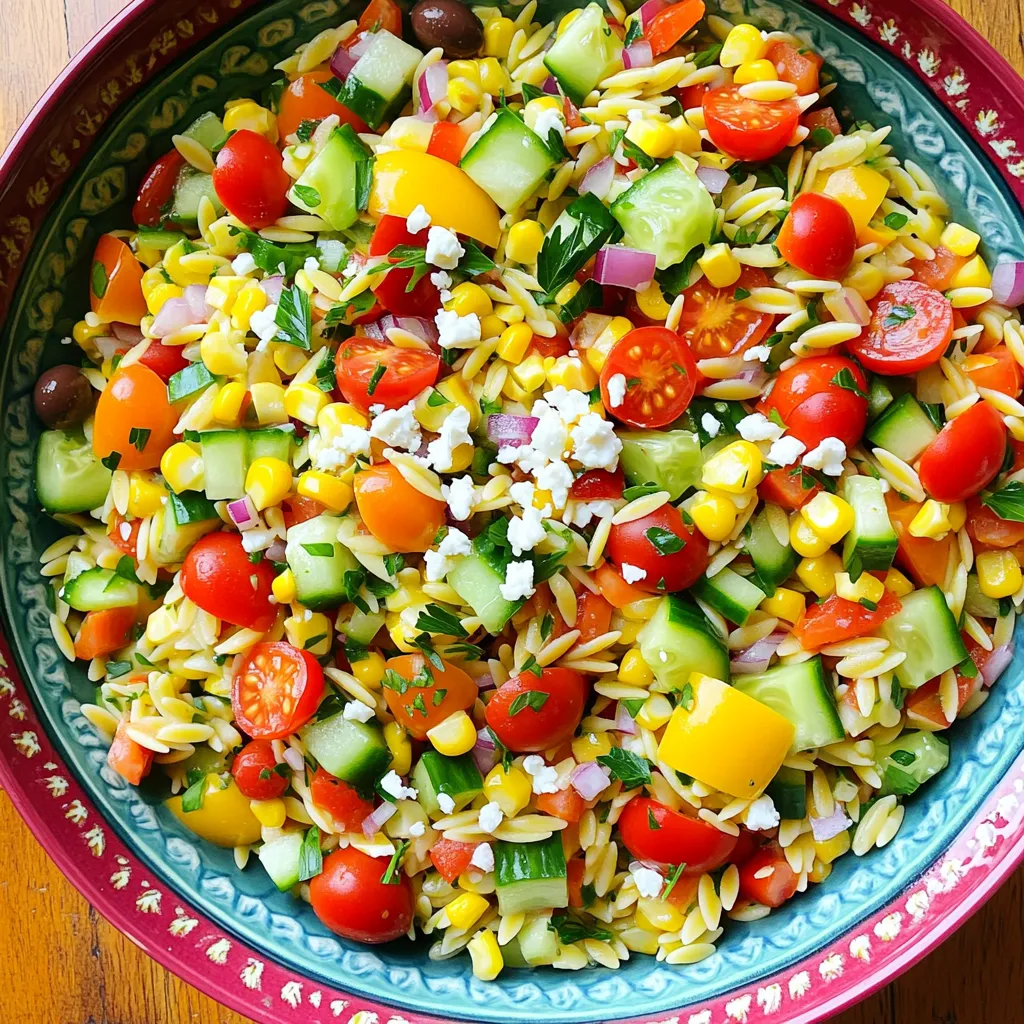 To create a vibrant Rainbow Orzo Salad, gather these key ingredients: - 1 cup orzo pasta - 1 cup cherry tomatoes, halved - 1 cup cucumber, diced - 1 bell pepper (any color), diced - 1 cup corn kernels (fresh or frozen) - 1/2 cup red onion, finely chopped - 1/4 cup Kalamata olives, sliced (optional) - 1/4 cup feta cheese, crumbled - 1/4 cup fresh parsley, chopped - 1/4 cup olive oil - 2 tablespoons lemon juice - 1 teaspoon honey - Salt and pepper to taste These ingredients bring color and flavor to the dish. The orzo pasta serves as a base, while the fresh vegetables add crunch. Each component plays a role in making the salad lively and delicious. You can customize your Rainbow Orzo Salad with these optional ingredients: - Avocado, diced - Spinach or arugula - Peas or green beans - Sun-dried tomatoes - Grilled chicken or shrimp for protein Feel free to mix and match. Adding different ingredients lets you create a salad that fits your taste. To make your Rainbow Orzo Salad, use these tools: - A large pot for boiling the orzo - A colander for draining the pasta - A large mixing bowl for combining ingredients - A whisk for making the dressing - A knife and cutting board for chopping veggies Having the right tools makes cooking easier. These items help you prepare your salad quickly and efficiently. For a detailed guide, check the Full Recipe. To start, fill a pot with water and add salt. Bring the water to a boil. Once boiling, add 1 cup of orzo pasta. Cook the orzo for about 8-10 minutes until it's al dente. Stir occasionally to avoid sticking. After cooking, drain the orzo in a colander. Rinse it under cold water to cool it down. This step helps keep the pasta firm and fresh. Next, grab your veggies. You will need 1 cup of cherry tomatoes, halved, and 1 cup of cucumber, diced. Dice one bell pepper of your choice. If you love sweetness, corn adds great flavor, so use 1 cup of corn kernels. Finely chop 1/2 cup of red onion. If you like olives, slice 1/4 cup of Kalamata olives. These colorful veggies will make your salad vibrant and fresh. In a large mixing bowl, combine the cooked orzo, cherry tomatoes, cucumber, bell pepper, corn, red onion, and olives if you chose to add them. In a small bowl, whisk together 1/4 cup of olive oil, 2 tablespoons of lemon juice, 1 teaspoon of honey, salt, and pepper to taste. Pour this dressing over the salad mix. Toss gently to coat all the ingredients well. Finally, add 1/4 cup of crumbled feta cheese and 1/4 cup of chopped parsley. Toss again but be careful not to break the feta. Let the salad sit for at least 15 minutes before serving. This waiting time lets the flavors mix beautifully. For the full recipe, check the details above. To get the best texture in your salad, use al dente orzo. This means it should be firm when you bite into it. Cooking it just right makes a big difference. Rinse the orzo in cold water after cooking. This cools it down and stops the cooking. It also helps the orzo stay separate and not clump together. Herbs and spices add great taste to your Rainbow Orzo Salad. Fresh parsley is a must. It gives a bright flavor and adds color. You can also try adding basil or mint for a twist. A sprinkle of garlic powder or onion powder can boost flavor too. You want a balance of tastes, so don’t go overboard. Start with small amounts and taste as you go. Presentation matters when serving your salad. Use a large, colorful bowl to show off the vibrant ingredients. You can layer the salad in mason jars for individual servings. This way, each jar is a mini masterpiece. Top the salad with extra feta cheese and a sprinkle of parsley. This makes it look fresh and inviting. For added flair, you can serve it with lemon wedges on the side. For the complete recipe, check out the Full Recipe section. {{image_2}} You can change this salad with the seasons. In spring, add peas or asparagus. In summer, use ripe tomatoes and fresh herbs. Fall brings squash or roasted Brussels sprouts. In winter, try roasted root vegetables like carrots or beets. Each season inspires new flavors. This keeps the dish fresh and fun. If you have allergies or special diets, you can swap ingredients easily. For a gluten-free version, use gluten-free orzo or another gluten-free grain. If you avoid dairy, skip the feta or use a dairy-free cheese. You can also replace honey with maple syrup for a vegan option. Tailoring the salad makes it suit your needs. To make this salad more filling, add protein. Grilled chicken or shrimp work well. For a vegetarian option, add chickpeas or black beans. Tofu or tempeh are great for vegans. These proteins boost nutrition and make the salad a complete meal. Enjoy the flavor and texture they bring. For the complete recipe, check out the [Full Recipe]. To keep your Rainbow Orzo Salad fresh, store it in an airtight container. This keeps moisture in and air out. Make sure to cool the salad to room temperature before sealing. This helps prevent sogginess. You can layer the salad in the container. Place heavier items like tomatoes on the bottom. This way, they won't crush lighter ingredients like feta. You can enjoy this salad cold or at room temperature. If you prefer it warm, gently reheat it in a pan over low heat. Add a splash of olive oil to keep it moist. Stir it well to ensure even heating. If you want to serve it cold, simply take it out of the fridge and enjoy. The flavors will taste great even after a few hours. Your Rainbow Orzo Salad will last about three days in the fridge. After that, the veggies may lose their crunch. Always check for any off smells or changes in texture. If it looks or smells bad, toss it out. For longer storage, consider freezing the salad. However, some ingredients may change texture after thawing. For the best taste, enjoy it fresh! Yes, you can make Rainbow Orzo Salad ahead of time. It tastes great after chilling in the fridge. Prepare the salad a few hours before serving. If you want it fresher, make it the night before. Just keep it in an airtight container. The salad stays fresh for about three days in the fridge. After that, the veggies may lose crunch. The flavors also blend better after sitting. If you notice any wilted veggies, it’s best to toss those out. Always check for freshness before eating. Rainbow Orzo Salad pairs well with many foods. You can serve it with grilled chicken or fish. It also goes great with a slice of crusty bread. For a light meal, enjoy it with a side of soup. The salad adds color and fun to any plate. You learned how to make a tasty Rainbow Orzo Salad. We covered key ingredients, step-by-step instructions, and tips to boost flavor. You can customize it in many ways to fit your taste. Storing leftovers is easy, too. Just follow the tips for freshness. Enjoy making this salad at home. It’s fun, colorful, and full of great taste!