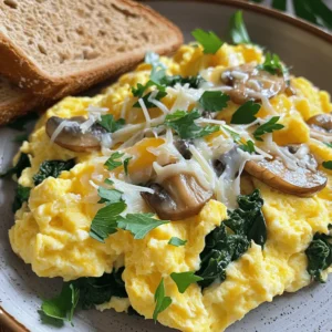 - 4 large eggs - 1 cup fresh spinach, chopped - 1 cup mushrooms, sliced (any variety, like button or cremini) - 1/4 cup milk (or plant-based alternative) - 1 tablespoon olive oil or butter - 1/4 teaspoon garlic powder - Salt and pepper to taste - Grated cheese (optional, for topping) Plant-based milk alternatives: You can use almond, soy, or oat milk instead of regular milk. This change adds a different flavor while keeping it creamy. Types of mushrooms to use: Button mushrooms are common, but shiitake or portobello can bring a richer taste. Feel free to mix different types for a fun twist. Cheese options for different flavors: If you want a bold flavor, try feta or goat cheese. For a creamier option, use cheddar or mozzarella. Each cheese will change the dish's taste. The ingredients above form the base for a delightful Mushroom-Spinach Scrambled Eggs dish. You can find the full recipe for more detailed cooking steps that will make your meal easy and enjoyable. Start by cracking 4 large eggs into a bowl. Add 1/4 cup of milk and 1/4 teaspoon of garlic powder. Season with salt and pepper. Whisk it all together until it is well mixed and slightly frothy. This helps make the eggs light and fluffy. You can use any kind of milk you like, even plant-based options like almond or oat milk. Next, heat 1 tablespoon of olive oil or butter in a non-stick skillet over medium heat. Once hot, add 1 cup of sliced mushrooms. Sauté these for about 3-4 minutes. You want them to turn golden brown and lose their moisture. This adds great flavor to your dish. After that, toss in 1 cup of chopped spinach. Cook for another 1-2 minutes until the spinach wilts. This step makes the veggies tender and tasty. Now, pour the egg mixture into the skillet. Let it spread evenly over the mushrooms and spinach. As the edges start to set, gently stir the eggs with a spatula. Fold the mushrooms and spinach into the eggs. Keep cooking for about 3-5 minutes, until the eggs are scrambled to your liking. If you want, sprinkle some grated cheese on top right when you remove it from heat. This will melt nicely and add extra flavor. For the full recipe, check out the Mushroom-Spinach Scrambled Eggs section. To get soft scrambled eggs, cook on low heat. Stir gently to keep them fluffy. If you want firmer eggs, raise the heat slightly, but watch closely. Avoid overcooking by pulling the pan off heat when they look slightly underdone. They will keep cooking off the heat. Herbs can brighten up your dish. Try adding fresh chives, parsley, or basil. They add great flavor and color. You can also sprinkle in some paprika or black pepper for a kick. For cheese, options like feta or goat cheese add creaminess. Grated cheddar gives a rich taste, too. Serve your scrambled eggs on a warm plate. Add a sprinkle of fresh herbs on top for color. A side of toasted whole-grain bread pairs well. For extra crunch, add some sliced avocado or fresh tomatoes. This makes your meal look pretty and adds healthy fats. For the full recipe, check out the details above. {{image_2}} You can mix it up with your favorite veggies. Bell peppers add crunch and sweetness. Onions give a nice flavor boost. Try zucchini or tomatoes for more color and taste. Each veggie brings its own charm to the dish. You can even add herbs like basil or cilantro for extra freshness. Want to change how you cook it? You can bake your scrambled eggs in the oven. Just whisk the eggs and veggies together. Pour the mix into a greased baking dish. Bake at 350°F for about 15-20 minutes. This method gives you a fluffy texture. In a hurry? Use the microwave! Combine the eggs, milk, and veggies in a microwave-safe bowl. Cook in short bursts of 30 seconds, stirring in between. It’s quick and easy! You can adapt this dish to fit your diet. For a gluten-free version, make sure your ingredients are gluten-free. Most veggies and eggs are safe to use. If you want to go dairy-free, swap the milk for almond or oat milk. You can skip the cheese or use a dairy-free option. This way, you can enjoy your meal without worry. For the full recipe, check out the earlier section. To keep your Mushroom-Spinach Scrambled Eggs fresh, store them in an airtight container. Make sure to cool the eggs to room temperature before sealing the container. Place the eggs in the fridge. They should stay good for up to three days. When you reheat scrambled eggs, do it gently. Use a microwave-safe dish and cover it with a microwave-safe lid or a damp paper towel. Heat in short bursts of 30 seconds, stirring in between. This keeps the eggs moist and prevents them from becoming rubbery. Can you freeze Mushroom-Spinach Scrambled Eggs? Yes, you can! Freezing is a great way to save leftovers for later. To freeze, let the scrambled eggs cool completely. Then, transfer them to a freezer-safe bag or container. Make sure to remove as much air as possible before sealing. You can freeze them for up to two months. When you are ready to eat, thaw the eggs overnight in the fridge. Reheat them gently in a skillet over low heat or in the microwave. Just remember to stir often for even heating. To make your scrambled eggs fluffier, try these tips: - Whisk well: Use a fork or whisk to mix eggs and air. - Add milk: A splash of milk or cream helps create a soft texture. - Cook on low heat: Slow cooking allows eggs to puff up gently. - Stir gently: Use a spatula to fold and stir without breaking the eggs too much. By incorporating air, you create a light and fluffy dish that feels special. Yes, you can make Mushroom-Spinach Scrambled Eggs ahead of time! Here are the best practices: - Prepare the veggies: Sauté mushrooms and spinach in advance. - Store separately: Keep the cooked eggs and veggies in separate containers. - Reheat gently: When ready to serve, warm them on low heat to avoid overcooking. This meal can save you time on busy mornings, making breakfast easy. A non-stick skillet works best for scrambling eggs. It helps prevent sticking and allows for easy flipping. Here are some tips: - Size matters: Choose a pan that fits your egg quantity. - Material counts: A heavy-bottomed pan distributes heat evenly. - Avoid metal utensils: Use silicone or wooden spatulas to protect the surface. With the right pan, you'll achieve that perfect scramble every time. To tell if scrambled eggs are done, watch for these signs: - Color change: They should go from bright yellow to a pale yellow. - Texture: The eggs should look soft and slightly glossy. - Gentle curds: You want soft curds, not dry bits. Remove them from heat just before they look fully cooked. They will continue to cook off the heat, giving you a perfect result. For the Full Recipe, check the earlier section. You learned how to make tasty Mushroom-Spinach Scrambled Eggs. We covered ingredients, cooking steps, and tips for the best results. With simple swaps, you can customize the dish to fit your taste. You can try different veggies, cooking methods, or dietary needs. Remember, practice makes perfect, so don’t be afraid to experiment. Enjoy your delicious meal and feel good about what you made!