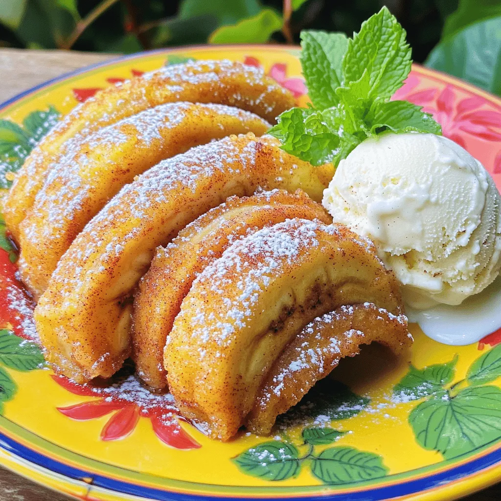 To make fried cinnamon bananas, you need simple ingredients. Here’s what you'll need: - 3 ripe bananas, sliced into 1/2-inch thick rounds - 1/4 cup all-purpose flour - 1/4 cup cornmeal - 1 tablespoon granulated sugar - 1 teaspoon ground cinnamon - 1/4 teaspoon salt - 1/2 cup milk (or plant-based milk) - 1/4 cup vegetable oil (for frying) - Optional: powdered sugar for dusting These ingredients combine to create a sweet, crunchy treat. The bananas should be ripe for the best flavor. The flour and cornmeal mix gives the bananas a crispy coating. You can use regular milk or plant-based milk based on your preference. Don't forget the optional powdered sugar for an extra sweet touch! For the full recipe, check out the complete instructions. - First, whisk together the flour, cornmeal, sugar, cinnamon, and salt in a bowl. - Next, pour in the milk slowly, mixing until the batter is smooth and thick. - Heat the vegetable oil in a large skillet over medium heat. - Dip each banana slice into the batter, coating it well. - Carefully place the slices into the hot oil, frying in small batches. - Cook for 2-3 minutes on each side, until they turn golden brown and crispy. - Use a slotted spoon to remove the bananas and let them drain on paper towels. - While they are warm, sprinkle cinnamon sugar over the fried bananas. - Optionally, dust them with powdered sugar for an extra sweet touch. For the full recipe, check the details above. Enjoy your delicious fried cinnamon bananas! To make the best fried cinnamon bananas, follow these tips: - Ensure oil is at the right temperature: Heat your oil to medium heat. A simple test is to drop a small spoonful of batter in. If it sizzles, you’re good to go! - Use ripe but firm bananas for best results: Choose bananas that are yellow with a few brown spots. They should be soft but not mushy. - Cooking time for optimal crispiness: Fry each banana slice for 2-3 minutes on each side. Look for a golden brown color, which means they are ready. Get creative with how you serve these treats: - Pair with vanilla ice cream or whipped cream: The cold creaminess balances the warm, crispy bananas. It’s a match made in heaven! - Garnish ideas for an attractive presentation: Consider adding fresh mint leaves or a sprinkle of powdered sugar. It adds a nice touch and looks beautiful on the plate. Want to make your fried cinnamon bananas a bit healthier? Check these options: - Using whole wheat flour for added nutrition: Whole wheat flour gives a nutty flavor. It also adds more fiber to your dish. - Plant-based milk options: You can use almond milk or oat milk instead of regular milk. They work well and keep the recipe dairy-free. {{image_2}} You can easily change up the flavor of your fried cinnamon bananas. A drizzle of maple syrup or honey adds a tasty sweetness. Both options enhance the rich flavor and make each bite more special. You might also try adding nutmeg or ginger for a spicy twist. These spices can give your dessert extra warmth and depth. The beauty of this treat is how you can customize it to fit your taste! Coatings can take your fried bananas to the next level. Try using crushed nuts for a crunchy texture. Walnuts or almonds work great for this. They add a nice crunch and nutty flavor that pairs well with the bananas. You can also experiment with coconut flakes for a tropical twist. The coconut adds a sweet flavor and chewy texture, making your dessert more exciting. If you want to switch things up, you can use different fruits. Fried apples or pears can make a delicious substitute for bananas. Their flavors blend well with cinnamon, creating a tasty treat. For those who want to skip bananas altogether, try fritters made with other fruits like peaches or berries. This opens up many new flavors and keeps your dessert fun and fresh. For the full recipe, be sure to check the earlier section! To keep your fried cinnamon bananas fresh, store them in an airtight container. This will help maintain their flavor and texture. Place them in the fridge if you do not eat them right away. They taste best when enjoyed fresh, but you can keep them for a day or two. When reheating, you want to keep them crispy. The best way is to use a stovetop. Heat a skillet over medium heat and place the bananas in it. Cook for a few minutes on each side until they are warm and crisp again. You can also use a microwave, but this may make them soggy. If you must, heat them for a short time. Check often to avoid overcooking. To make fried cinnamon bananas gluten-free, swap the all-purpose flour for a gluten-free blend. Look for a mix that contains rice flour or almond flour. For the cornmeal, check that it's labeled gluten-free. This will keep your dish light and crispy while making it safe for those with gluten sensitivities. You can use frozen bananas, but the texture changes. Frozen bananas become mushy when thawed. This can make the fried bananas less crisp and more soft. If you choose frozen, let them thaw fully before slicing. This helps with the batter sticking better. Serve fried cinnamon bananas on a bright plate. Pair them with a scoop of vanilla ice cream or whipped cream. This adds a creamy contrast to the warm, crispy bananas. For a finishing touch, sprinkle with fresh mint leaves or extra cinnamon sugar for a pop of color and flavor. Fried cinnamon bananas taste best fresh. If you have leftovers, store them in an airtight container. They last about 1-2 days in the fridge. To keep the bananas crispy, reheat them in a skillet instead of the microwave. This helps maintain their crunch. Fried cinnamon bananas are a delicious treat that anyone can make. We covered the ingredients and step-by-step instructions to fry them perfectly. Adding tips on serving and variations makes this dish even better. Remember, you can try different fruits or make it gluten-free! Enjoy these crispy, sweet bites anytime. They’re great for sharing, or just for you!