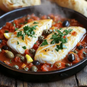 - 2 white fish fillets (such as cod or tilapia) - 2 tablespoons olive oil - 3 cloves garlic, minced - 1 small red onion, finely chopped - 1 can (14 oz) diced tomatoes - 1/4 cup pitted kalamata olives, halved - 2 tablespoons capers, drained - 1 teaspoon red pepper flakes (adjust to taste) - 1 tablespoon fresh parsley, chopped (plus more for garnish) - Salt and pepper to taste - Zest of 1 lemon Fish Puttanesca is a lively dish, packed with flavor. The white fish fillets serve as a perfect base. I love using cod or tilapia because they are mild and flaky. The olive oil adds richness, while the garlic and onion bring depth. Diced tomatoes offer a fresh taste, and kalamata olives add a briny touch. Capers give a nice tang. The red pepper flakes can add heat, or you can skip them if you want a milder dish. - Additional herbs and spices - Alternative fish types - Suggested garnishes You can make this dish your own by adding different herbs or spices. Try adding basil or oregano for extra flavor. If you want to switch up the fish, salmon or snapper also works well. Garnishes like extra parsley or a sprinkle of parmesan can elevate the dish. - Skillet or frying pan - Sharp knife and chopping board - Measuring cups and spoons Having the right tools makes cooking easier. A skillet or frying pan is best for cooking the fish and sauce together. A sharp knife and chopping board help you prep your ingredients quickly. Measuring cups and spoons ensure you get the right amounts for each ingredient. Once you gather your ingredients and tools, you’re ready to create a delightful meal. Don't forget to check out the Full Recipe for step-by-step guidance! Start by patting the fish fillets dry. This helps the fish get a nice texture. Next, season both sides with salt, pepper, and lemon zest. The lemon zest adds a bright flavor, making the fish taste fresh and lively. In a large skillet, heat olive oil over medium heat. Once hot, add minced garlic and chopped onion. Sauté until the onion turns translucent, which takes about 3-4 minutes. This step builds a strong base of flavor for your dish. Now, it’s time to make the sauce. Add the can of diced tomatoes, olives, and capers to the skillet. Stir everything together well. Bring the sauce to a gentle simmer. Let it cook for about 5-7 minutes. This lets all the flavors blend together nicely. Gently nestle the seasoned fish fillets into the sauce. Spoon a bit of sauce over the fish to keep it moist. Cover the skillet and cook for 8-10 minutes. Check the doneness by using a fork. The fish should flake easily when done. Before serving, stir in the chopped parsley. Taste the sauce and adjust seasonings if needed. If you like, add more lemon zest to brighten up the flavors. For a pretty finish, garnish with extra parsley and serve with crusty bread or over cooked couscous. For a full list of ingredients and detailed steps, check out the Full Recipe. Adjusting red pepper flakes can change your dish's heat. Start with a teaspoon for a mild kick. If you like more heat, add more. Taste the sauce as it cooks to find your perfect balance. To enhance the sauce, you can add a splash of balsamic vinegar. This gives a nice depth to the flavor. Fresh herbs, like basil or oregano, can also add brightness. Stir them in at the end for a fresh taste. To check if your fish is done, use a fork. Gently flake the fish. If it flakes easily, it is ready. If it feels tough, it needs more time. Avoid overcooking by keeping an eye on the time. Fish cooks quickly in the sauce. Aim for 8-10 minutes, depending on thickness. Remember, the fish will continue to cook a little after you take it off the heat. Pair Fish Puttanesca with crusty bread or cooked grains. Couscous or quinoa work well to soak up the sauce. These sides add texture and make the meal more filling. For wine, a crisp white like Sauvignon Blanc complements the dish nicely. It balances the rich flavors of the sauce. A light red, such as Pinot Noir, can also work if you prefer red wine. For the Full Recipe, check out the complete guide to making this delightful dish! {{image_2}} You can change the fish in the recipe. Cod and tilapia are great, but you can try others. Here are some good choices: - Haddock: This fish is mild and flaky. It works well in the sauce. - Mahi-Mahi: This fish has a firmer texture. It adds a nice bite. - Salmon: It offers a rich flavor. Its oiliness pairs well with the sauce. You can also use a seafood medley. This mix can bring a variety of flavors and textures to the dish. Look for shrimp or scallops for a fun twist. If you want a meat-free meal, you can swap fish for veggies or tofu. Here are some ideas: - Zucchini and Eggplant: These veggies soak up the sauce well. They add nice texture. - Tofu: Firm tofu works best. Cut it into cubes and sauté it until golden. Adjust the cooking time for these options. Cook veggies until tender, about 5-7 minutes. For tofu, aim for golden edges before adding the sauce. Using fresh herbs and veggies can elevate your dish. Here’s how to make it special: - Fresh Basil: Add it at the end for a burst of flavor. - Seasonal Veggies: Use bell peppers or spinach. They add color and nutrients. You can also get creative. Try adding a splash of white wine to the sauce. A squeeze of orange juice can add a bright twist. These ideas let you personalize the dish to your taste. Enjoy making this Fish Puttanesca your own! You can find the Full Recipe linked above for all the details. To keep your Fish Puttanesca fresh, cool it down first. Let it sit at room temperature for no more than two hours. Once cooled, place it in an airtight container. This helps keep the flavors strong. I like to use glass containers for easy reheating. They don't absorb smells, and they’re safe in the oven or microwave. When you’re ready to eat your leftovers, use low heat. The best method is to reheat in a skillet. Add a bit of water or broth to keep it moist. Cover the skillet to trap steam. This method warms it without losing texture or flavor. You can also use the microwave. Heat in short bursts, stirring in between. If you want to freeze Fish Puttanesca, use airtight freezer bags. Remove as much air as possible before sealing. This helps prevent freezer burn. I recommend dividing it into single servings. That way, you can thaw just what you need. To keep it fresh, eat it within three months for the best taste. Fish Puttanesca is a simple yet tasty dish. It features fish cooked in a rich sauce of tomatoes, olives, and capers. The dish comes from Italy, where it first appeared in Naples. The name "puttanesca" relates to the word for "prostitute," but the dish itself is a favorite among all diners. Its bold flavors make it fun and exciting to eat. Yes, you can use frozen fish for Fish Puttanesca. Just make sure to thaw it first. To thaw, place the fish in the fridge overnight or run it under cold water. Fresh fish will taste better, but thawed fish works well too. Just keep an eye on the cook time; it may need a bit longer if it's still cold in the middle. Fish Puttanesca lasts about 2 to 3 days in the fridge. Store it in an airtight container to keep it fresh. If you notice any strange smell or color, it's best to throw it out. Always ensure that your leftovers are cooled before putting them in the fridge. Fish Puttanesca pairs well with many sides. Here are some great options: - Crusty bread for dipping - Cooked couscous or quinoa - A simple green salad - Roasted vegetables - A glass of white wine, like Pinot Grigio For the complete method, check out the Full Recipe of Fish Puttanesca Delight . Fish Puttanesca is a delicious dish that blends simple ingredients for rich flavor. We covered the essentials, like choosing the right fish and perfecting the sauce. I shared tools needed, step-by-step guidance, and tips for great results. Remember, variations can keep recipes fresh and exciting. Now, it’s your turn to try making this dish. I hope you enjoy creating your own Fish Puttanesca masterpiece!