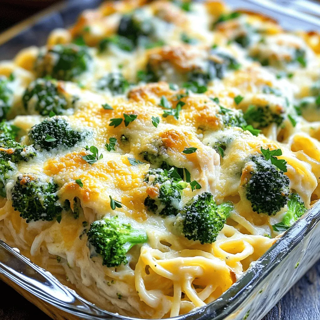 - 2 cups cooked chicken, shredded - 3 cups broccoli florets (fresh or frozen) - 10 oz fettuccine pasta - 2 cups Alfredo sauce (store-bought or homemade) - 1 cup shredded mozzarella cheese - 1/2 cup grated Parmesan cheese - 2 tablespoons olive oil - 2 cloves garlic, minced - 1 teaspoon Italian seasoning - Salt and pepper to taste - Fresh parsley for garnish To make Irresistible Chicken and Broccoli Alfredo Bake, gather these ingredients. Start with two cups of cooked chicken. You can use leftover chicken or rotisserie chicken. Next, get three cups of broccoli florets. Fresh or frozen both work well here. You will need ten ounces of fettuccine pasta. This noodle holds the sauce nicely. For the creamy part, use two cups of Alfredo sauce. You can buy it or make your own. For a cheesy finish, have one cup of shredded mozzarella cheese and half a cup of grated Parmesan cheese. The mozzarella melts wonderfully, while Parmesan adds a nice flavor. Add two tablespoons of olive oil to cook the garlic. Speaking of garlic, you’ll need two cloves, minced for that tasty aroma. For flavor, include one teaspoon of Italian seasoning and some salt and pepper to taste. Finally, don’t forget fresh parsley for garnish. It brightens up your dish and makes it look lovely. This blend of ingredients creates a comforting and delicious meal. For the complete recipe, check the Full Recipe section. 1. Oven Preheating First, set your oven to 375°F (190°C). This step warms the oven, ensuring even cooking. 2. Cooking Pasta Bring a large pot of salted water to a boil. Add 10 oz of fettuccine pasta and cook until al dente. This usually takes about 8-10 minutes. Drain the pasta and set it aside. 3. Mixing Ingredients In a large mixing bowl, combine the shredded chicken, broccoli florets, cooked fettuccine, and 2 cups of Alfredo sauce. Stir gently until everything is well-coated. This makes sure every bite is creamy and flavorful. 1. Transferring to Baking Dish Grease a 9x13 inch baking dish. Pour the chicken and broccoli mixture into the dish. Spread it evenly across the bottom. 2. Cheese Topping Sprinkle 1 cup of shredded mozzarella cheese and 1/2 cup of grated Parmesan cheese on top. This will create a delicious, cheesy crust as it bakes. 1. Recommended Baking Time Bake your dish in the preheated oven for about 25-30 minutes. This time allows the cheese to melt and bubble. 2. Temperature Settings Keep the oven at 375°F (190°C) during baking. This temperature is perfect for getting that golden brown cheese topping. For the full details on making this dish, check the Full Recipe. Achieving the Right Texture To get a great texture, cook the pasta just right. You want it al dente, which means it should be firm when you bite it. This helps the pasta hold up in the bake. Also, let the bake cool a bit after it comes out of the oven. This will help everything set nicely. Tips for Even Cooking Mix everything well before baking. Ensure the chicken, broccoli, and pasta are evenly coated with the Alfredo sauce. This helps each bite taste just as good. Arrange the mixture evenly in the baking dish. This way, it cooks evenly. Recommended Seasonings I love using Italian seasoning in this dish. It adds a nice flavor. You can also add salt and pepper to bring out the taste. Try adding a sprinkle of red pepper flakes if you like some heat. Optional Add-ins Feel free to get creative! You can add cooked mushrooms or bell peppers for more flavor. Spinach is also a tasty addition. These add-ins bring new textures and tastes to the bake. Plating Ideas Serve the bake in a large dish for a family-style meal. You can also scoop out individual portions onto plates. Add a sprinkle of fresh parsley on top for color. It makes the dish look nice and fresh. Side Dish Pairings I recommend a simple green salad on the side. It adds a nice crunch and freshness. Garlic bread also pairs well and makes a great combo with the creamy Alfredo. Enjoy your meal! For the complete cooking instructions, check the Full Recipe. {{image_2}} Chicken Alternatives You can swap chicken for turkey or cooked shrimp. Both meats add great flavor. If you want a lighter option, try using shredded rotisserie chicken. It saves time and still tastes great. Vegetable Substitutions Feel free to change the broccoli. You can use spinach, peas, or bell peppers. These veggies work well and add color. Just make sure they are cooked before mixing them in. Gluten-Free Options To make this dish gluten-free, use gluten-free pasta. Many brands offer tasty options that cook just like regular pasta. Check for gluten-free Alfredo sauce or make your own with cream and cheese. Vegetarian Adaptations For a vegetarian version, skip the chicken and add more veggies. Mushrooms or zucchini make great substitutes. You can also use plant-based cheese for a creamy texture. Adding Spice You can spice things up by adding red pepper flakes or cayenne pepper. This gives the dish a nice kick. If you prefer milder flavors, stick to Italian seasoning. Different Sauces Try using a different sauce, like a pesto or a white sauce. These will change the taste but keep it creamy. You can also mix Alfredo with a little tomato sauce for a unique twist. Feel free to explore these variations for your Irresistible Chicken and Broccoli Alfredo Bake to make it your own! You’ll find that cooking is all about fun and creativity. Refrigeration Tips After cooking, let the Chicken and Broccoli Alfredo Bake cool. Then, cover it tightly with plastic wrap or foil. Store it in the fridge for up to 3 days. If you need it to last longer, consider freezing it. Freezing Instructions To freeze, place the cooled dish in an airtight container. You can also wrap it in plastic wrap. Be sure to label it with the date. It can stay frozen for up to 3 months. When ready to eat, thaw it overnight in the fridge before reheating. Best Methods for Reheating The best way to reheat is in the oven. Preheat your oven to 350°F (175°C). Place the bake in a baking dish and cover it with foil. Heat for about 20-25 minutes. If you want a crispy top, remove the foil for the last 5 minutes. Keeping It Fresh If you're using a microwave, put it in a microwave-safe dish. Heat in short intervals, stirring in between. This helps keep it from drying out. Adding a splash of water can help too. How Long It Lasts In the fridge, the Chicken and Broccoli Alfredo Bake lasts 3 days. In the freezer, it stays good for about 3 months. For the best taste and texture, eat it within these time frames. Enjoy it at its best by following these storage tips! Can I use frozen broccoli? Yes, you can use frozen broccoli. It cooks well in this dish. Just make sure to thaw it first and drain any extra water. How to make homemade Alfredo sauce? To make homemade Alfredo sauce, melt butter in a pan. Add minced garlic and cook for a minute. Next, stir in heavy cream and let it simmer. Finally, add grated Parmesan cheese. Stir until smooth and creamy. Can this be made ahead of time? Yes, you can make this dish ahead of time. Assemble it and cover it tightly. Store it in the fridge for up to 24 hours. Can I substitute the pasta? You can substitute the pasta. Try using whole wheat or gluten-free pasta. Just adjust the cooking time as needed. What can I use instead of mozzarella cheese? If you don't have mozzarella, use provolone or cheddar cheese. Both melt well and add great flavor. How do I know when it's done? Check for a bubbly and golden top. The cheese should be melted and slightly browned. A fork should easily pierce through the pasta. Is it necessary to cover the dish while baking? No, you do not need to cover the dish. Leaving it uncovered helps the cheese brown nicely on top. This blog post guides you through making a tasty chicken and broccoli bake. You learned about essential ingredients like chicken, broccoli, and pasta. Following the step-by-step instructions can help you create a lovely meal. We discussed tips for enhancing flavor and ways to store leftovers. You can also explore variations to keep the dish fresh and exciting. In the end, cooking should be fun and easy. Enjoy your delicious dish, and remember, the best meals come from your own kitchen!