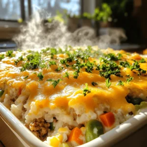 - 1 lb ground beef - 1 cup uncooked white rice - 2 cups beef broth - 1 cup sharp cheddar cheese, shredded - 1 cup frozen mixed vegetables (peas, carrots, corn) - 1 medium onion, chopped - 2 cloves garlic, minced - 1 teaspoon paprika - 1 teaspoon dried thyme - ½ teaspoon black pepper - ½ teaspoon salt - 2 tablespoons olive oil - ½ cup milk - Fresh parsley, chopped (for garnish) Each ingredient plays a key role in making this dish rich and tasty. The ground beef gives it a hearty base. The rice soaks up the flavors, making every bite delightful. The cheddar cheese forms a tasty crust on top, adding creaminess. Mixed vegetables bring color and nutrition to the plate. The spices and seasonings elevate the dish. Paprika adds warmth, while thyme brings a fresh taste. Black pepper and salt enhance all the flavors. Olive oil helps sauté the onions and garlic, creating a delicious aroma. Milk adds creaminess to the filling, making it extra comforting. For the full recipe, you can check the details above. Happy cooking! - Preheat your oven to 350°F (175°C). - Heat olive oil in a skillet and sauté onion and garlic until translucent. This takes about five minutes. You want the onion to become soft and clear. - Add ground beef, breaking it apart with your spatula. Cook until browned, which should take six to eight minutes. If you see a lot of fat, drain it to keep your dish light. - Stir in rice, beef broth, mixed vegetables, paprika, thyme, black pepper, and salt. Bring this mixture to a boil. After it boils, reduce the heat, cover, and let it simmer. This will take about 18 to 20 minutes. You want the rice to be tender and to soak up most of the liquid. - Once cooked, remove the skillet from heat. Mix in the milk for creaminess. This step adds a nice touch to your dish. Then transfer everything to a greased baking dish. Top it off with cheddar cheese for that delicious crust. - Bake for 20-25 minutes until cheese is bubbly and golden brown. The smell will be amazing! Let it cool for about five minutes before serving. Garnish with fresh parsley for a pop of color. This adds a fresh taste too. For the complete recipe, check the [Full Recipe]. To avoid a dry casserole, use the right amount of broth. The beef broth keeps the rice moist. You can also mix in some milk at the end for creaminess. Be sure to let the casserole cool slightly before serving. This helps the layers set and keeps everything juicy. For perfect cheese melting, use fresh, shredded cheddar. Sprinkle it on top just before baking. The cheese will melt, bubble, and give that golden crust you want. Keep an eye on it while baking, so it doesn’t burn. I recommend a heavy skillet for even browning of the beef. A cast-iron skillet works great. It heats evenly and helps get that nice brown color on the meat. After browning, drain the excess fat for a lighter dish. For simmering rice, cover the pot tightly. This keeps steam in and helps the rice cook fully. Let it simmer on low heat. Check it after 18 minutes to see if it needs more time. Perfectly cooked rice is key to a great casserole. Pair your casserole with a fresh salad or warm bread. A crisp green salad adds a nice crunch. Garlic bread also complements the dish well, bringing out the flavors. For sides, think about roasted veggies or a simple coleslaw. These sides balance the rich flavors of the casserole. They add color and freshness to your meal. {{image_2}} You can easily change this recipe to fit your taste. Try using turkey or chicken instead of ground beef. These meats are leaner and still tasty. For a plant-based option, choose lentils or a meat substitute. Cheese is another great area to experiment. If you want a milder flavor, use mozzarella or Monterey Jack. For a stronger taste, consider using blue cheese or pepper jack. Want to spice things up? Add some chili powder or cayenne pepper for heat. A dash of cumin can add warmth too. These spices will give your casserole a new twist. Fresh herbs can boost flavor as well. Try adding chopped basil, cilantro, or parsley. They add freshness and a burst of color. If you need a vegetarian version, replace the beef with mushrooms and beans. You can still keep the rice and cheese for a hearty meal. For gluten-free options, swap the regular rice for brown rice or quinoa. These grains will keep it gluten-free while still being filling. For the full recipe, check out the details above. To store leftovers, let the casserole cool first. Place it in an airtight container. You can also cover it tightly with plastic wrap. Use containers that seal well to keep moisture in. Glass or BPA-free plastic containers work great. To freeze the casserole, let it cool completely. Cut it into portions for easy thawing. Wrap each piece tightly in plastic wrap, then place in a freezer bag. This helps prevent freezer burn. When you’re ready to eat, thaw it overnight in the fridge. Reheat in the oven at 350°F until warmed through. In the fridge, the casserole lasts about 3 to 4 days. If you freeze it, it can last up to 3 months. Signs your casserole has gone bad include a sour smell, mold, or changes in color. If you notice any of these, it’s best to throw it away. For the full recipe, check out the section above. How to make Cheddar-Crusted Ground Beef and Rice Casserole from scratch? Making this casserole from scratch is easy. Start by cooking ground beef with onion and garlic. Once browned, add rice, beef broth, and mixed veggies. Cook until the rice is done. Mix in milk, then put it in a baking dish. Top with cheddar cheese and bake until golden. Can I prepare this casserole ahead of time? Yes, you can prepare it ahead. Just follow all the steps until you bake it. Cover it tightly and store it in the fridge. When you're ready to eat, bake it straight from the fridge. You might need to add a few extra minutes to the baking time. What are the calories per serving? One serving of this casserole has about 450 calories. This can vary based on the beef and cheese you use. If you want a more accurate count, check the labels on your ingredients. Are there healthier modifications for this recipe? You can make this dish healthier by using lean ground beef or turkey. You can also swap regular cheese for low-fat cheese. Adding more vegetables can boost the nutrition without adding many calories. What if I don't have beef broth? If you don't have beef broth, use chicken broth or vegetable broth instead. Water can work too, but it will have less flavor. You can add a bit of soy sauce for extra taste. How do I adjust cooking time for larger portions? To adjust for larger portions, increase the cooking time slightly. Check the rice to make sure it is tender. If you double the recipe, cook it for about 10-15 minutes longer. Make sure the cheese is bubbly and golden. For the full recipe, check above! This blog post gives you a clear pathway to making a delicious cheddar-crusted ground beef and rice casserole. We covered the main and additional ingredients, plus spices to add flavor. The step-by-step instructions guide you from preheating the oven to enjoying the final dish. You also learned tips for making your casserole perfect and tasty variations to try. In the end, cooking should be fun and creative. Experiment with different ingredients and enjoy the rewards!