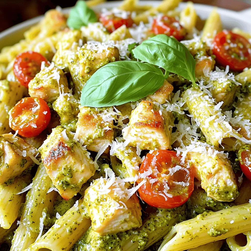 To make Creamy Chicken Pesto Pasta, gather these simple ingredients. Each one adds flavor and texture to your dish. - 2 cups penne pasta - 1 tablespoon olive oil - 2 boneless, skinless chicken breasts, cubed - Salt and pepper to taste - 1 cup cream cheese, softened - 1 cup heavy cream - 1 cup basil pesto (store-bought or homemade) - 1 cup cherry tomatoes, halved - 1/2 cup grated Parmesan cheese - Fresh basil leaves for garnish These ingredients come together to create a creamy and rich meal. The penne pasta holds the sauce well. Chicken adds protein and heartiness. Cream cheese and heavy cream make the sauce smooth and rich. Basil pesto brings a fresh herbal taste. Cherry tomatoes add a burst of sweetness. Parmesan cheese gives a nice salty kick. Fresh basil leaves brighten the dish. You can find the full recipe above to guide you through preparing this dish. Enjoy cooking! Start with 2 cups of penne pasta. Boil water in a big pot. Add a pinch of salt to the water. Cook the pasta until it's tender but still firm, about 8-10 minutes. Drain the pasta and set it aside. This step is key to a great dish. Take 2 boneless, skinless chicken breasts and cut them into cubes. Heat 1 tablespoon of olive oil in a large skillet over medium heat. Season the chicken with salt and pepper. Add the chicken to the skillet. Cook for 5-7 minutes, stirring often. The chicken should turn golden brown and cook through. Lower the heat and add 1 cup of softened cream cheese to the skillet. Stir it until it melts completely. Then, slowly pour in 1 cup of heavy cream. Keep stirring until the mixture is smooth. This creamy base is what makes the dish special. Next, add 1 cup of basil pesto. Stir for about 2 minutes until everything is heated. Now, you can gently fold in the cooked penne pasta. Add in 1 cup of halved cherry tomatoes too. Make sure the pasta is well coated in the creamy sauce. This is where the flavors blend together beautifully. Sprinkle 1/2 cup of grated Parmesan cheese over the top. Mix gently to combine everything. Cook for an additional 2-3 minutes on low heat. This helps all the flavors meld together. Serve hot, and don’t forget to garnish with fresh basil leaves. For the full recipe, check out the details above! When you pick pesto, think about flavor. You can use store-bought or make your own. Fresh basil pesto gives a bright taste. If you choose store-bought, look for a brand that uses quality ingredients. A good pesto should smell fresh and vibrant. Always taste it first. This helps you know how much to add. You want the flavor to shine in your dish. Want to make your dish pop? Add some extra ingredients! Sun-dried tomatoes bring a rich taste. Fresh spinach adds color and nutrients. Grilled zucchini or bell peppers add sweetness. You can also toss in some crushed red pepper for heat. These ingredients make your meal unique and fun. Mix and match based on your likes. Let your creativity flow while cooking! Texture matters in pasta. You want it creamy but not too thick. Start with quality cream cheese and heavy cream. They blend easily for a smooth sauce. After adding the pasta, stir gently. This keeps the penne intact. If the sauce feels too thick, add a splash of pasta water. This helps the sauce coat every piece. Aim for a balance that feels creamy but light on the palate. Enjoy the delightful mix of flavors and textures! {{image_2}} You can easily make this dish meat-free. Simply swap the chicken for veggies. Use mushrooms, bell peppers, or zucchini. These add great flavor and texture. You can also add extra spinach for a nutrient boost. Just sauté the vegetables in olive oil until tender. Then follow the same steps to make the creamy sauce. Your vegetarian creamy pesto pasta will taste amazing! While penne pasta works well, feel free to try other shapes. Fusilli or rotini can add fun twists. You can also use whole wheat or gluten-free pasta if needed. These options keep the taste delicious while fitting your diet. Just remember to cook them according to the package instructions. If you want to change up the protein, there are many choices. Shrimp or scallops can create a seafood twist. They cook quickly and add a nice flavor. You could also use tofu for a plant-based option. Just cube it and sauté until golden. Each protein brings a unique taste to the creamy chicken pesto pasta. For more ideas, check out the full recipe. You can store any leftover Creamy Chicken Pesto Pasta in the fridge. Place it in an airtight container. This way, it stays fresh for up to three days. When you're ready to eat, check for any changes in smell or texture before reheating. If you want to keep it longer, freezing is a great option. Portion the pasta into freezer-safe containers. Make sure to leave some space at the top for expansion. It can stay good in the freezer for up to two months. When you want to enjoy it again, thaw it in the fridge overnight. To reheat, you can use the microwave or the stove. If using the microwave, heat in short bursts, stirring in between. For the stove, add a splash of water or cream to avoid drying out. Heat it gently over low heat until warm. This keeps the creamy texture just right. Enjoy your delicious meal again! You can make Creamy Chicken Pesto Pasta ahead in a few easy steps. First, cook the pasta and chicken as usual. Then, make the sauce and mix everything together. Let it cool before storing it in an airtight container. When you're ready to eat, just reheat it on the stove or in the microwave. Adding a splash of cream can help keep it creamy. This method saves time during busy weeknights. Yes, you can use many pasta types. Penne works well, but feel free to use rotini, fettuccine, or even gluten-free pasta. The key is to cook it until al dente. This means the pasta should be firm to the bite. Different shapes may change the dish's look and texture but will taste just as good. If you want to swap out cream cheese, try mascarpone or Greek yogurt. These options keep the dish creamy and rich. You can also use ricotta cheese for a lighter texture. Adjust the amount to your taste. Each choice will add a unique flavor twist to the sauce. You can store Creamy Chicken Pesto Pasta in the fridge for about three days. Make sure to keep it in an airtight container. If you want to keep it longer, you can freeze it for up to three months. Just remember to let it cool completely before freezing. When you're ready to eat, defrost it in the fridge overnight before reheating. Pair your pasta with fresh salads or garlic bread. A simple green salad adds crunch and freshness. You can also serve roasted vegetables on the side for extra flavor. Another great option is a light soup, like minestrone. These sides complement the creamy pasta and add balance to your meal. Check out the Full Recipe for a delicious experience! This blog covered how to make Creamy Chicken Pesto Pasta from start to finish. We explored each ingredient and shared steps to create a rich sauce. I provided tips for flavor and texture, as well as variations for different diets. Storage info helps you keep it fresh for later. I hope you feel ready to try this dish. It’s simple, tasty, and perfect for any meal. Enjoy making it your own!