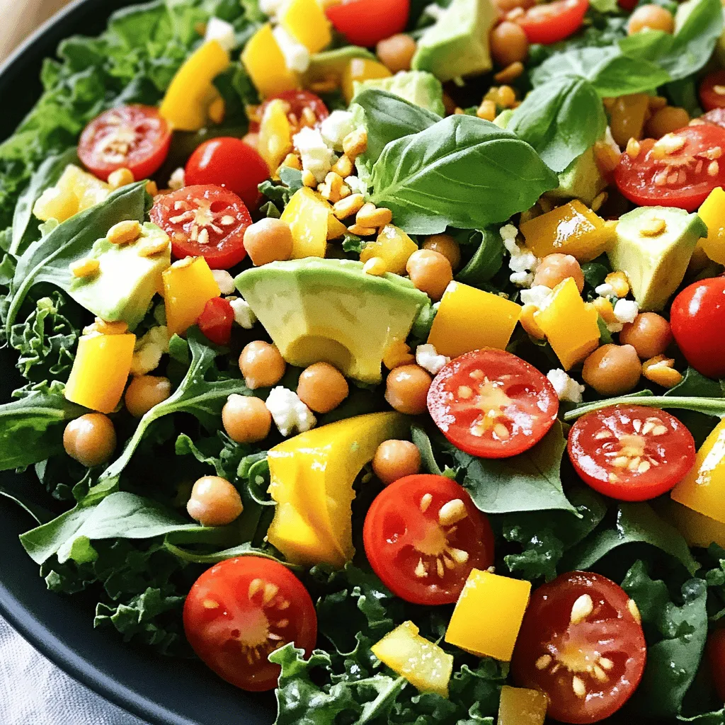 To make your sunshine salad, you will need: - 2 cups mixed salad greens (spinach, arugula, and kale) - 1 cup cherry tomatoes, halved - 1 yellow bell pepper, diced - 1 avocado, diced - 1/2 cup canned chickpeas, rinsed and drained - 1/4 cup roasted sunflower seeds - 1/4 cup feta cheese, crumbled (optional) - 2 tablespoons fresh lemon juice - 1 tablespoon olive oil - Salt and pepper to taste - Fresh basil leaves for garnish Each ingredient in the sunshine salad adds great nutrition: - Mixed Salad Greens: They are low in calories and packed with vitamins A, C, and K. They help keep your weight in check. - Cherry Tomatoes: These small gems boost your skin health. They are high in antioxidants and vitamin C, too. - Yellow Bell Pepper: This pepper adds sweetness and is high in vitamin A and C. It helps support your immune system. - Avocado: This creamy fruit has healthy fats that are good for your heart. It also has fiber, which aids digestion. - Chickpeas: These add protein and fiber. They help keep you full and are great for muscle health. - Roasted Sunflower Seeds: These tiny seeds are full of healthy fats, vitamins, and minerals. They help with heart health. - Feta Cheese: If you choose to add it, feta gives a creamy taste. It also adds calcium for strong bones. - Lemon Juice: This zesty juice adds flavor and vitamin C, which is good for your skin. - Olive Oil: A healthy fat that helps your heart. It also acts as a dressing base. - Salt and Pepper: These enhance the flavors. Use them wisely to keep your salad healthy. - Basil Leaves: Fresh basil adds flavor and also has antioxidants that help fight diseases. Not everyone has the same tastes or needs. Here are some swaps: - Mixed Greens: Use romaine or butter lettuce if you prefer. - Cherry Tomatoes: Any other tomatoes work well. Try grape or heirloom varieties. - Yellow Bell Pepper: Use red or green bell peppers for a different twist. - Avocado: For a creamy texture, use hummus instead. - Chickpeas: Black beans or kidney beans can be a good swap. - Sunflower Seeds: Try pumpkin seeds or chopped nuts for crunch. - Feta Cheese: Omit or use a vegan cheese for a dairy-free option. - Lemon Juice: Lime juice can give a nice twist. - Olive Oil: Any light oil, like avocado oil, can work. - Salt and Pepper: Use herbs or spices instead for flavor without salt. This recipe is a great chance to mix and match based on what you enjoy. You can find the full recipe in the earlier section. Start with a large salad bowl. Add two cups of mixed salad greens. I love using spinach, arugula, and kale. These greens add color and nutrition. Toss them gently to mix. This forms a fresh base for your sunshine salad. Next, it's time for the veggies! Add one cup of halved cherry tomatoes. Their sweetness brightens the dish. Then, dice one yellow bell pepper and add that too. It brings a nice crunch. Lastly, dice one avocado and gently place it on top. Its creaminess balances the salad. Now, let’s add some protein. Take half a cup of canned chickpeas. Rinse and drain them first. Sprinkle them evenly over the salad. This gives a hearty touch. Next, add a quarter cup of roasted sunflower seeds. They add a lovely crunch. If you like cheese, crumble a quarter cup of feta on top. It adds richness and flavor. For the dressing, mix two tablespoons of lemon juice and one tablespoon of olive oil in a small bowl. Add salt and pepper to taste. Drizzle this mixture over the salad. Use salad tongs to toss everything gently. Be careful not to squish the avocado. Finally, garnish with fresh basil leaves. They add a pop of flavor and color. Serve immediately for the best taste! For the full recipe, check the details above. When picking an avocado, look for a dark green color. It should feel slightly soft but not mushy. Press gently; if it gives a little, it's ripe. Avoid any avocados with dark spots or dents. These could mean the fruit is overripe or bad. Always check the stem area. If it's green, the avocado is fresh. If it's brown, skip it. If you have leftover salad, keep it fresh. Store it in an airtight container. This helps prevent wilting and sogginess. Keep the dressing separate until you’re ready to eat. This way, the greens stay crisp. You can store the salad in the fridge for up to two days. However, it’s best to eat it fresh. To change up the flavor, try different dressings. A honey mustard dressing adds a sweet kick. A balsamic vinaigrette gives a tangy taste. For a spicy twist, add a dash of sriracha to your lemon dressing. You can also mix in fresh herbs like dill or cilantro for more flavor. These options make your sunshine salad exciting each time! For the full recipe, check the details above. {{image_2}} Adding grains to your sunshine salad makes it hearty and filling. Quinoa or couscous works well. Quinoa is a great choice because it has protein and fiber. Couscous has a light and fluffy texture. You can cook it ahead of time and let it cool. Mix it into the salad with the greens and veggies. This twist turns your salad into a full meal. For a tropical vibe, add pineapple and coconut. Fresh pineapple gives your salad a sweet and juicy kick. Shredded coconut adds a nice crunch. Use fresh pineapple for the best flavor. Cut it into small pieces and toss it in. For coconut, unsweetened flakes work best. This variation brings a taste of the tropics to your plate. If you want a vegan option, skip the feta cheese. You can substitute it with avocado or a nut-based cheese. Avocado adds creaminess and healthy fats. Nut-based cheese gives a similar taste to feta. Make sure to adjust the dressing to keep it light. This vegan sunshine salad is just as tasty and colorful. For a full recipe, check out the Sunshine Salad recipe above. To keep your Sunshine Salad fresh, store the ingredients separately. Place the mixed salad greens in a loose bag or container. This helps them stay crisp. For the cherry tomatoes and bell pepper, use a small container. Keep the avocado in a separate, airtight container to prevent browning. Store the chickpeas in a sealed container, too. The sunflower seeds should stay in a cool, dry spot. If you use feta cheese, keep it in the fridge in its original container. To keep your Sunshine Salad fresh, follow these tips. First, dress the salad just before you eat it. This keeps the greens from getting soggy. If you make extra salad, store the dressing separately. You can combine the salad and dressing when ready to eat. In the fridge, your salad ingredients can last up to three days. Always check for freshness before serving. If you have leftover Sunshine Salad, use it creatively. You can mix it into a grain bowl with quinoa or rice. Another option is to blend it into a smoothie for a nutrient boost. If you want to reheat the chickpeas, do so in a pan on low heat. Add a bit of oil and spices for flavor. However, avoid reheating the greens and avocado, as they lose their texture. Try to enjoy your leftovers within two days for the best taste. Check out the Full Recipe for more ideas! Sunshine Salad has roots in fresh, wholesome cooking. It features bright colors and vibrant flavors. Many say it draws inspiration from Mediterranean cuisine, where salads shine. The use of greens, colorful veggies, and healthy fats unites cultures. This salad celebrates fresh produce and simple ingredients. It’s perfect for summer picnics or any sunny day. Yes, you can prepare Sunshine Salad ahead of time. I recommend keeping the dressing separate until you serve it. This keeps the greens crisp and fresh. You can chop the veggies and mix them in a bowl. Store them in the fridge for up to a day. Toss everything together just before serving for the best taste. Sunshine Salad pairs well with many dishes. You can serve it with grilled chicken or fish for protein. It also goes great with whole-grain bread or wraps for carbs. If you want a vegetarian option, try adding quinoa or brown rice. You can even enjoy it as a side to a hearty soup. This salad is flexible and fits many meal times. For the full recipe, check out the Sunshine Salad section above. Sunshine Salad offers a tasty mix of bright flavors and health benefits. We explored each ingredient, uncovering their nutritional perks and how to swap for dietary needs. I shared easy steps to prepare the salad and tips for choosing ripe avocados, storing leftovers, and adding dressings. This dish is versatile, allowing for creative variations like tropical or vegan styles. Remember, proper storage keeps your salad fresh. Dive in and enjoy the sunshine! It’s an easy way to eat well and feel great.