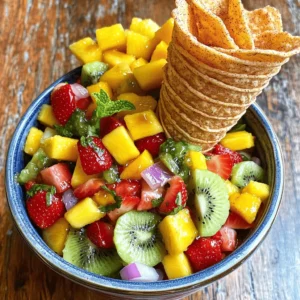 - Fresh pineapple - Strawberries - Mango - Kiwi - Red onion - Jalapeño (optional) - Flour tortillas - Melted butter or coconut oil - Granulated sugar - Ground cinnamon To make this delightful fruit salsa with cinnamon sugar tortilla chips, you need fresh, vibrant ingredients. The fruit salsa bursts with flavor and color. I love using ripe pineapple, juicy strawberries, sweet mango, and bright kiwi. These fruits give the salsa a tropical twist. You also need red onion for a touch of sharpness. If you enjoy some heat, add jalapeño. Just remember to remove the seeds for less spice. For the cinnamon sugar tortilla chips, grab some flour tortillas. They become crispy and sweet when baked. Melted butter or coconut oil helps the sugar and cinnamon stick. Granulated sugar adds sweet notes, while ground cinnamon brings warmth and comfort. This recipe is not just tasty; it’s fun to make. You can find the full recipe to guide you through. Enjoy the process and let your creativity shine! 1. Combine diced fruits in a bowl. Start with one cup of diced fresh pineapple. Add one cup of diced strawberries and one medium diced mango. Next, include one medium peeled and diced kiwi. For a bit of crunch, add 1/4 cup of finely chopped red onion. If you enjoy heat, include one minced jalapeño, but this is optional. 2. Add lime juice and honey. Drizzle two tablespoons of fresh lime juice over the fruit. This adds a nice zing! Then, add one tablespoon of honey or agave syrup for sweetness. This balance of flavors makes your salsa pop. 3. Stir in fresh mint and mix. Chop one tablespoon of fresh mint and mix it into the fruit salsa. The mint adds a fresh taste that brightens everything up. Cover your bowl and let the salsa chill in the fridge for at least 30 minutes. This waiting time helps the flavors meld together beautifully. 1. Preheat the oven to 350°F (175°C). Before you start with the chips, get your oven hot. This step ensures they bake evenly and come out perfect. 2. Coat tortillas with butter and cinnamon sugar. Take four small flour tortillas and brush both sides with two tablespoons of melted butter or coconut oil. Next, in a small bowl, mix 1/4 cup of granulated sugar and one teaspoon of ground cinnamon. Sprinkle this mixture evenly over both sides of the coated tortillas. This gives them a sweet and spicy kick. 3. Cut and bake the tortillas. Cut the tortillas into wedges, like pizza slices. Place them in a single layer on a baking sheet. Bake the chips in the preheated oven for 10-12 minutes. Watch them closely until they turn crispy and golden brown. Once done, let them cool slightly before serving. For the full recipe, you can check out the detailed steps above. Enjoy your tasty fruit salsa with those delicious cinnamon sugar tortilla chips! To make your fruit salsa look great, use a bright bowl. The colors of the fruit will pop. Stack the cinnamon sugar tortilla chips in a tall cone or a small basket. This makes a fun display. It invites everyone to dig in! For drinks, pair it with light beverages. Lemonade, iced tea, or a fruity soda work well. These drinks will enhance the sweet taste of the salsa. They also balance the cinnamon from the chips. You can add herbs for a twist. Fresh basil or cilantro gives a nice touch. Try adding a pinch of chili powder for some heat. This can take the salsa to the next level. Adjust the sweetness level to fit your taste. If you like it sweeter, add more honey. For a tart flavor, use less honey and more lime juice. This lets the fruit shine through more. Remember, you can always tweak the Full Recipe to your liking! {{image_2}} You can switch up the fruits in your salsa. Use what you like or what is in season. For example, peaches or blueberries work great. If you want a tropical twist, try adding papaya or passion fruit. They bring a sweet and unique flavor. - Pineapple: Sweet and juicy, perfect for a tropical vibe. - Mango: Adds a rich, creamy texture. - Kiwi: Brings a tangy flavor and bright color. - Jalapeño: For a kick, add this spicy fruit. Mix and match to find your favorite combo! You can make your tortilla chips in different ways. Baking them is healthier than frying. It keeps them crispy without using too much oil. Just brush them with a little melted butter or coconut oil before baking. - Baking: Preheat your oven and bake until golden brown. - Frying: If you prefer, fry them in hot oil for a crunchy finish. You can also use flavored tortillas for a fun twist. Try garlic, chili, or even spinach-flavored tortillas. They add extra taste to your dish. For the full recipe, check out the main section! To keep your fruit salsa fresh, store it in the fridge. Use a tight container to avoid air. This helps keep it vibrant and tasty. I recommend glass or plastic containers with lids. They help keep the salsa from getting mushy. Your fruit salsa will stay fresh for up to three days. After that, the fruits may lose their crunch. If you notice any browning, it’s time to toss it. To keep your tortilla chips crispy, store them in an airtight container. A zip-top bag works well too. This keeps air out and helps maintain their crunch. If you need to reheat the chips, use the oven. Preheat your oven to 350°F (175°C). Spread the chips on a baking sheet. Heat them for about five minutes. This will bring back their crunch and warmth. For the complete recipe, check out the Full Recipe section. You can keep fruit salsa in the fridge for about 3 days. After that, the fruit may start to lose its crispness. To keep it fresh, store it in an airtight container. This helps lock in moisture and flavor. Yes, you can make tortilla chips ahead of time. After baking, let them cool completely. Store them in a sealed bag or container. They will stay fresh for about a week. If they get soft, you can re-bake them for a few minutes. This helps restore their crunch. I love using fresh, sweet fruits like: - Pineapple - Strawberries - Mango - Kiwi These fruits add a mix of sweetness and tang. You can also try peaches or blueberries for a fun twist. Each fruit brings its own flavor and texture to the salsa. To add spice, include a jalapeño in the mix. Remove the seeds for less heat. You can also add a pinch of cayenne pepper or some chopped chili. Mixing in a splash of hot sauce gives it a nice kick. Adjust the spice level to suit your taste! This blog shows how to make tasty fruit salsa and cinnamon sugar tortilla chips. You can mix fresh fruits like pineapple, strawberries, and kiwi for a fun treat. The tortilla chips are easy to bake and sweetened with cinnamon. Try using different fruits for salsa or even flavored tortillas. Remember to store both items well for the best taste. Enjoy your creation and have fun experimenting with flavors!