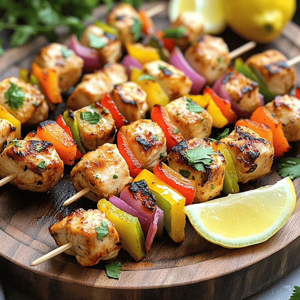 - 1 lb (450g) boneless, skinless chicken breast, cut into 1-inch cubes - 2 tablespoons olive oil - 2 tablespoons soy sauce - 1 tablespoon honey - 2 cloves garlic, minced - 1 teaspoon ground cumin - 1 teaspoon smoked paprika - 1 teaspoon dried oregano - Salt and pepper to taste The main ingredients are key to great flavor. I love using boneless, skinless chicken breasts for their lean texture. They soak up the marinade well, making each bite tasty. Olive oil and soy sauce add richness and umami. Honey gives a hint of sweetness that balances the saltiness. Garlic, cumin, smoked paprika, and oregano create a warm spice mix that brings the dish to life. - 1 bell pepper, cut into squares (any color) - 1 red onion, cut into squares - Wooden or metal skewers (if using wooden, soak in water for 30 minutes prior) - Optional side garnishes like parsley or lemon wedges Adding vegetables makes these skewers vibrant and fresh. Bell peppers bring sweetness and crunch, while red onions add a bit of sharpness. It’s best to cut them into squares to match the chicken. Skewers hold everything together, so choose wooden or metal ones. If you use wooden skewers, soak them first. This way, they won’t burn in the air fryer. You can also garnish with parsley or lemon for extra flavor. For the full recipe, check out the link above. To make the marinade, you need to combine a few simple ingredients. In a bowl, mix: - 2 tablespoons olive oil - 2 tablespoons soy sauce - 1 tablespoon honey - 2 cloves garlic, minced - 1 teaspoon ground cumin - 1 teaspoon smoked paprika - 1 teaspoon dried oregano - Salt and pepper to taste Whisk these together until well blended. Marinating the chicken is key. It adds flavor and keeps the meat juicy. Let the chicken sit in this mix for at least 30 minutes. You can even let it marinate for up to 2 hours if you want extra flavor. Now it’s time to assemble the skewers. Start by cutting your vegetables. Use a bell pepper and a red onion, cutting them into bite-sized squares. Then, take your marinated chicken and thread it onto the skewers, alternating with the veggies. Make sure to leave a little space between each piece. This helps them cook evenly. If you use wooden skewers, remember to soak them in water for 30 minutes first. This keeps them from burning in the air fryer. Before cooking, preheat your air fryer to 400°F (200°C) for about 5 minutes. Once it’s hot, place the skewers in the basket in a single layer. You might need to cook them in batches, depending on the size of your air fryer. Cook the skewers for 10-12 minutes. Flip them halfway through to ensure even cooking. The chicken should reach an internal temperature of 165°F (75°C) when done. Once finished, take them out and let them rest for a few minutes before serving. For more detailed steps, refer to the Full Recipe. For great flavor, I recommend marinating your chicken for at least 30 minutes. This time allows the spices to soak in well. If you have time, try marinating for up to 2 hours. You’ll taste the difference! Here are some alternative marinade options to try: - Yogurt-Based Marinade: Use plain yogurt mixed with lemon juice and spices. This makes chicken very tender. - Spicy Marinade: Add chili paste or hot sauce for a kick. - Herb Marinade: Mix fresh herbs like basil or thyme with olive oil and lemon juice. To avoid burning your skewers, soak wooden skewers in water for 30 minutes before use. This keeps them from catching fire in the air fryer. If you use metal skewers, you won’t need to soak them. To maintain juiciness in your chicken, do not overcook it. Use a meat thermometer to check for doneness. The internal temperature should be 165°F (75°C). Also, let the skewers rest for a few minutes after cooking. This helps the juices settle back into the chicken. When serving your chicken skewers, arrange them on a nice platter. Garnish with fresh parsley or cilantro for color. You can also add lemon wedges on the side. A squeeze of lemon before eating brightens the flavors. For dips, I recommend: - Tzatziki: A cool yogurt dip that pairs well with chicken. - Honey Mustard Sauce: A sweet and tangy option that works great. - Spicy Aioli: For those who enjoy a bit of heat. These tips will help make your air fryer chicken skewers not only delicious but also visually appealing. Enjoy your cooking adventure! {{image_2}} You can change the taste of your air fryer chicken skewers easily. Start by using different spices or marinades. For a spicy kick, add cayenne pepper or chili powder. If you prefer a sweet and tangy taste, try a citrus marinade with lime juice and zest. Adding other vegetables to the skewers can also change the flavor. Try zucchini, cherry tomatoes, or mushrooms. These veggies cook quickly and add color. You can even use pineapple for a sweet twist. Mix and match to find your favorite combo. If you need a gluten-free recipe, use tamari instead of soy sauce. This keeps the flavor but makes it safe for gluten-free diets. For a dairy-free option, this recipe is already free of dairy. If you want to swap chicken, you can use tofu or shrimp. Both options work well with the marinade. Make sure to adjust the cook time. Shrimp cooks faster, while tofu may need a bit longer to absorb the flavors. For the full recipe, check out the instructions above. To keep your air fryer chicken skewers fresh, store them right. Let the skewers cool first. Place them in an airtight container. You can also wrap them in foil or plastic wrap. This helps keep them moist. - Use glass or plastic containers with a tight seal. - Label the containers with the date to track freshness. When you want to enjoy your leftovers, reheating is key. The best method is to use the air fryer again. Set it to 350°F (175°C). Heat the skewers for about 5-7 minutes. This keeps them juicy and warm. - You can also use a microwave, but be careful not to overdo it. Heat for about 1-2 minutes. - If using the oven, preheat to 350°F (175°C) and heat for 10 minutes. Following these tips will help you enjoy your savory air fryer chicken skewers again! For the full recipe, check the earlier section. To make air fryer chicken skewers, start by marinating the chicken. Mix olive oil, soy sauce, honey, minced garlic, cumin, smoked paprika, oregano, salt, and pepper in a bowl. Add cubed chicken and coat it well. Let it marinate for at least 30 minutes. While the chicken marinates, cut bell peppers and red onions into squares. Preheat your air fryer to 400°F. Thread the chicken and veggies onto skewers. Cook in the air fryer for 10-12 minutes until the chicken reaches 165°F. This process keeps the chicken juicy and flavorful. Yes, you can make skewers ahead of time. Once you marinate the chicken, you can store it in the fridge for up to 2 hours. If you want to prep further, assemble the skewers, but don’t cook them just yet. Cover the skewers with plastic wrap and store them in the fridge. This makes it easy to pop them in the air fryer when you’re ready to eat. You can also freeze the skewers for later use. Just remember to thaw them in the fridge before cooking. The best temperature for air frying chicken skewers is 400°F (200°C). This high temperature helps the chicken cook evenly and ensures it gets that nice, crispy exterior. It also keeps the inside moist. Always check the internal temperature with a meat thermometer. The chicken should reach 165°F (75°C) for safe eating. Great side dishes for chicken skewers include rice, couscous, or a fresh salad. You can serve a tangy yogurt sauce or tzatziki for dipping. Grilled vegetables are also a nice touch. For something light, try a cucumber salad with lemon juice. This pairs well with the savory flavors of the skewers. Enjoy them with some warm pita bread for a complete meal! This blog post covered how to make tasty air fryer chicken skewers. I shared key ingredients, explained simple steps, and offered helpful tips. It’s fun to experiment with flavors and veggies. You can easily adjust the recipe for diets or tastes. Remember to marinate well and cook your skewers fully. Enjoy creating meals that everyone will love!