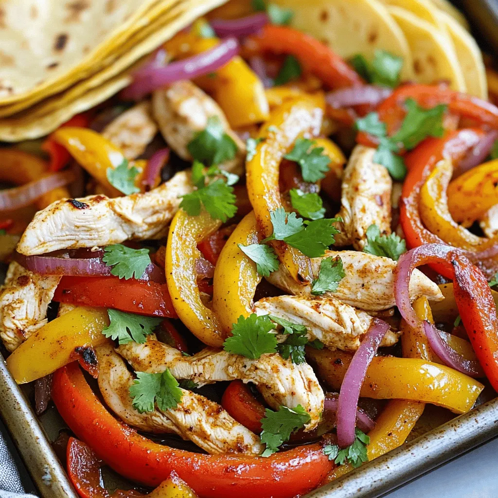 - 1.5 lbs boneless, skinless chicken breasts - Assorted bell peppers (red, yellow, green) - 1 red onion You start with fresh chicken breasts. They should be boneless and skinless. This makes them easy to cook and eat. Next, gather some colorful bell peppers. I love using red, yellow, and green for a vibrant dish. They add great flavor and crunch. Don't forget a red onion. It gives a nice sweetness when cooked. - Olive oil - 2 teaspoons chili powder - 1 teaspoon cumin - 1 teaspoon smoked paprika - 1/2 teaspoon garlic powder - Salt and pepper to taste - Juice of 1 lime Now, let’s talk about flavor! Olive oil keeps everything moist. You need chili powder for heat and color. Cumin adds a warm, earthy taste. Smoked paprika gives it a subtle smokiness. Garlic powder enhances the overall flavor. For seasoning, use salt and pepper. Finally, squeeze in lime juice for a zesty kick that brightens everything. - Fresh cilantro for garnish - Tortillas for serving Once the chicken and veggies are ready, add fresh cilantro on top. It brings a fresh burst of flavor. Serve the fajitas with warm tortillas. You can wrap them up or serve them open-faced. This makes for a fun meal with family or friends. For the full recipe, check out the details above! - Preheat your oven to 425°F (220°C). - Line a large baking sheet with parchment paper for easy cleanup. - In a big bowl, mix the sliced chicken, bell peppers, and red onion. - Drizzle olive oil over the chicken and veggies. - Add chili powder, cumin, smoked paprika, garlic powder, salt, and pepper. - Squeeze the lime juice over everything. - Spread the mixture evenly on the baking sheet. - Bake for 20 minutes. - Check that the chicken is cooked through and the veggies are tender. This recipe is quick and full of flavor, making it perfect for busy nights. For the full recipe, check the earlier section. Enjoy your fajitas! To get the best results, avoid overcrowding the baking sheet. When you pile too much on, the chicken and veggies steam instead of roast. This can make them soggy. Spread the mixture out in a single layer. This helps everything cook evenly and gives you a nice char. To check if the chicken is done, use a meat thermometer. The internal temperature should reach 165°F (75°C). If you don’t have a thermometer, cut a piece of chicken in half. It should be white inside with no pink. For extra flavor, try adding spices. Some great options include cayenne pepper for heat or oregano for earthiness. You can also squeeze in more lime juice for brightness. Adjust the spices to fit your taste. If you love heat, add more chili powder or fresh jalapeños. When serving, think about style. You can serve the fajitas right on the sheet pan for a fun look. Or, fill warm tortillas with the chicken and veggies. Top with fresh cilantro, salsa, or avocado for added flavor. For sides, consider rice or beans. They pair well and make the meal more filling. You can also serve a fresh salad for a crunchy contrast. For the full recipe, check this [Full Recipe]. {{image_2}} You can switch up the protein in your fajitas. Try using beef, shrimp, or tofu. - Beef: Use skirt steak or flank steak. Slice it thinly against the grain for best results. - Shrimp: Shrimp cooks quickly and adds a nice touch. Peel and devein them, then follow the same steps. - Tofu: For a plant-based option, use firm tofu. Press it to remove excess water and cut it into strips. Each of these options offers a unique flavor and texture. Enjoy experimenting! Adding more vegetables can boost flavor and nutrition. Consider these great options: - Zucchini: Slice it into half-moons and toss it in. - Mushrooms: Use sliced bellas or button mushrooms for an earthy taste. - Corn: Sweet corn adds a pop of flavor and color. Add frozen corn directly to the mix. Feel free to mix and match your favorites. The more, the merrier! Adjust the spice level to fit your taste. Here are some ideas: - Mild: Use less chili powder and add more garlic powder. - Medium: Stick with the original spices for balanced heat. - Spicy: Add cayenne pepper or crushed red pepper flakes for a kick. You can also include fresh jalapeños for an extra burst of heat. Enjoy finding your perfect spice level! To keep your chicken fajitas fresh, store leftovers in the fridge. Use an airtight container. This helps prevent moisture loss and keeps flavors intact. You can store them for up to three days. Let the fajitas cool down before sealing the container. This avoids condensation that can make them soggy. To reheat, use a skillet over medium heat. This method retains the taste and texture. Add a splash of water or broth to keep them moist. Stir often for even heating. You can also use the microwave. Place the fajitas in a microwave-safe dish. Cover them with a damp paper towel to trap steam and heat for 1-2 minutes. Check to ensure they are warm throughout. If you want to save some for later, freezing is a great option. First, let the fajitas cool completely. Then, place them in a freezer-friendly bag or container. Remove excess air to prevent freezer burn. Label the bag with the date. You can freeze them for up to three months. To thaw, place them in the fridge overnight before reheating. This keeps them safe and tasty. For the full recipe, check the complete details above. You can make chicken fajitas spicier by adding jalapeños or hot sauce. Start by slicing fresh jalapeños and mixing them with your chicken and veggies. For a quick kick, drizzle your favorite hot sauce over the dish before serving. This boosts the heat without changing the recipe too much. You can also use spicy seasoning blends for added flavor. Yes, you can use frozen chicken for this recipe. However, you need to adjust cooking time. First, thaw the chicken completely before slicing. You can use the microwave or place it in cold water. If you cook it from frozen, add more time in the oven. Make sure the chicken reaches an internal temperature of 165°F (75°C) for safety. The best tortillas depend on your taste. Flour tortillas are soft and chewy, great for holding fillings. They are also easy to fold. On the other hand, corn tortillas are gluten-free and have a nice crunch. They add a distinct flavor to your fajitas. Try both to find your favorite! Feel free to explore the full recipe to make these delicious fajitas today! This article covered how to make tasty chicken fajitas. You learned about the main ingredients, seasonings, and garnishes. We discussed step-by-step instructions for cooking them perfectly. I shared tips for flavor and fun variations. Lastly, I provided storage tips for leftovers and answered common questions. Now you can enjoy making great fajitas anytime. Feel free to mix things up and make them your own. Cooking should be fun and delicious!