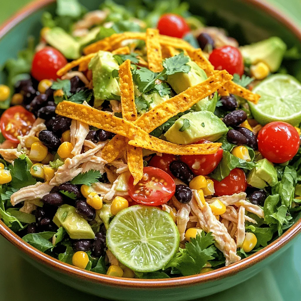 To make Zesty Southwest Chicken Salad, gather these ingredients: - 2 cups cooked chicken breast, shredded - 1 can (15 oz) black beans, rinsed and drained - 1 cup corn kernels (fresh or frozen) - 1 red bell pepper, diced - 1 avocado, diced - ½ red onion, finely chopped - 1 cup cherry tomatoes, halved - 1 cup romaine lettuce, chopped - ½ cup cilantro, chopped - ¼ cup lime juice - 3 tablespoons olive oil - 1 tablespoon cumin - 1 teaspoon chili powder - Salt and pepper to taste - Optional: tortilla strips for garnish Using fresh ingredients makes the salad taste bright and crisp. Fresh corn is sweet and juicy. Fresh herbs add a nice pop of flavor. However, canned ingredients can save time. Canned beans and corn are quick and easy. Just rinse and use them. Both options work well, so choose what fits your time and taste. You can easily change some ingredients for dietary needs. Here are some ideas: - Chicken: Use grilled tofu or chickpeas for a vegetarian option. - Beans: Swap black beans for kidney beans or pinto beans. - Dressing: Use vinegar instead of lime juice for a different taste. - Avocado: Omit avocado for a low-fat version. Feel free to mix and match based on your needs. Enjoy your Zesty Southwest Chicken Salad! You can find the full recipe above for more details. To make the salad base, start with a large bowl. Add 2 cups of cooked chicken breast. I like to shred the chicken for better texture. Next, add one can of black beans. Make sure to rinse and drain them well. Then, toss in one cup of corn kernels. Fresh or frozen works great here. Chop one red bell pepper and add it to the mix. Dicing one avocado and half a red onion will add great flavor. Don’t forget to halve one cup of cherry tomatoes. Finally, chop one cup of romaine lettuce and add it in. This base makes the salad colorful and tasty. The dressing is simple and quick. In a small bowl, measure out ¼ cup of lime juice. Add 3 tablespoons of olive oil to it. Next, sprinkle in 1 tablespoon of cumin and 1 teaspoon of chili powder. Season with salt and pepper to your taste. Whisk everything together until it blends well. This dressing brings a bright, zesty flavor to the salad. It ties all the ingredients together. Now it’s time to combine everything. Pour the dressing over the salad base and toss gently. You want to coat all the ingredients evenly. After that, add half a cup of chopped cilantro and toss lightly again. Taste it and adjust the seasoning if needed. For an added crunch, serve the salad with optional tortilla strips on top. This dish is best served fresh. You can present the salad in large bowls or on a platter. Garnish with extra cilantro and some avocado slices for a pretty touch. You can find the Full Recipe to make this dish easily. To make your Zesty Southwest Chicken Salad burst with flavor, use fresh ingredients. Fresh herbs, like cilantro, add a bright touch. Squeeze fresh lime juice for a zesty kick. The key spices are cumin and chili powder; they bring warmth and depth. Let the salad rest for a few minutes after mixing. This helps the flavors blend well. Presenting food is fun! Serve the salad in large, colorful bowls. Add extra cilantro on top for a vibrant look. Place avocado slices around the edges for contrast. If you use tortilla strips, serve them in a small bowl on the side. This adds an interactive element. People love to customize their dish. You don't need many tools, but a few help. Use a sharp knife for chopping veggies. A large mixing bowl is essential for combining everything. A whisk works great for mixing the dressing. If you have it, a salad spinner can help dry your lettuce. These simple tools make cooking easier and more enjoyable. For the full recipe, check out the detailed instructions. {{image_2}} You can switch up the protein in your salad. If you want a change from chicken, use grilled shrimp or diced steak. Both options add a nice taste and texture. For a lighter choice, try shredded turkey. Each protein brings its own flavor to the dish. If you prefer a vegetarian or vegan meal, skip the chicken. Use extra black beans or chickpeas for protein. Tofu or tempeh can also work well. Just season them with some spices before adding. You will still enjoy a hearty and filling salad without meat. To boost the taste, consider adding jalapeños for heat or mango for sweetness. You can also mix in some cheese, like feta or cheddar. For dressings, try a zesty vinaigrette or a creamy avocado dressing. These options can change the whole feel of your salad. For the full recipe, check the earlier section. To store your Zesty Southwest Chicken Salad, place it in an airtight container. This keeps the flavors fresh and prevents spills. Make sure to cool it down before sealing. You can keep it in the fridge for up to three days. If you have extra dressing, store it separately. This helps keep the salad crisp. For meal prep, divide the salad into single-serving containers. Layer the salad ingredients and keep the dressing on top. This way, your salad stays fresh until you're ready to eat. You can prepare the chicken and chop the veggies ahead of time. This makes it easy to put together quick meals during the week. The shelf life of your ingredients varies. Cooked chicken lasts about three to four days in the fridge. Black beans in a can can last for years if unopened. Once opened, use them within three to four days. Corn, whether fresh or frozen, should be eaten within five days. Avocado and tomatoes are best eaten within one to two days after cutting. For the best taste, use fresh ingredients whenever possible. Enjoy your salad knowing it’s both tasty and safe! Yes, you can make this salad ahead of time. Simply follow the recipe, but keep the dressing separate. When you are ready to eat, mix the dressing in. This keeps the salad fresh and crunchy. You can store the salad in the fridge for up to two days. Just remember to add the dressing right before serving. This salad is great on its own, but you can pair it with other dishes. Some tasty options include: - Grilled corn on the cob - Tortilla chips with salsa - A side of quesadillas - Fresh fruit, like pineapple or watermelon These sides complement the salad’s flavors well and add variety to your meal. To add more heat, try these simple tips: - Mix in diced jalapeños or serrano peppers. - Use a spicier chili powder. - Add a dash of hot sauce to the dressing. - Sprinkle crushed red pepper flakes on top. These tweaks will turn up the heat without losing the salad's great taste. Zesty Southwest Chicken Salad offers a tasty mix of fresh flavors. We covered ingredients, from fresh to canned, and suggested substitutions. You learned step-by-step how to prepare the salad, make a tasty dressing, and serve it well. I shared tips for flavor and presentation, along with tools to make your prep easier. With variations for different diets and storage tips, you can enjoy this salad anytime. Keep experimenting to find what flavors you love most, and have fun with it!