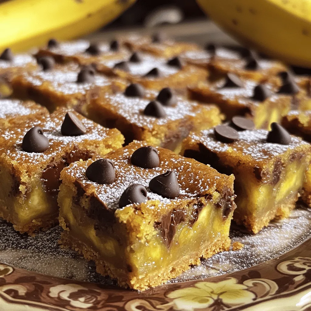 - 2 ripe bananas, mashed - 1/2 cup unsalted butter, melted - 1/2 cup brown sugar - 1/4 cup granulated sugar - 2 large eggs - 1 teaspoon vanilla extract - 1 cup all-purpose flour - 1/2 teaspoon baking powder - 1/4 teaspoon baking soda - 1/4 teaspoon salt - 1/2 cup semi-sweet chocolate chips - 1/4 cup chopped walnuts (optional) To make these chocolate chip banana bars, you need ripe bananas. They should be soft and sweet. I like to use bananas that have brown spots. The more ripe, the better! Next, melt your unsalted butter. This adds richness and helps blend the flavors. You will also need two types of sugar. Brown sugar gives a deep flavor, while granulated sugar adds sweetness. You cannot forget about the eggs and vanilla extract. They help bind everything together and add flavor. For the dry part, gather all-purpose flour, baking powder, baking soda, and salt. These help the bars rise and create a nice texture. Finally, add semi-sweet chocolate chips and chopped walnuts if you like. The chocolate brings sweetness, and the nuts add crunch. You can check the full recipe for exact steps on how to mix these ingredients. - Preheat your oven to 350°F (175°C). Grease a 9x9 inch baking pan or use parchment paper. - In a large mixing bowl, mash the ripe bananas and mix in the melted butter until smooth. - Add the brown sugar and granulated sugar to the banana-butter mix, stirring until combined. - Beat in the eggs one at a time, and stir in the vanilla extract. - In another bowl, whisk together the flour, baking powder, baking soda, and salt. - Gradually add the dry mix to the banana mixture. Fold gently until just combined. - Be careful not to overmix; this keeps the bars soft. - Gently fold in the chocolate chips and walnuts if you are using them. - Pour the batter into the prepared pan, spreading it out evenly. - Bake in the oven for 25-30 minutes. Check with a toothpick; it should come out clean. - Remove from the oven and let it cool in the pan for about 10 minutes. - Transfer to a wire rack to cool completely before cutting. You can find the full recipe for even more details. Enjoy making these tasty treats! - Use ripe bananas for the best flavor. They should be brown and soft. - Mix just until combined. This keeps the bars soft and chewy. - Dust bars with powdered sugar for a nice look. - Serve warm with a scoop of vanilla ice cream for added delight. - If bars are too dry, add a bit more mashed banana next time. - For dense bars, mix less to keep them light and airy. {{image_2}} You can make these bars gluten-free easily. Simply swap all-purpose flour with a gluten-free flour blend. This way, you still enjoy those tasty chocolate chip banana bars without worry. Just check that your blend works well in baking. Want a vegan option? Use flax eggs instead of chicken eggs. Mix one tablespoon of ground flaxseed with three tablespoons of water for each egg. Let it sit for five minutes to thicken. Also, replace butter with coconut oil for a rich flavor. Your bars will still be moist and delicious! Feel free to get creative with your bars. Try adding spices like cinnamon or nutmeg for extra warmth. You can also mix in different nuts like pecans or almonds. Want more chocolate? Use dark chocolate chips or even white chocolate. These simple changes can make your bars unique and tasty. For the full recipe, check out the details above! To keep your chocolate chip banana bars fresh, store them in an airtight container. Place them at room temperature for up to three days. This method helps retain their soft texture and rich flavor. If you live in a warm area, you may want to refrigerate them. Just remember, chilling can make them a bit firmer. For long-term storage, freezing is your best friend. Wrap each bar in plastic wrap, then place them in a freezer-safe bag. This method keeps them fresh for up to three months. When you're ready to enjoy, simply take out a bar and let it thaw at room temperature. You can also heat them in the microwave for a warm treat. To reheat your chocolate chip banana bars, use the microwave or oven. For the microwave, place a bar on a microwave-safe plate and heat for about 10-15 seconds. For the oven, preheat to 350°F (175°C), then warm the bars for about 5-10 minutes. This way, they stay soft and gooey, just like when they were fresh out of the oven. To ripen bananas fast, you can use a few methods. The oven method is simple. Preheat your oven to 300°F (150°C). Place unpeeled bananas on a baking sheet. Bake for about 15-20 minutes. Check them often. They should turn black and soft. You can also put bananas in a paper bag. This traps ethylene gas and speeds up ripening. Add an apple or tomato in the bag for an extra boost. Yes, you can make these bars without eggs. Use flaxseed meal or chia seeds as a substitute. Mix one tablespoon of flaxseed meal or chia seeds with three tablespoons of water. Let it sit for about 5 minutes until it thickens. This will work great in your recipe. Unsweetened applesauce is another good choice. Use 1/4 cup of applesauce for each egg you replace. Chocolate Chip Banana Bars last about 4 to 5 days at room temperature. Store them in an airtight container to keep them fresh. If you see any mold or they smell off, it's time to toss them. You can also refrigerate them for up to a week. For longer storage, freeze them. They can last up to 3 months in the freezer. Just thaw them at room temperature when you’re ready to eat. Absolutely! You can add other fruits to the recipe. Blueberries, chopped apples, or even peaches work well. Just make sure to chop larger fruits into small pieces. This helps them mix evenly. You can also use dried fruits like raisins or cranberries. They add a nice chewiness to the bars. To cut the bars cleanly, let them cool completely. Use a sharp knife for nice edges. You can warm the knife slightly to help it glide through the bars. Cut them into squares or rectangles, depending on your preference. For a neat finish, wipe the knife with a damp cloth between cuts. This keeps the edges clean and smooth. This blog post guides you through making delicious Chocolate Chip Banana Bars. We covered the key ingredients, easy steps, and helpful tips. You learned about gluten-free and vegan options, as well as storage methods. Remember, fully ripe bananas make the bars sweet and tasty. Try dusting them with powdered sugar or serving with ice cream. Don’t hesitate to mix in your favorite nuts or spices. Baking can be fun and simple. Enjoy your time in the kitchen!