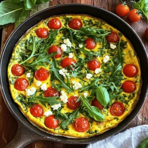 To make a tasty arugula frittata, gather these fresh ingredients: - 6 large eggs - 1 cup fresh arugula, chopped - ½ cup cherry tomatoes, halved - ¼ cup feta cheese, crumbled - ¼ cup milk - 2 tablespoons olive oil - 1 clove garlic, minced - Salt and pepper to taste - Fresh basil leaves for garnish (optional) These ingredients mix well to create a flavorful start to your day. The eggs provide protein. The arugula adds a peppery taste, while the tomatoes offer sweetness. Feta cheese gives a creamy texture and salty flavor. Olive oil keeps the dish moist. Garlic enhances the overall taste. Use salt and pepper to balance the flavors. Garnishing with basil can add freshness. You can find the full recipe in this article, guiding you step by step through the cooking process. - Preheat the oven to 375°F (190°C). - In a large bowl, whisk together 6 eggs, ¼ cup of milk, salt, and pepper. - Stir in 1 cup of chopped arugula, ½ cup of halved cherry tomatoes, and ¼ cup of crumbled feta cheese. Set aside. - Heat 2 tablespoons of olive oil in an oven-safe skillet over medium heat. - Add 1 clove of minced garlic and sauté for about 1 minute until fragrant. Be careful not to burn it. - Pour the egg mixture into the skillet with the garlic. Gently stir to combine. - Cook for about 3-4 minutes. The edges should set while the center stays slightly runny. - Transfer the skillet to the oven and bake for 15-20 minutes. The frittata should puff up and turn golden. - Remove the skillet from the oven and let it cool for a few minutes. - Slice the frittata into wedges for easy serving. - Garnish with fresh basil leaves if desired for a nice touch. You can find the full recipe in the earlier section. This dish not only looks great but also tastes amazing! To make a great frittata, avoid a rubbery texture. Here are some tips: - Use fresh eggs; they make a big difference in taste. - Do not overcook the eggs. Cook until just set in the middle. - Let the frittata cool for a few minutes before slicing. This helps it firm up. For even cooking, follow these best practices: - Preheat your oven well before baking. - Cook on medium heat at first to set the edges. - Rotate the skillet halfway through baking for uniform heat. You can boost the flavor of your frittata with herbs and spices. Here are a few ideas: - Add fresh herbs like parsley or chives for a bright taste. - Sprinkle in some red pepper flakes for a little heat. If you want to change up the cheese, consider these options: - Use goat cheese for a tangy twist. - Swap feta for cheddar for a richer flavor. The right pan helps create a perfect frittata. Here’s what I recommend: - Use an oven-safe non-stick skillet. This makes it easier to cook and clean. - A cast-iron skillet works great, too, for heat retention. You’ll need a few kitchen tools: - A whisk for mixing eggs well. - A spatula to gently lift the frittata as it cooks. - An oven mitt to handle the hot skillet safely. For more details on making this dish, check the Full Recipe. {{image_2}} You can switch up the greens in your frittata. Spinach, kale, or Swiss chard work great. Each green adds its own taste. You can also add bell peppers or onions. These veggies give a sweet crunch. Chop them finely to blend well. Want more protein? Add meats like ham or crispy bacon. The saltiness of bacon pairs well with the eggs. If you prefer a veggie option, try adding chickpeas or black beans. They boost protein and add texture. If you're gluten-free, you're in luck! This frittata is naturally gluten-free. For dairy-free options, use almond or oat milk instead of regular milk. You can also skip feta or use a dairy-free cheese. This keeps the dish light and tasty. For more on how to make this dish, check out the Full Recipe. To store leftovers from your arugula frittata, let it cool first. Place it in an airtight container. This keeps it fresh and tasty. You can use glass or plastic containers with tight lids. These work great for storing food. Always label the container with the date. If you want to freeze your frittata, slice it into wedges. Wrap each piece in plastic wrap. Then, place the wrapped pieces in a freezer bag. Remove as much air as possible. This helps keep the texture nice. When ready to eat, thaw it in the fridge overnight. Reheat in the oven or microwave. In the fridge, your frittata lasts about three to four days. Make sure to check for any signs of spoilage. If it smells funny or looks dry, it's best to discard it. Freshness ensures the best taste and safety. What can I serve with arugula frittata? You can serve arugula frittata with toast, fruit, or a light salad. A fresh green salad pairs well and adds crunch. You could also offer some sliced avocado for creaminess. How do I know when the frittata is done? The frittata is done when it is puffed and golden. You can also test the center with a knife. If it comes out clean, it’s ready. The edges should be set but the center can be slightly soft. Can I make frittata ahead of time? Yes, you can make frittata ahead of time. Cook it, cool it, and store it in the fridge. To reheat, warm it in the oven or on the stovetop. How many calories are in an arugula frittata? An arugula frittata has about 200 calories per serving. This can vary based on added ingredients. Each egg and the cheese contribute to the total. Health benefits of arugula Arugula is low in calories and high in vitamins. It has vitamin K for bone health and vitamin C for your immune system. It also has antioxidants that fight free radicals in your body. Can I use a different cooking method? Yes, you can use a stovetop method. Cook on low heat until the edges set, then cover and cook until the center is firm. Tips for cooking a frittata on the stovetop without baking To cook a frittata on the stovetop, use a non-stick pan. Keep the heat low to avoid burning. Cover the pan to trap steam, which helps cook the top. This blog post covered all you need to know about making a tasty arugula frittata. You learned the key ingredients and step-by-step instructions. I shared tips to enhance flavor and avoid common mistakes. You also found variations to customize your dish. In conclusion, frittatas are versatile and easy to make. With fresh ingredients and a few techniques, you can impress anyone. Enjoy creating your own delicious frittata!