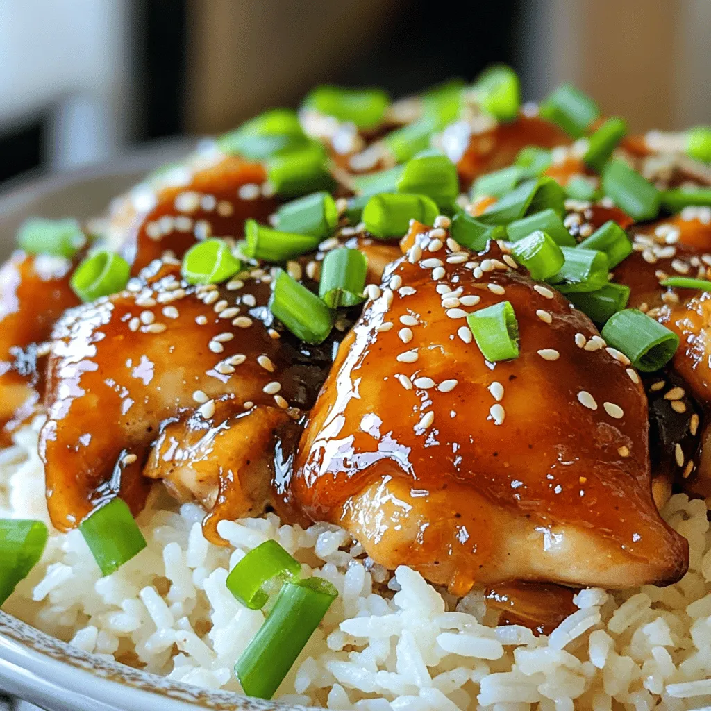 - 2 cups cooked jasmine rice - 1 pound boneless, skinless chicken thighs - 1/2 cup honey - 1/4 cup BBQ sauce - 2 tablespoons soy sauce - 2 cloves garlic, minced - 1 tablespoon ginger, minced - 1 tablespoon vegetable oil - 1/2 teaspoon black pepper - 1/2 teaspoon salt - 1/4 cup chopped green onions - 1/4 cup sesame seeds In this dish, chicken thighs bring a nice richness. They stay juicy and tender. Honey adds sweetness, while BBQ sauce gives a smoky kick. Soy sauce adds depth and umami. The garlic and ginger enhance the flavor. They give a warm and aromatic touch to the chicken. For garnishes, green onions add freshness. They also offer a nice crunch. Sesame seeds give a nutty flavor and look great on top. You can find the full recipe at the end. Enjoy making this tasty meal! To create the marinade, start by mixing these ingredients in a large bowl: - 1/2 cup honey - 1/4 cup BBQ sauce - 2 tablespoons soy sauce - 2 cloves garlic, minced - 1 tablespoon ginger, minced - 1/2 teaspoon black pepper - 1/2 teaspoon salt Stir well until everything blends smoothly. This mix gives the chicken a sweet and tangy flavor. Next, add 1 pound of chopped chicken thighs to the marinade. Mix well to coat each piece. Cover the bowl and let it marinate. You can leave it for at least 30 minutes or up to 2 hours in the fridge. The longer you marinate, the more flavor your chicken will have. Now, heat 1 tablespoon of vegetable oil in a large skillet over medium heat. Remove the chicken from the marinade, letting the excess drip off. Place the chicken in the skillet and cook for about 6-8 minutes. Turn the chicken occasionally until it's golden brown and fully cooked. After that, lower the heat and add any remaining marinade to the skillet. Let it simmer for 2-3 minutes to thicken the sauce. While the chicken is cooking, prepare 2 cups of jasmine rice according to the package instructions. This rice provides a nice base for your dish and absorbs the flavors of the chicken. Once everything is cooked, serve the chicken over the jasmine rice. Drizzle any sauce left in the skillet over the top for extra flavor. For a nice touch, garnish with 1/4 cup of chopped green onions and 1/4 cup of sesame seeds. This adds a bit of crunch and color to your meal. Enjoy your delicious Honey BBQ Chicken Rice! For the complete recipe, check out the Full Recipe. To get the best taste from your chicken, marinate it longer. Aim for at least 30 minutes, but go for 2 hours if you can. This time allows the honey and BBQ sauce to soak in deep. The chicken will taste better, making your meal more enjoyable. Keep an eye on the cooking time. Cook the chicken for about 6-8 minutes. You want it to be golden brown and fully cooked. This caramelization adds a rich flavor to your dish. If you see a nice brown color, that means you are on the right track. Pair your Honey BBQ Chicken Rice with fresh side dishes. Some good options include steamed broccoli or a crisp garden salad. You can also serve it with corn on the cob for added sweetness. These sides balance the flavors well and make your meal complete. For the full recipe, check the link above. {{image_2}} You can switch up the protein in this dish for variety. Shrimp adds a sweet, tender bite. Tofu is a great choice for a plant-based meal. You could also use chicken breasts if you prefer leaner meat. Just make sure to adjust the cooking time as needed. Each option brings a unique taste and texture to the meal. While jasmine rice shines in this dish, other rice types work well, too. Brown rice adds a nutty flavor and more fiber. Cauliflower rice is perfect for a low-carb option. It cooks quickly and absorbs flavors nicely. Experiment with these grains for a fun twist on the classic recipe. Want to elevate the taste? Try adding spices like smoked paprika or cayenne for heat. A splash of lime juice can brighten the dish. You can also drizzle extra BBQ sauce on top for a more robust flavor. Mixing in toasted nuts or fresh herbs can give your meal a crunchy or fresh boost. These simple tweaks can turn a good dish into a great one. After you enjoy your Honey BBQ Chicken Rice, store leftovers in the fridge. Use an airtight container to keep it fresh. This will help the dish stay tasty for up to 3 days. Before you refrigerate, let the meal cool down. This stops condensation, which can make the rice soggy. If you want to save it for later, freezing is a good option. Portion the chicken and rice into freezer-safe containers. Make sure to leave some space at the top for expansion. You can freeze it for up to 3 months. When you are ready to eat it, just thaw it in the fridge overnight. To reheat, you have a few choices. The best way is to use the stove. Add a splash of water or broth in a skillet. Heat on low, stirring often until it's warm. This helps keep the rice fluffy. You can also use the microwave. Cover your dish with a damp paper towel, and heat it in short bursts. Stir in between to ensure even heating. To make Honey BBQ Chicken Rice healthier, you can adjust a few key ingredients. Start by using less honey. You can also substitute some of the BBQ sauce with a sugar-free version. Choose skinless chicken breast instead of thighs to cut down on fat. Additionally, you can add more veggies like bell peppers or broccoli to boost nutrition. This adds fiber and vitamins without many extra calories. Yes, you can make this dish in advance. Cook the chicken and rice, then store them separately in airtight containers. Keep the chicken in the fridge for up to three days. When ready to eat, reheat the chicken and rice in the microwave or on the stove. This makes meal prep easy and saves time on busy nights. Yes, you can adapt this recipe for a slow cooker. First, mix the marinade as stated in the recipe. Then, add the chicken to the slow cooker with the marinade. Cook on low for 4-6 hours or on high for 2-3 hours. Once cooked, shred the chicken with two forks and serve over rice. This method gives the chicken a tender texture and deep flavor. You can serve this dish with various sides. A fresh salad with a light vinaigrette works well. Steamed vegetables like green beans or carrots also pair nicely. For drinks, try iced tea or a light lemonade. These options balance the sweet and savory flavors of the chicken, making a complete meal. In this blog post, I shared a simple recipe for Honey BBQ Chicken Rice. We covered the key ingredients, step-by-step instructions, helpful tips, and even variations to keep things fresh. Remember, marinating the chicken boosts flavor, and don’t shy away from trying different proteins or rice types. This dish is perfect for meal prep and pairs nicely with many sides. Enjoy making this dish your own, and bring your family together over a tasty meal. Your kitchen will be the heart of happy moments!