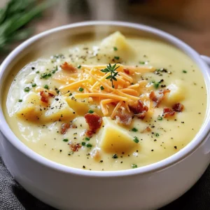 - 4 large russet potatoes, scrubbed and diced - 1 medium onion, finely chopped - 3 cloves garlic, minced - 4 cups vegetable broth - 1 cup heavy cream or coconut cream for dairy-free - 1 ½ cups shredded sharp cheddar cheese (plus extra for topping) - 4 slices of crispy cooked turkey bacon or plant-based bacon, chopped (optional) - 2 tablespoons butter or olive oil - 1 tablespoon fresh thyme leaves (or 1 teaspoon dried thyme) - Salt and pepper to taste - Chives or green onions for garnish - Large pot - Potato masher or immersion blender - Measuring cups and spoons When I make baked potato soup, I focus on simple, fresh ingredients. Russet potatoes are my go-to for this dish. They create a creamy texture that feels cozy. The onion adds a sweet base, while garlic gives depth. Vegetable broth keeps it light, but you can use chicken broth for more flavor. For creaminess, I love using heavy cream. If you want a lighter option, coconut cream works well too. Cheese is a must! Sharp cheddar brings a bold taste. You can add crispy bacon for crunch, or skip it for a vegetarian version. The fresh thyme gives the soup a lovely scent. It pairs well with the potatoes. Finally, salt and pepper are key for balancing flavors. Having the right tools makes cooking easier. A large pot helps cook everything together. I use a potato masher or immersion blender to blend the soup to my liking. Measuring cups and spoons help keep portions accurate. If you're ready to dive into this creamy delight, check out the Full Recipe for all the steps! 1. Start by melting the butter in a large pot over medium heat. You can also use olive oil if you prefer. 2. Add the finely chopped onion and sauté it for about five minutes. You want the onion to be translucent. 3. Stir in the minced garlic and cook for one to two more minutes. This will make your kitchen smell amazing! 4. Now, add the diced potatoes and vegetable broth to the pot. 5. Bring everything to a boil, then reduce the heat. Let it simmer for 15 to 20 minutes, or until the potatoes are fork-tender. 1. Once the potatoes are soft, it’s time to mash or blend the soup. You can use a potato masher or an immersion blender. 2. Blend it to your desired consistency. If you like some chunks, don’t blend too much! 3. Now, stir in the heavy cream and shredded cheese. Mix until the cheese melts and the soup gets creamy. 1. Add the fresh thyme to the soup. This herb brings a lovely flavor. 2. Season with salt and pepper to taste. 3. If you want to add crispy bacon, this is the time to mix it in. 4. Let the soup simmer for five more minutes. This helps the flavors blend well. For the full recipe, check out the comprehensive guide. Enjoy your warm, comforting bowl of baked potato soup! To make your baked potato soup shine, use fresh herbs. Fresh thyme adds a bright taste. You can also try chives or parsley for extra zest. You can adjust the soup's thickness by changing the blending time. Blend it less for a chunkier soup, or more for a creamy texture. If you want a dairy-free version, swap heavy cream for coconut cream. This gives a rich taste without dairy. You can also explore plant-based cheese options. These options make the soup creamy and keep it vegan. Serve your soup with crusty bread or a fresh side salad. This adds a nice crunch and balance to the meal. For a special touch, top the soup with extra cheese and chopped chives. This makes the dish look great and taste even better. {{image_2}} You can make this soup even better! Add sour cream for that creamy feel. Top it with jalapeños for heat and green onions for freshness. These extras give great flavor and crunch. Each bite becomes a delicious treat. You can enjoy the classic taste while trying something new. Love a kick? Add diced jalapeños or sprinkle red pepper flakes. This gives the soup a zesty edge. The heat pairs well with the creamy texture. It warms you up on chilly days. Adjust the spice to fit your taste. If you like bold flavors, this is for you! Cheese lovers, rejoice! You can swap out cheddar for mozzarella or pepper jack. Mozzarella makes it stretchy and mild. Pepper jack adds a nice spicy note. Each cheese brings its own charm to the soup. Feel free to mix and match! The cheese transforms the dish into your perfect bowl of comfort. Store your baked potato soup in an airtight container in the fridge. It stays good for up to 4 days. Make sure it cools to room temperature before sealing. If you want to keep it longer, freeze the soup in portions. It will last up to 3 months in the freezer. When you’re ready to eat, reheat it slowly on the stove or in the microwave. This keeps the soup creamy. When reheating, stir the soup well. If it seems too thick, add a splash of broth. This helps bring back its creamy texture. Enjoy your comforting bowl of baked potato soup! Yes, this soup reheats well. I often make a big batch on Sunday. It stays tasty for days. Just store it in an airtight container. When you're ready, heat it on the stove or in the microwave. Add a splash of broth if it thickens too much. You can mash more potatoes or add a thickening agent like cornstarch. Mashing gives the soup a creamy feel. If you prefer, mix cornstarch with cold water first. Stir this mix into the soup while it’s simmering. Let it cook a bit longer to thicken up nicely. Serve hot with your choice of toppings for added flavor. Some great options include extra cheese, crispy bacon, or fresh chives. You can also add sour cream for a tangy bite. A slice of crusty bread on the side makes it a full meal. Yes, but russet potatoes provide the best texture and flavor. They are creamy when cooked and mash well. Other potatoes may work, but they might not give you the same rich taste. Stick with russets for that perfect baked potato soup experience. This baked potato soup is easy and delicious. We covered main ingredients, tools, and step-by-step instructions. You learned tips for flavor, dairy-free options, and variations to try. Storing leftovers and reheating are simple too. In closing, this soup is a great choice for meals. Feel free to mix and match flavors to suit your taste. Enjoy the creamy goodness any time of year!