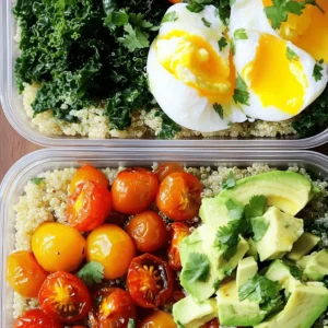 To make these healthy meal prep breakfast bowls, you will need the following: - 1 cup quinoa, rinsed - 2 cups vegetable broth or water - 4 large eggs - 1 cup cherry tomatoes, halved - 1 cup black beans, drained and rinsed - 1 avocado, diced - 1 cup kale, chopped - 1 tablespoon olive oil - 1 teaspoon garlic powder - 1 teaspoon paprika - Salt and pepper to taste - Fresh cilantro for garnish These ingredients work well together. They bring flavor and nutrition to your breakfast bowls. Each serving of these breakfast bowls offers great nutrients. Here’s a quick look at the nutrition: - Calories: 400 - Protein: 22g - Carbohydrates: 55g - Fat: 14g - Fiber: 12g These bowls provide a balanced meal. They keep you full and ready for the day. You can customize your bowls with these swaps: - Quinoa: Use brown rice or farro if you prefer. - Eggs: Try tofu for a vegan option. - Kale: Spinach or Swiss chard works great too. - Black beans: Chickpeas or lentils can be used instead. - Cherry tomatoes: Diced bell peppers or zucchini offer a different taste. - Avocado: Try Greek yogurt for creaminess without the fat. These swaps keep your bowls exciting and fresh. You can change flavors based on what you like. For the full recipe, check the details above. To make these breakfast bowls easy, gather all your ingredients first. You want to have everything ready before you start cooking. This helps save time and keeps you organized. You will need quinoa, eggs, veggies, and spices. 1. Start by rinsing 1 cup of quinoa under cold water. This removes the bitter coating. 2. In a saucepan, bring 2 cups of vegetable broth or water to a boil. Add the rinsed quinoa. 3. Reduce the heat to low, cover, and let it simmer for 15 minutes. The quinoa will be fluffy and ready. 4. While the quinoa cooks, preheat your oven to 375°F (190°C). Line a baking sheet with parchment paper. 5. Halve 1 cup of cherry tomatoes and place them on the baking sheet. Drizzle with 1 tablespoon of olive oil and sprinkle with garlic powder, paprika, salt, and pepper. 6. Roast the tomatoes for 15 minutes, until they are soft and slightly caramelized. 7. In a large pan, heat a drizzle of olive oil over medium heat. Add 1 cup of chopped kale and sauté for 3-5 minutes until it wilts. Season with salt and pepper before removing it from heat. 1. In another saucepan, bring water to a gentle simmer. 2. Crack 4 large eggs into the water one at a time. 3. Poach the eggs for 3-4 minutes. The whites should set, but the yolks stay runny. 4. Carefully remove the eggs with a slotted spoon and set them aside. Now, your quinoa, veggies, and eggs are ready. You can put everything together to build your Healthy Meal Prep Breakfast Bowls. Follow the [Full Recipe] for the final assembly. To save time, cook in batches. Make a big pot of quinoa. Use it for multiple meals. Prepare your veggies in advance. Wash and chop them, then store in the fridge. This keeps them fresh and ready to use. If you roast veggies, do it all at once. You can use them throughout the week. Use good broth or stock for cooking quinoa. It adds depth to the flavor. Season your veggies well with salt and pepper. Adding herbs, like thyme or rosemary, can boost taste. When you roast tomatoes, try using balsamic vinegar for extra sweetness. A sprinkle of lemon juice over the finished bowl brightens up all the flavors. Layer your ingredients in the right order. Start with quinoa at the bottom. This keeps it from getting soggy. Add black beans next, followed by sautéed kale. Then, top with roasted tomatoes and avocado. Place the poached egg on top last. This way, the yolk stays intact and looks great. Use clear containers to show off your colorful bowls. This makes them more appealing to eat. For the complete recipe, check out Healthy Meal Prep Breakfast Bowls. {{image_2}} You can switch up the base of your breakfast bowls. Quinoa is great, but you can use brown rice or farro too. These grains offer different tastes and textures. If you want a low-carb option, try cauliflower rice. It adds a nice crunch and is light on calories. You can add many proteins to your breakfast bowls. If you don’t like eggs, try scrambled tofu or chickpeas. Both options are tasty and keep your meal filling. For toppings, think about your favorites. Fresh fruits like berries or bananas can add sweetness. Nuts and seeds also add crunch and healthy fats. Use seasonal ingredients for the best flavors. In spring, toss in asparagus or radishes. Summer is great for zucchini and bell peppers. In fall, think about sweet potatoes or butternut squash. Winter brings hearty greens like spinach or Swiss chard. Using what’s in season can make your bowls even more delicious and fresh. For a full recipe, check out Healthy Meal Prep Breakfast Bowls. To keep your healthy meal prep breakfast bowls fresh, store them in the fridge. Use airtight containers to prevent moisture loss. Make sure the bowls cool down before sealing them. This helps keep the flavors intact. I recommend using your breakfast bowls within 4 to 5 days for the best taste and quality. Choosing the right containers makes meal prep easier. I like glass containers because they are durable and safe for the microwave. They also help you see the food inside. BPA-free plastic containers are another good option. Look for containers that are leak-proof to avoid spills. Label each container with the date for easy tracking. When you're ready to enjoy your breakfast bowl, reheat it in the microwave. Heat it for 1 to 2 minutes, stirring halfway through. This ensures even heating. If using the oven, preheat it to 350°F (175°C) and bake for about 10 minutes. Add a splash of water to keep it moist. If you want it to taste fresh, you can add a bit more avocado or herbs after reheating. For the full recipe, check out Healthy Meal Prep Breakfast Bowls. Yes, you can easily make these bowls vegan. Replace the eggs with tofu or chickpeas. Tofu can be scrambled or cubed for a protein boost. Chickpeas add a nice texture and flavor. You can also skip the eggs and add more veggies, like spinach or mushrooms. Use plant-based toppings and dressings to keep it fresh. The goal is to keep the meal tasty and filling. Breakfast bowls last about 4 to 5 days in the fridge. Store them in airtight containers to keep them fresh. For the best taste, eat them within this time. If you notice any changes in smell or texture, it’s best to toss them. To enjoy them longer, you can freeze the bowls. Just remember to thaw them overnight before reheating. If you want to swap quinoa, try brown rice or farro. Both options have great texture and nutrition. You could also use oats for a different flavor. Another choice is couscous, which cooks quickly. Each base adds its own twist to the bowls. Feel free to experiment with what you have on hand. For a low-carb option, try cauliflower rice. It’s light and still satisfying. In this post, we've explored healthy meal prep breakfast bowls. We covered key ingredients, their nutrition, and substitutions. You learned step-by-step how to prepare and cook quinoa, veggies, and poach eggs. I shared tips to save time and boost flavor while assembling your bowls. We also discussed variations to keep meals interesting and how to store them properly. Eating healthy can be simple and fun. You have the tools now to enjoy tasty breakfast bowls every day. Enjoy creating your own delicious and nutritious meals!