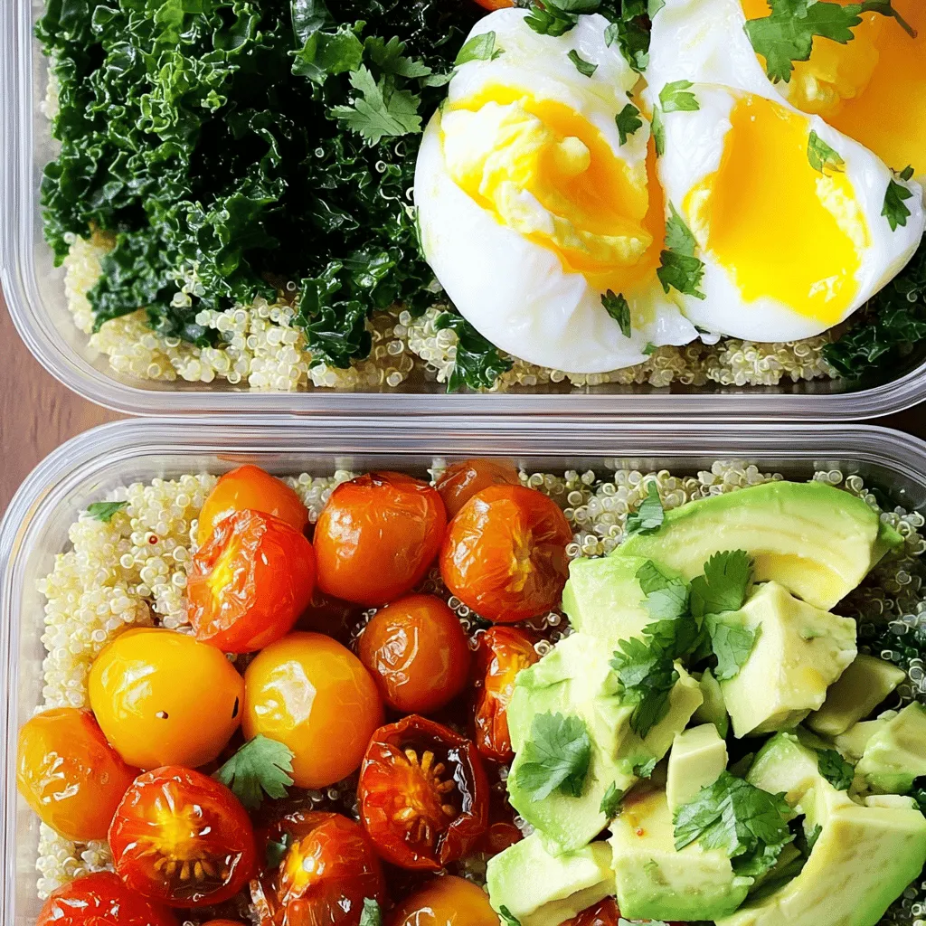 To make these healthy meal prep breakfast bowls, you will need the following: - 1 cup quinoa, rinsed - 2 cups vegetable broth or water - 4 large eggs - 1 cup cherry tomatoes, halved - 1 cup black beans, drained and rinsed - 1 avocado, diced - 1 cup kale, chopped - 1 tablespoon olive oil - 1 teaspoon garlic powder - 1 teaspoon paprika - Salt and pepper to taste - Fresh cilantro for garnish These ingredients work well together. They bring flavor and nutrition to your breakfast bowls. Each serving of these breakfast bowls offers great nutrients. Here’s a quick look at the nutrition: - Calories: 400 - Protein: 22g - Carbohydrates: 55g - Fat: 14g - Fiber: 12g These bowls provide a balanced meal. They keep you full and ready for the day. You can customize your bowls with these swaps: - Quinoa: Use brown rice or farro if you prefer. - Eggs: Try tofu for a vegan option. - Kale: Spinach or Swiss chard works great too. - Black beans: Chickpeas or lentils can be used instead. - Cherry tomatoes: Diced bell peppers or zucchini offer a different taste. - Avocado: Try Greek yogurt for creaminess without the fat. These swaps keep your bowls exciting and fresh. You can change flavors based on what you like. For the full recipe, check the details above. To make these breakfast bowls easy, gather all your ingredients first. You want to have everything ready before you start cooking. This helps save time and keeps you organized. You will need quinoa, eggs, veggies, and spices. 1. Start by rinsing 1 cup of quinoa under cold water. This removes the bitter coating. 2. In a saucepan, bring 2 cups of vegetable broth or water to a boil. Add the rinsed quinoa. 3. Reduce the heat to low, cover, and let it simmer for 15 minutes. The quinoa will be fluffy and ready. 4. While the quinoa cooks, preheat your oven to 375°F (190°C). Line a baking sheet with parchment paper. 5. Halve 1 cup of cherry tomatoes and place them on the baking sheet. Drizzle with 1 tablespoon of olive oil and sprinkle with garlic powder, paprika, salt, and pepper. 6. Roast the tomatoes for 15 minutes, until they are soft and slightly caramelized. 7. In a large pan, heat a drizzle of olive oil over medium heat. Add 1 cup of chopped kale and sauté for 3-5 minutes until it wilts. Season with salt and pepper before removing it from heat. 1. In another saucepan, bring water to a gentle simmer. 2. Crack 4 large eggs into the water one at a time. 3. Poach the eggs for 3-4 minutes. The whites should set, but the yolks stay runny. 4. Carefully remove the eggs with a slotted spoon and set them aside. Now, your quinoa, veggies, and eggs are ready. You can put everything together to build your Healthy Meal Prep Breakfast Bowls. Follow the [Full Recipe] for the final assembly. To save time, cook in batches. Make a big pot of quinoa. Use it for multiple meals. Prepare your veggies in advance. Wash and chop them, then store in the fridge. This keeps them fresh and ready to use. If you roast veggies, do it all at once. You can use them throughout the week. Use good broth or stock for cooking quinoa. It adds depth to the flavor. Season your veggies well with salt and pepper. Adding herbs, like thyme or rosemary, can boost taste. When you roast tomatoes, try using balsamic vinegar for extra sweetness. A sprinkle of lemon juice over the finished bowl brightens up all the flavors. Layer your ingredients in the right order. Start with quinoa at the bottom. This keeps it from getting soggy. Add black beans next, followed by sautéed kale. Then, top with roasted tomatoes and avocado. Place the poached egg on top last. This way, the yolk stays intact and looks great. Use clear containers to show off your colorful bowls. This makes them more appealing to eat. For the complete recipe, check out Healthy Meal Prep Breakfast Bowls. {{image_2}} You can switch up the base of your breakfast bowls. Quinoa is great, but you can use brown rice or farro too. These grains offer different tastes and textures. If you want a low-carb option, try cauliflower rice. It adds a nice crunch and is light on calories. You can add many proteins to your breakfast bowls. If you don’t like eggs, try scrambled tofu or chickpeas. Both options are tasty and keep your meal filling. For toppings, think about your favorites. Fresh fruits like berries or bananas can add sweetness. Nuts and seeds also add crunch and healthy fats. Use seasonal ingredients for the best flavors. In spring, toss in asparagus or radishes. Summer is great for zucchini and bell peppers. In fall, think about sweet potatoes or butternut squash. Winter brings hearty greens like spinach or Swiss chard. Using what’s in season can make your bowls even more delicious and fresh. For a full recipe, check out Healthy Meal Prep Breakfast Bowls. To keep your healthy meal prep breakfast bowls fresh, store them in the fridge. Use airtight containers to prevent moisture loss. Make sure the bowls cool down before sealing them. This helps keep the flavors intact. I recommend using your breakfast bowls within 4 to 5 days for the best taste and quality. Choosing the right containers makes meal prep easier. I like glass containers because they are durable and safe for the microwave. They also help you see the food inside. BPA-free plastic containers are another good option. Look for containers that are leak-proof to avoid spills. Label each container with the date for easy tracking. When you're ready to enjoy your breakfast bowl, reheat it in the microwave. Heat it for 1 to 2 minutes, stirring halfway through. This ensures even heating. If using the oven, preheat it to 350°F (175°C) and bake for about 10 minutes. Add a splash of water to keep it moist. If you want it to taste fresh, you can add a bit more avocado or herbs after reheating. For the full recipe, check out Healthy Meal Prep Breakfast Bowls. Yes, you can easily make these bowls vegan. Replace the eggs with tofu or chickpeas. Tofu can be scrambled or cubed for a protein boost. Chickpeas add a nice texture and flavor. You can also skip the eggs and add more veggies, like spinach or mushrooms. Use plant-based toppings and dressings to keep it fresh. The goal is to keep the meal tasty and filling. Breakfast bowls last about 4 to 5 days in the fridge. Store them in airtight containers to keep them fresh. For the best taste, eat them within this time. If you notice any changes in smell or texture, it’s best to toss them. To enjoy them longer, you can freeze the bowls. Just remember to thaw them overnight before reheating. If you want to swap quinoa, try brown rice or farro. Both options have great texture and nutrition. You could also use oats for a different flavor. Another choice is couscous, which cooks quickly. Each base adds its own twist to the bowls. Feel free to experiment with what you have on hand. For a low-carb option, try cauliflower rice. It’s light and still satisfying. In this post, we've explored healthy meal prep breakfast bowls. We covered key ingredients, their nutrition, and substitutions. You learned step-by-step how to prepare and cook quinoa, veggies, and poach eggs. I shared tips to save time and boost flavor while assembling your bowls. We also discussed variations to keep meals interesting and how to store them properly. Eating healthy can be simple and fun. You have the tools now to enjoy tasty breakfast bowls every day. Enjoy creating your own delicious and nutritious meals!