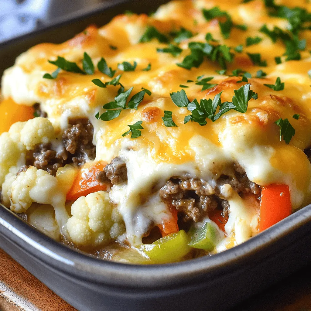 To make a delicious Cheesy Low Carb Philly Cheesesteak Casserole, you will need the following ingredients: - 1 lb. ground beef - 1 medium onion, diced - 1 bell pepper, diced - 2 cups cauliflower florets - 1 teaspoon garlic powder - 1 teaspoon Worcestershire sauce (optional) - Salt and pepper to taste - 2 cups shredded provolone cheese - 1 cup cream cheese, softened - Fresh parsley, chopped These ingredients create a filling dish that is both tasty and low in carbs. The ground beef gives it a savory base. The onion and bell pepper add sweetness and crunch. Cauliflower florets act as a great low-carb substitute for traditional pasta or bread. The cream cheese and provolone create a rich, creamy texture that binds everything together. Don't skip the fresh parsley; it adds a nice touch of color and freshness. This recipe is easy to follow, and the result is a warm, cheesy delight that everyone will enjoy. For the full recipe, check the detailed instructions that follow. - Preheat your oven to 375°F (190°C). - Brown the ground beef in a skillet. Cooking the ground beef is quick and easy. Use medium heat and break it apart as it cooks. If there’s extra fat, drain it before moving on. This keeps your dish light and tasty. - Sauté onion and bell pepper until soft. - Add cauliflower and seasonings, cook until tender. Next, add your diced onion and bell pepper. Sauté them until they soften, which takes about 5-7 minutes. Then, stir in the cauliflower florets, garlic powder, Worcestershire sauce, salt, and pepper. Cook this mixture for another 5-8 minutes. You want the cauliflower tender but not mushy. - Mix cream cheese and provolone together. - Stir the cheese mixture into the skillet and transfer to a baking dish. In a separate bowl, mix the cream cheese with one cup of provolone cheese. Blend them until creamy and smooth. Remove your skillet from heat and stir in the cheese mixture. This adds a rich flavor throughout. Then, pour everything into a greased 9x13-inch baking dish. Spread it out evenly to ensure proper baking. - Top with remaining cheese and bake for 20-25 minutes. - Let cool and garnish before serving. Sprinkle the remaining cup of provolone cheese on top. Bake your casserole in the oven for 20-25 minutes. Look for bubbly, golden cheese on top. Once it’s done, let it cool for a few minutes. Garnish with chopped fresh parsley before serving. This adds a nice touch of color and flavor. For the full recipe, check out the details above. - Use fresh cauliflower for the best texture. Fresh cauliflower gives a nice crunch. - Adjust salt and pepper to taste. This helps balance the flavors well. - Drain excess grease after cooking beef. This keeps your casserole from becoming greasy. - Ensure even baking by spreading the mixture uniformly. A level surface helps it cook evenly. - Serve with a side salad for a complete meal. A crunchy salad pairs perfectly with the dish. - Garnish with parsley for added color and flavor. Fresh parsley brightens the plate and lifts the taste. For the full recipe, check out the details in the earlier section! {{image_2}} You can make this casserole even better with a few swaps. Use ground turkey or chicken if you want a leaner option. Both meats add great flavor while cutting down on fat. For cheese, try cheddar or mozzarella instead of provolone. Each cheese brings a unique taste, making your dish exciting. Want to spice things up? Add sliced mushrooms or jalapeños for an extra kick. These ingredients add depth and heat. You can also play with spices or herbs. A dash of smoked paprika or some Italian herbs can change the flavor profile entirely. Get creative! If you prefer a lighter dish, replace cream cheese with cottage cheese. This keeps the texture creamy while lowering the fat. You might also consider adding zucchini noodles instead of cauliflower. Zucchini gives a fresh twist and adds more veggies to your meal. For the full recipe, check out the complete guide. To keep your Cheesy Low Carb Philly Cheesesteak Casserole fresh, store it in an airtight container in the refrigerator. It’s best to consume it within 3-4 days for optimal taste and texture. This way, you’ll enjoy the rich flavors and creamy goodness throughout the week without worry. If you want to save some for later, freeze the casserole in individual portions. This makes it easy to reheat whenever you're hungry. Simply thaw it overnight in the fridge before you plan to reheat it. This method keeps the flavors intact and the texture pleasant. When it's time to enjoy your leftovers, reheat the casserole in the oven or microwave. Make sure it’s heated through completely. To keep it moist, add a splash of cream or broth before reheating. This little trick helps to maintain that creamy texture, making every bite as delicious as the first. Prep time is approximately 15 minutes. This quick start makes it easy to enjoy this dish. Bake for 20-25 minutes until the cheese is bubbly and golden. You want that perfect cheese melt. Yes, you can prepare it a day in advance and bake it when ready to serve. This is great for busy days! It pairs well with a fresh salad or steamed vegetables. These sides add nice color and crunch. Absolutely! It keeps well for several days and reheats nicely. Enjoy leftovers for lunch or dinner! Yes, you can experiment with different low-carb vegetables like broccoli or spinach. This gives you tasty options to try. This blog post shared a simple way to make a Cheesy Low Carb Philly Cheesesteak Casserole. We covered the ingredients, steps, and helpful tips for perfecting your dish. You also learned about ingredient variations and smart storage methods. This recipe is tasty, easy, and great for meal prep. Enjoy creating your casserole, and feel free to mix it up with your favorite ingredients. Make it your own, and relish the delicious results!