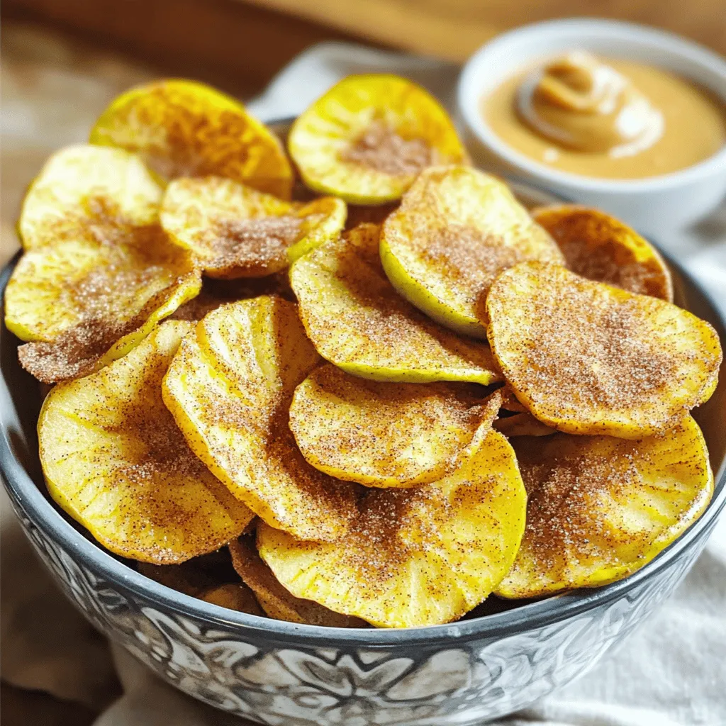- 2 large apples (Granny Smith or Honeycrisp) - 1 tablespoon cinnamon - 1 tablespoon sugar (or coconut sugar) - 1 teaspoon lemon juice - Pinch of salt You can use coconut sugar for a healthier option. This sugar has a lower glycemic index than regular sugar. For apples, Granny Smith is tart and firm. Honeycrisp is sweet and juicy. Both work well for flavor and texture. You need an air fryer. It should have a basket for even cooking. A mandoline or sharp knife is also important for slicing. Aim for thin slices, about 1/8 inch thick. This helps them cook evenly and become crunchy. To start, wash your apples well under cool water. This step is key to removing any dirt. Next, slice your apples thinly. Aim for 1/8 inch thick slices. This thickness helps them cook evenly. A mandoline works best for this, but a sharp knife is fine too. In a medium bowl, combine cinnamon, sugar, and a pinch of salt. Mixing these well gives your chips a great flavor. As you slice your apples, add lemon juice to them. This juice helps stop browning. It also adds a nice zing to your chips. Now, preheat your air fryer to 300°F (150°C). This should take about 5 minutes. Once it's ready, place the apple slices in a single layer in the basket. If you have a lot, cook them in batches. Air fry the slices for 15-20 minutes. Flip them halfway through cooking for even crisping. Keep an eye on them to avoid burning. They should be golden and crispy when done. To get the best crisp from your apple chips, set your air fryer to 300°F (150°C). This temperature works well for drying the apples without burning them. Slice your apples thinly, about 1/8 inch thick. Thin slices cook evenly and turn crispy faster. Cook in small batches. If you overcrowd the basket, the chips may not crisp up right. A single layer helps hot air circulate, giving you that perfect crunch. Flip the apple slices halfway through cooking for even crispness. Apple chips are tasty on their own, but you can get creative! Try serving them with almond butter or peanut butter for dipping. This adds flavor and protein, making it a fun snack. You can also sprinkle them over yogurt or oatmeal for a crunchy topping. Another idea is to use them in salads. Tossing apple chips into a green salad adds a nice texture and sweetness. They make a great snack for kids or a healthy treat for adults. Watch the cooking time closely. Overcooking leads to burned chips. Start with 15 minutes, but keep an eye on them for doneness. If you notice them browning too fast, lower the temperature slightly. Ensure good air circulation in the air fryer. If the slices are too close together, they will steam instead of crisp. This can make your apple chips chewy instead of crunchy. Following these tips will help you enjoy the best air fryer cinnamon apple chips. {{image_2}} You can enhance your air fryer cinnamon apple chips with fun flavors. Try adding nutmeg for a warm spice kick. A dash of vanilla extract will also add a sweet touch. Feel free to experiment! You might also enjoy mixing in ginger or cardamom for a unique twist. Just remember, a little goes a long way. Keep the cinnamon as your base, and add your chosen spices to the sugar mix. This simple change can make your chips stand out. You can make chips from other fruits like pears or peaches. Just slice them thin, like the apples. Pears will need a cooking time of about 10 to 15 minutes. Peaches may take a bit longer, often around 15 to 20 minutes. Always check for crispiness! Different fruits bring different flavors and textures, so don’t hesitate to try new combinations. You can even mix fruits for a colorful snack. If you don’t have an air fryer, you can use a dehydrator. This method takes longer, usually around 6 to 8 hours. However, it keeps the fruit’s natural flavor intact. Compared to air frying, the dehydrator uses low heat. This method helps preserve nutrients better. Both methods create delicious chips, but the air fryer gives you a quicker, crunchier result. Choose the one that suits your time and taste! For the full recipe, check out Air Fryer Cinnamon Apple Chips . To keep your apple chips crispy, store them in an airtight container. Glass jars or plastic bags work well. Make sure to let them cool completely before sealing. Warmth can create moisture, which makes chips soggy. Keep them in a cool, dry place, away from sunlight. Avoid storing them in the fridge, as it adds humidity. Homemade apple chips can last up to two weeks when stored properly. After two weeks, their taste and texture may change. Signs of spoilage include a soft texture or an off smell. If they lose their crunch, it’s best to toss them. To restore crispiness, place the apple chips in the air fryer for a few minutes at 300°F (150°C). You can also use an oven at the same temperature. Watch them closely to avoid burning. After reheating, serve the chips right away for the best taste. Enjoy your crunchy snack! For the full recipe, check out the details above. Yes, you can make apple chips in an oven or a dehydrator. For the oven, slice the apples thinly and place them on a baking sheet. Set the oven to 200°F (93°C) and bake for 1 to 2 hours. Flip the slices halfway through for even cooking. A dehydrator will take about 6 to 8 hours. Just make sure to slice the apples evenly for the best results. To keep apple chips from browning, use lemon juice. After slicing, toss the apples in a bowl with lemon juice right away. This helps slow down the browning process. You can also soak the slices in a mix of water and lemon juice for about 5 minutes before cooking. Yes, air fryer cinnamon apple chips are a healthy snack! Air frying uses less oil than traditional frying. This means fewer calories and less fat. Apples are rich in fiber and vitamins, making them a nutritious choice. You can use coconut sugar to lower the sugar content even more. If your apple chips aren't crispy, check the thickness of your slices. Thinner slices crisp better. Also, ensure you spread them out in a single layer in the air fryer. If they are too crowded, they won’t cook evenly. If they still lack crunch, air fry them a bit longer, checking every few minutes to avoid burning. Making crunchy apple chips is both fun and easy. You need a few simple ingredients, like apples and spices. We covered how to prepare the apples, mix spices, and use the air fryer. I shared tips for a perfect crisp and fun serving ideas. In the end, making healthy apple chips opens the door to endless flavors. Experiment with different fruits and spices. Now, you can enjoy tasty snacks that satisfy your cravings and impress your friends. Happy cooking!