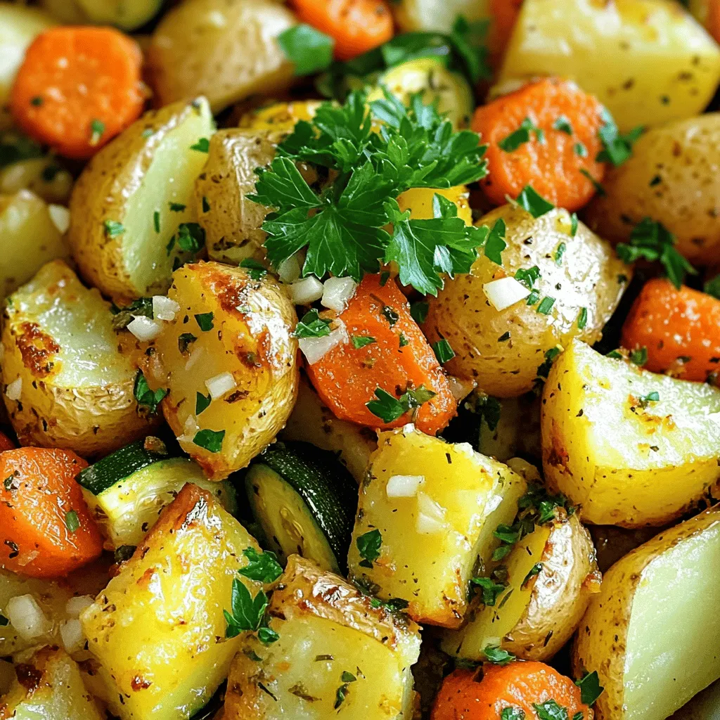 - 4 medium potatoes, diced - 3 large carrots, sliced into thin rounds - 2 medium zucchinis, chopped into half-moons - 4 cloves garlic, minced - 3 tablespoons olive oil - 1 teaspoon dried oregano - 1 teaspoon dried thyme - 1 teaspoon rosemary, chopped - Salt and pepper to taste - Fresh parsley, chopped (for garnish) Gathering these ingredients is key to making Garlic Herb Roasted Potatoes, Carrots & Zucchini. Each item plays a role in creating a dish that bursts with flavor and color. The potatoes give you that hearty base. The carrots add a touch of sweetness, while the zucchini brings in a fresh crunch. Next, garlic and olive oil serve as the flavor anchors. Garlic offers a warm, rich taste that makes everything better. Olive oil helps the veggies roast beautifully. Herbs like oregano, thyme, and rosemary add depth. They work together to create a fragrant mix. Don’t forget salt and pepper! These simple seasonings can elevate your dish. Finally, fresh parsley makes a lovely garnish. It adds a pop of color and freshness to your meal. For the full recipe, check out the complete guide to making Garlic Herb Roasted Potatoes, Carrots & Zucchini. - Preheat your oven to 425°F (220°C). - In a mixing bowl, combine diced potatoes, sliced carrots, and chopped zucchinis. - Add minced garlic, olive oil, oregano, thyme, rosemary, salt, and pepper. - Toss the mixture so all the veggies are well coated. - Spread the mixture evenly on a baking sheet lined with parchment paper. - Roast for 25-30 minutes. Check for tenderness and browning halfway through. This method ensures your Garlic Herb Roasted Potatoes, Carrots & Zucchini come out perfectly every time. For the full recipe, refer to the earlier section. Enjoy the vibrant flavors! To make your garlic herb roasted potatoes, carrots, and zucchini truly shine, use fresh herbs instead of dried. Fresh herbs add a bright and lively taste. You can also marinate the vegetables in olive oil and herbs for a few hours or overnight. This extra step helps the veggies soak up all those delicious flavors. Cut your vegetables into uniform sizes. This ensures they cook evenly. I recommend aiming for about one-inch pieces. Stir the mix halfway through roasting. This helps with even browning and prevents any sticking. Your goal is tender veggies with a nice golden color. These roasted veggies pair well with protein like grilled chicken or fish. They also work great as a main dish for a vegetarian meal. Serve them hot as a side dish or on a bed of grains like quinoa or rice. You can even top them with a sprinkle of feta cheese for an extra treat. For the full recipe, check out the details above. {{image_2}} You can easily change up the vegetables in this dish. Try using bell peppers, broccoli, or asparagus. Each adds its own color and flavor. Bell peppers bring sweetness, while broccoli adds crunch. Asparagus gives a fresh taste. Mixing these with potatoes, carrots, and zucchini makes a vibrant dish. If you like heat, add some spices. Cayenne pepper or paprika can spice things up. A pinch of cayenne gives a nice kick. Paprika adds a smoky flavor without too much heat. Adjust the amount to your taste. These spices can change the whole flavor profile. This recipe is naturally vegan and gluten-free. Just make sure your seasonings are safe. Use fresh herbs for extra flavor, and check all labels. You can also add a squeeze of lemon for brightness. These adjustments ensure everyone can enjoy this tasty dish. For more detailed cooking steps, check out the Full Recipe. To keep your Garlic Herb Roasted Potatoes, Carrots, and Zucchini fresh, place them in an airtight container in the fridge. This method helps maintain the flavor and texture for up to three days. Make sure to let the vegetables cool completely before sealing them in. When you’re ready to enjoy your leftovers, you have a couple of options. The microwave is quick and easy, but the oven gives you better results. For the oven, preheat it to 350°F (175°C). Spread the vegetables on a baking sheet and reheat for about 15 minutes. This keeps them crispy and delicious. If you want to save some for later, freezing is a great option. First, let the roasted vegetables cool down. Then, place them in a freezer-safe bag or container. Try to remove as much air as possible to prevent freezer burn. To reheat, simply thaw in the fridge overnight. Then, use the oven method for the best taste. Enjoy your meal anytime! For the full recipe, check out the earlier details. To get the best results, roast your vegetables for about 25 to 30 minutes at 425°F (220°C). You want the potatoes and carrots to be tender and slightly browned. Halfway through, stir the veggies to ensure even cooking and browning. This simple step brings out their best flavor and texture. Yes, you can swap the herbs for others you like. Basil adds a sweet note, while cilantro gives a fresh kick. Dill works well too, especially with zucchini. Each herb brings its own taste, so feel free to mix and match. Experimenting with herbs can lead to fun new flavors in your dish. Roasted vegetables pair well with many dishes. Serve them alongside grilled chicken or fish for a hearty meal. They also shine as a side for pasta or rice dishes. If you want a vegetarian option, add them to a salad or grain bowl. You can even toss them into wraps for a tasty lunch. This blog post showed how to make delicious roasted veggies with simple, fresh ingredients. You learned the right techniques for preparing and roasting, plus helpful tips for great flavor and texture. Don’t forget to experiment with your favorite veggies and seasonings for a unique twist. Feel free to store any leftovers safely and enjoy them later. Cooking should be fun and creative, so try new things and make this recipe your own. Happy cooking!