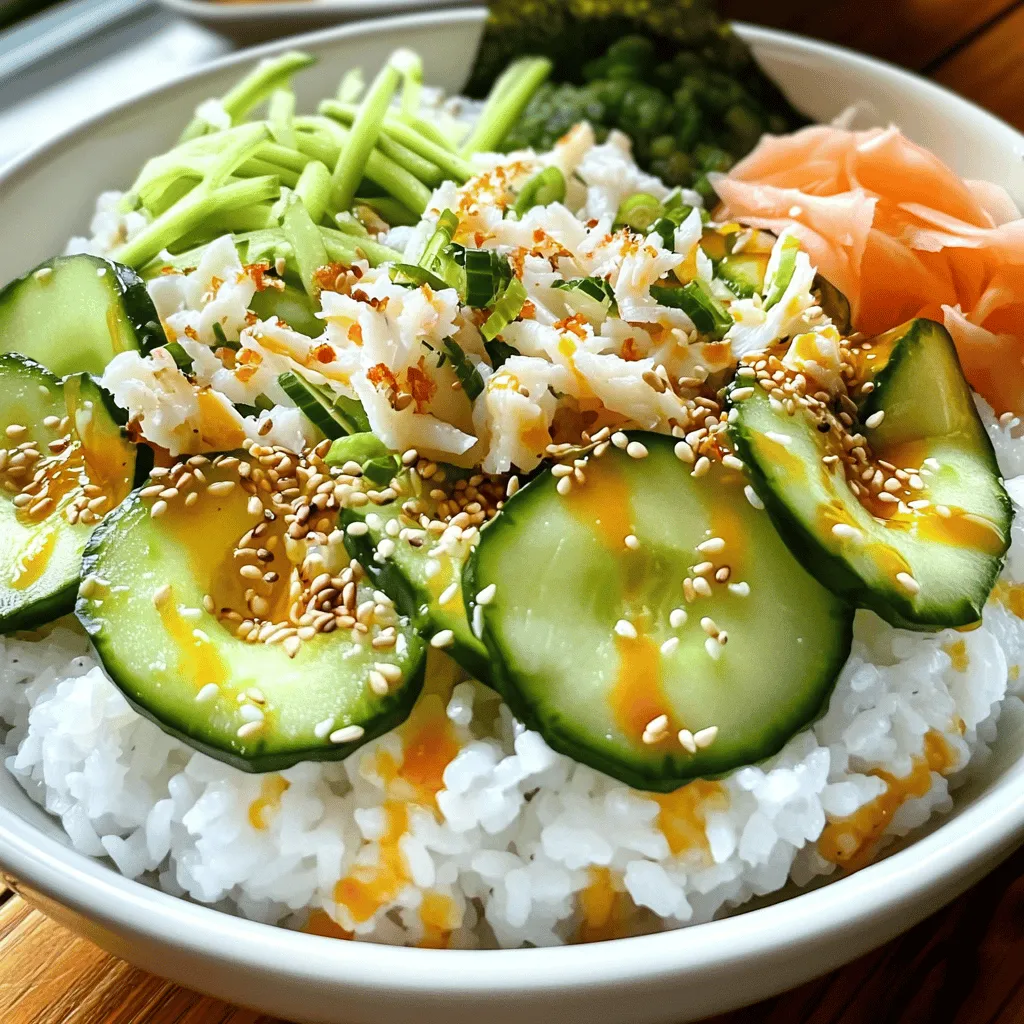- 1 cup sushi rice - 1 ¼ cups water - 2 tablespoons rice vinegar - 1 tablespoon sugar - ½ teaspoon salt For the California Roll Sushi Bowls, we start with sushi rice. This rice is sticky and perfect for holding the bowl together. You need one cup. Next, add 1 ¼ cups of water. The water helps cook the rice and makes it tender. You also need rice vinegar, sugar, and salt. Combine two tablespoons of rice vinegar with one tablespoon of sugar and ½ teaspoon of salt. This mix gives the rice its special flavor. - 1 avocado, sliced - 1 cucumber, julienned - 1 cup imitation crab meat, shredded - 2 sheets nori, cut into thin strips - 2 tablespoons sesame seeds Now let’s talk toppings. First, slice one ripe avocado. Its creamy texture adds richness. Next, julienne one cucumber. This gives a nice crunch. For protein, use one cup of imitation crab meat, shredded. It mimics the classic California roll, making it fun and tasty. Don’t forget the nori! Cut two sheets into thin strips. They add a sea flavor. Finally, sprinkle two tablespoons of sesame seeds on top for crunch and flavor. - Soy sauce, for drizzling - Wasabi and pickled ginger, for serving For serving, drizzle soy sauce over your bowl. It adds a salty kick. You can also serve wasabi and pickled ginger on the side. These add extra flavor and spice to your meal. Follow this guide for the best California Roll Sushi Bowls. For the full recipe, check out the section above. Enjoy your cooking! - Rinse and drain sushi rice. This removes excess starch. - Combine rice and water in a saucepan. Use 1 cup of rice and 1 ¼ cups of water. - Cook and season the rice. Bring to a boil, cover, and simmer for 20 minutes. After cooking, mix in rice vinegar, sugar, and salt. This adds flavor. - Prepare a serving bowl with seasoned rice. Use a generous portion as your base. - Layer with avocado, cucumber, and imitation crab meat. These ingredients make the bowl colorful and tasty. - Add sesame seeds and nori strips. This gives the bowl a nice crunch and flavor. - Drizzle with soy sauce. Adjust the amount to your taste. - Serve with wasabi and pickled ginger. These add a spicy kick and complement the flavors. You can follow the Full Recipe for more details on making California Roll Sushi Bowls. Rinsing sushi rice is a must. This helps remove excess starch. Rinsing gives you fluffy rice, not sticky. Use a fine mesh strainer, and rinse until the water runs clear. The water-to-rice ratio is key. I recommend 1 ¼ cups water for each cup of rice. This ratio works well for tender rice that holds its shape. Adjust this if you prefer softer or firmer rice. Don’t be afraid to mix things up! Try adding extra toppings like carrots or radishes. Each topping brings a unique flavor and texture to your bowl. Sauces can make or break your dish. Homemade sauces often taste fresher. They can add a personal touch that store-bought sauces lack. If you choose store-bought, go for the best quality you can find. Pair your sushi bowls with a warm bowl of miso soup. This classic combo enhances the meal. Miso soup adds warmth and depth to your dining experience. Consider sides that complement your bowl. Pickled veggies or edamame are great choices. They add crunch and balance the flavors in your sushi bowl. {{image_2}} You can make a vegetarian version of California roll bowls. Start by replacing imitation crab with tofu. Tofu is a great source of protein. It absorbs flavors well. Just press and cube it before adding. You can also sauté it for extra flavor. Adding extra veggies makes it colorful and crunchy. Consider using carrots and radishes. They add a nice crunch and bright color. You can also add bell peppers or sprouts. These options make your bowl fun and fresh. Want some heat? Try spicy California roll bowls. You can add spicy mayo for a kick. Mix mayonnaise with sriracha. Adjust the heat to your liking. Drizzle it over the top for a creamy texture. You can also choose spicy crab or seafood options. Many stores sell spicy versions of imitation crab. This adds a nice twist to your bowl. Enjoy the blend of spicy and fresh flavors. For a low-carb option, use cauliflower rice instead of sushi rice. Cauliflower rice has fewer carbs and is still tasty. Just pulse cauliflower florets in a food processor. Sauté it lightly to get rid of the moisture. You can also add more fresh vegetables to your bowl. Cucumber, lettuce, and avocado work well. This keeps your meal light and healthy. Enjoy the crunch and freshness without the carbs. For the full recipe, check out the California Roll Sushi Bowls. To keep your California Roll Sushi Bowls fresh, store the rice and toppings separately. Sushi rice can dry out, so use an airtight container. For toppings like avocado and cucumber, use a small bowl or wrap them in plastic wrap. This helps keep them fresh and prevents browning. You can reheat sushi rice easily without losing its texture. Place the rice in a bowl and add a splash of water. Cover it with a damp paper towel. Microwave for about 30 seconds to 1 minute. Stir and heat more if needed. Keep your toppings fresh by adding them after reheating. Sushi rice stays good for up to three days in the fridge. Toppings like avocado and cucumber last about two days. Imitation crab meat is safe for up to three days. Always look for signs of spoilage. If anything smells off or looks slimy, it’s better to toss it. To make California roll sushi bowls, start with the rice. Rinse 1 cup of sushi rice under cold water until it runs clear. Drain it well. In a medium saucepan, combine the rice with 1 ¼ cups of water. Bring it to a boil over medium heat. Then, lower the heat, cover, and let it simmer for 20 minutes. This makes the rice soft and fluffy. While the rice cooks, mix 2 tablespoons of rice vinegar, 1 tablespoon of sugar, and ½ teaspoon of salt in a bowl. Stir until dissolved. Once your rice is done, let it sit for 10 minutes. Then, gently fold in the vinegar mix. This gives the rice that classic sushi flavor. Next, grab a serving bowl. Add a portion of your seasoned rice as the base. Top it with sliced avocado, julienned cucumber, and shredded imitation crab meat. For a nice crunch, sprinkle 2 tablespoons of sesame seeds and nori strips on top. Finally, drizzle some soy sauce over the bowl to taste. Serve it with wasabi and pickled ginger on the side. Enjoy your meal! If you don’t want to use imitation crab, there are great options. You can use real crab meat if you like seafood. Cooked shrimp or even sliced cooked salmon work well, too. For a vegetarian twist, try using tofu. Tofu absorbs flavors well and gives you that satisfying texture. You can also use cooked chicken for a different taste. Feel free to mix in any seafood or protein you enjoy. Yes, you can make sushi bowls ahead of time! If you want to meal prep, cook your rice first. Let it cool down before storing it. You can keep it in the fridge for up to 3 days. For toppings, prepare them fresh but store them separately. This way, they stay crisp and tasty. Assemble your bowls just before eating. This keeps everything fresh and delicious! In this blog post, we explored how to create delicious California Roll Sushi Bowls. We covered key ingredients like sushi rice, avocado, and imitation crab. You learned step-by-step instructions for preparing the rice and assembling the bowl. We also shared tips for storage and fresh toppings. Remember, sushi bowls are customizable and fun. You can experiment with different flavors and ingredients. Enjoy making these bowls at home for a tasty meal!