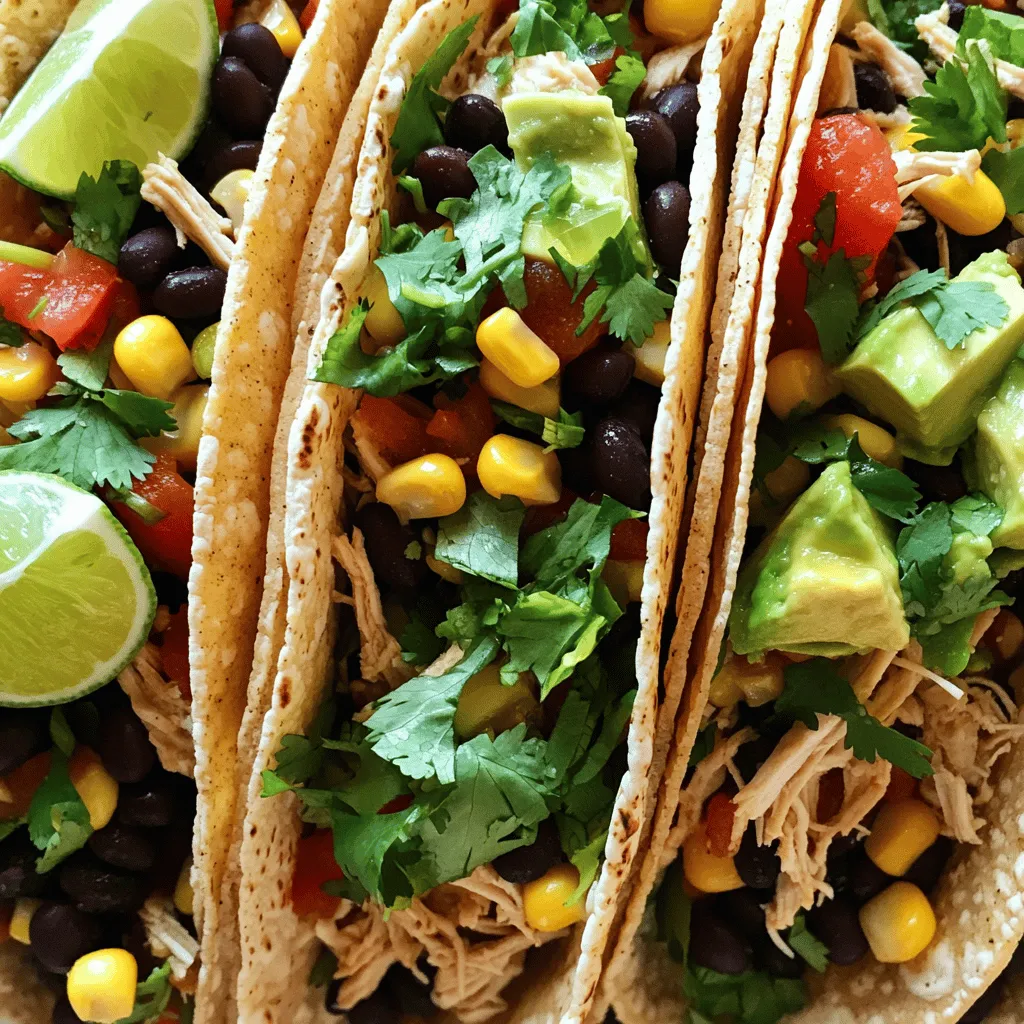 - 2 lbs boneless, skinless chicken breasts - 1 can (15 oz) black beans, drained and rinsed - 1 can (15 oz) corn, drained - 1 medium onion, diced - 2 cloves garlic, minced - 1 cup diced tomatoes (fresh or canned) The main ingredients create a tasty base for these tacos. The chicken gives protein, while black beans and corn add fiber and texture. Diced onion and garlic bring flavor that makes your meal more exciting. Fresh or canned tomatoes offer a juicy element that balances the dish. - 1 tablespoon chili powder - 1 teaspoon cumin - 1 teaspoon smoked paprika - Salt and pepper to taste The spices and seasonings are key to vibrant flavors. Chili powder adds heat, while cumin gives depth. Smoked paprika introduces a subtle smokiness. Salt and pepper bring all these flavors together, making them pop. - Tortillas (whole wheat or corn) for serving - Toppings: chopped cilantro, diced avocado, shredded lettuce, lime wedges, salsa These tacos are best served in warm tortillas. Whole wheat or corn tortillas add unique tastes. Toppings like cilantro, avocado, and lime wedges enhance freshness. A dollop of salsa adds zest, making each bite a fiesta. For the full recipe, check the details above. - Layering the Chicken Start by placing the chicken breasts at the bottom of the crockpot. This helps keep the chicken moist as it cooks. - Mixing the Vegetables and Spices In a separate bowl, add the black beans, corn, diced onion, minced garlic, and diced tomatoes. Mix them well. Then, sprinkle in the chili powder, cumin, smoked paprika, olive oil, salt, and pepper. Stir until all the veggies are coated with the spices. - Setting the Crockpot Temperature Cover the crockpot and set it to low or high. Cooking on low lets the flavors blend better, but high works if you're short on time. - Cooking Time Recommendations Cook on low for 6-8 hours or on high for 3-4 hours. Check that the chicken is fully cooked and tender before moving on. - Shredding the Chicken Once the chicken is cooked, use two forks to shred it right in the crockpot. This keeps it juicy and flavorful. - Combining Ingredients Mix everything in the crockpot to ensure the chicken and veggies are well combined. This adds depth to each bite. Serve the taco filling in warm tortillas, and add your favorite toppings for a tasty meal. Enjoy! For the complete recipe, see the [Full Recipe]. - Ensuring Tender Chicken To get tender chicken, use boneless, skinless breasts. Cook on low heat for 6-8 hours. High heat works too, but it cooks faster in 3-4 hours. Shred the chicken when done. This lets it soak in all the tasty juices. - Flavor Enhancements Add spices like chili powder, cumin, and smoked paprika. They bring warmth and depth to your dish. Fresh garlic and onion also boost flavor. For more zing, add lime juice just before serving. - Best Tortilla Choices Whole wheat tortillas are a great choice for health. They add fiber and taste. Corn tortillas are another option if you prefer a gluten-free meal. Warm them up before serving for a better bite. - Recommended Toppings Top your tacos with fresh cilantro, diced avocado, and shredded lettuce. A squeeze of lime brightens the flavors. Salsa adds a nice kick. Mix and match toppings to suit your taste. - Low-Calorie Modifications Use skinless chicken and low-sodium beans to cut calories. You can swap regular tortillas for whole wheat or corn. This keeps the meal light but still filling. - Nutritional Enhancements Add extra veggies like bell peppers or spinach for more vitamins. You can also use Greek yogurt instead of sour cream. This adds creaminess with less fat. Enjoy your Healthy Crockpot Chicken Tacos with these smart swaps! For the full recipe, check the detailed instructions above. {{image_2}} Gluten-Free Options To make healthy crockpot chicken tacos gluten-free, use corn tortillas. They add a nice crunch. Always check labels on other ingredients, like canned goods. Look for gluten-free versions of salsa or spices. Vegetarian Alternatives For a vegetarian twist, replace chicken with chickpeas or lentils. Cook them just like the chicken. You can also add more beans or vegetables. This keeps the dish filling and tasty. Adding Different Vegetables Feel free to mix in extra veggies. Bell peppers, zucchini, or spinach work well. You can add them with the other ingredients. This boosts nutrition and makes each bite colorful. Experimenting with Spices Try new spices for different flavors. Add cayenne for heat or oregano for an earthy taste. You can also mix in taco seasoning for a twist. This keeps the recipe fresh every time. Unique Topping Ideas Get creative with toppings! Try pickled onions or crumbled feta. You can also use jalapeños for a kick. Each topping adds a new layer of flavor. Side Dish Pairings Serve these tacos with brown rice or a fresh salad. A side of guacamole pairs well too. These sides balance the meal and keep it light. Enjoy your healthy crockpot chicken tacos with your chosen sides and toppings! To store leftovers from your Healthy Crockpot Chicken Tacos, place the filling in an airtight container. Make sure it cools down first. You can keep it in the fridge for up to four days. When you want to enjoy it again, reheat in the microwave or on the stove. Heat to at least 165°F to ensure it's safe. If you want to save some taco filling for later, freezing works great. Let the filling cool completely. Then, transfer it to a freezer-safe bag or container. Squeeze out as much air as you can before sealing. The taco filling can last in the freezer for three months. When you're ready to eat, thaw it overnight in the fridge. For faster thawing, you can use the microwave. Just make sure to stir it often while reheating. How long can you keep it? In the fridge, the taco filling lasts about four days. In the freezer, it can last up to three months. Always check for signs of spoilage. If you see mold or if it smells off, it's best to toss it out. Storing your food correctly helps keep it fresh and tasty for your next meal! Can I use frozen chicken? Yes, you can use frozen chicken. Just add an extra hour to the cooking time. It will still be juicy and tender. How do I make these tacos spicier? To add spice, mix in jalapeños or cayenne pepper. You can also use a spicy salsa as a topping. What can I substitute for black beans? You can use pinto beans or kidney beans. Lentils also work well for a different taste and texture. Are these tacos low in calories? Yes, these tacos are low in calories. You can enjoy a satisfying meal without guilt. Can I add more vegetables? Absolutely! You can add bell peppers, zucchini, or spinach. More veggies boost nutrition and flavor. Can this recipe be doubled? Yes, this recipe can be doubled. Just use a larger crockpot and adjust the cooking time if needed. What can I serve with these tacos? You can serve them with a side of rice or a fresh salad. Guacamole and chips also make a great pair. For the full recipe, check out the Healthy Crockpot Chicken Tacos section above. This blog post covered a fun and tasty recipe for healthy crockpot chicken tacos. We talked about the key ingredients, spices, and serving ideas. You learned how to prepare, cook, and enhance the dish. Plus, I shared tips for storage and variations to fit your needs. With these steps, you can make delicious tacos that are easy to enjoy. Cooking can be fun, and these tacos meet your health goals, too. Now, you're ready to impress your friends and family with your cooking skills!