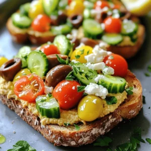 To make Mediterranean Hummus Toast, gather these key ingredients: - 1 cup hummus (store-bought or homemade) - 4 slices of whole grain or sourdough bread - 1 medium cucumber, diced - 1 cup cherry tomatoes, halved - 1/4 red onion, finely chopped - 1/4 cup Kalamata olives, pitted and sliced - 1/4 cup feta cheese, crumbled (optional) - 2 tablespoons olive oil - 1 tablespoon fresh lemon juice - 1 teaspoon dried oregano - Salt and pepper to taste - Fresh parsley or basil for garnish These fresh ingredients come together to create a tasty and healthy meal. When choosing hummus, you can go with classic or flavored options. Classic hummus has a smooth and rich taste. You might also try garlic, roasted red pepper, or spicy hummus for a fun twist. Each type adds its own unique flavor to your toast. I suggest using a creamy hummus for a better spread. Sourdough and whole grain bread work well for this recipe. Sourdough adds a tangy taste, while whole grain gives a nutty flavor. Both types toast up nicely. Make sure to toast them until they are crisp and golden brown. This will give your hummus a great base and texture. For a gluten-free option, use gluten-free bread that you enjoy. For the full recipe, check out the complete instructions and enjoy every bite! To start, take your bread slices. Toast them until they are golden brown. Aim for that perfect crunch. You want a solid base for your toppings. Next, grab a bowl. Mix your diced cucumber, halved cherry tomatoes, chopped red onion, and sliced olives. This colorful mix adds flavor and freshness. Set this aside while you prepare your dressing. In another bowl, whisk together olive oil, lemon juice, dried oregano, salt, and pepper. This dressing brings everything together. Now comes the fun part. Spread a thick layer of hummus on each toasted slice. Go for a generous amount; it makes the toast creamy and rich. Then, take your vegetable mixture and spoon it over the hummus. Make sure to cover each slice evenly. If you like feta, sprinkle some crumbles on top for added taste. Finally, garnish each toast with fresh parsley or basil. This adds a pop of color and extra flavor. For the best toast, I recommend using a toaster or an oven. If using an oven, preheat it to 400°F (200°C). Place the bread directly on the oven rack for even heating. Toast for about 5 to 7 minutes. Keep an eye on it to avoid burning. You want it crispy but not too dark. If you like, brush the bread with olive oil before toasting. This will enhance the flavor and help it crisp up nicely. Preparing the vegetable topping is easy and fun. Start by washing all your veggies. Chop the cucumber into small, bite-sized pieces. Halve the cherry tomatoes carefully. Finely chop the red onion for a nice kick. Take your Kalamata olives and slice them thinly. In a bowl, combine all these vegetables. This mix brings freshness and crunch to your toast. Toss them gently to mix all the flavors well. Once done, set this mixture aside until you are ready to assemble your toast. You can make hummus toast your own. Try different hummus flavors like roasted red pepper or garlic. Each adds unique taste. You can also swap toppings. Consider adding sliced avocado or radishes. For a kick, add a sprinkle of chili flakes. Mix and match to find your favorite! Mediterranean food is good for you. Hummus is packed with protein and fiber. This helps keep you full and energized. Fresh veggies add vitamins and minerals. Olives provide healthy fats for heart health. Feta cheese, if you use it, adds calcium. Eating this toast supports a balanced diet. Serve hummus toast with a side salad for a big meal. A simple green salad pairs well. You can add lemon juice for more flavor. For a light lunch, enjoy it with soup. Try tomato soup or lentil soup. This adds warmth and comfort to your meal. Want to explore more? Check the Full Recipe to dive deeper into deliciousness! {{image_2}} If you need gluten-free bread, you have many choices. Look for gluten-free bread made from rice flour or almond flour. Many brands offer soft, tasty options that toast well. You can also try using corn tortillas or even lettuce wraps for a low-carb option. Just make sure to toast them lightly to get that crunch. To make this dish vegan, skip the feta cheese. You can replace it with nutritional yeast for a cheesy flavor. Another tasty choice is using avocado slices or a vegan cream cheese. These options add creaminess without any animal products. Just layer them on top of your hummus for a delightful twist. Get creative with your toppings! Here are some fun ideas: - Add roasted red peppers for a sweet kick. - Use sliced radishes for a fresh crunch. - Toss in some arugula for a peppery bite. - Sprinkle sesame seeds for extra texture. - Top with a drizzle of balsamic glaze for sweetness. Feel free to mix and match these toppings to create your perfect Mediterranean Hummus Toast. These variations make the dish fun and exciting every time you prepare it. For more ideas, check out the Full Recipe. To store leftover Mediterranean hummus toast, wrap each slice in plastic wrap. Keep it in the fridge for 1 to 2 days. If you have toppings left, store them in a separate container. This keeps them fresh and prevents sogginess. Fresh ingredients make the toast shine. Keep vegetables like cucumbers and tomatoes in the fridge. Use them within a week for the best taste. Store olives and feta cheese in airtight containers. This helps keep them fresh longer. When reheating, toast the bread slices again. This will bring back their crispiness. You can also use an oven for even heating. Preheat it to 350°F (175°C), and warm the toast for about 5 minutes. This method keeps the texture just right. Enjoy your Mediterranean hummus toast fresh and flavorful! For the complete recipe, check out the Full Recipe section. Yes, you can prepare parts of this dish in advance. Toast the bread and store it in an airtight container. You can also make your veggie mix ahead of time. Just keep it in the fridge. Spread the hummus on the bread right before serving. This keeps the toast crisp. If you want a dairy-free option, try using vegan feta cheese. There are many brands available. You can also use tofu. Crumble it and add a splash of lemon juice for flavor. Another great choice is to use nutritional yeast. It adds a cheesy taste without dairy. To add some heat, sprinkle red pepper flakes on top of your hummus. You can also mix in some hot sauce with the hummus. For a fresh kick, add sliced jalapeños. If you like, use spicy olives instead of regular ones. Adjust the spice to fit your taste! Mediterranean Hummus Toast is fun and healthy. You can mix and match ingredients as you like. Use good bread and fresh veggies for best taste. Remember to toast your bread right for that perfect crunch. You can store leftovers well and reheat them, keeping your meal fresh. Try the hints and ideas shared to make your meal your own. Enjoy making various styles while fueling your body with nutritious food.