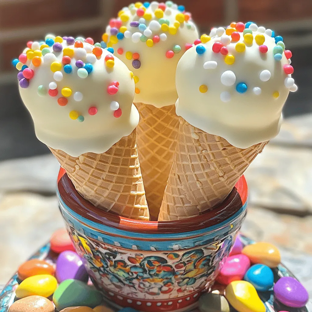 - 1 box of vanilla cake mix - 3 large eggs - 1/2 cup vegetable oil - 1 cup water - 1/2 cup frosting (any flavor, but vanilla works great) - 12 mini ice cream cones - 1 cup white chocolate chips - 2 tablespoons coconut oil (or shortening) - Sprinkles (optional, for decoration) To make Ice Cream Cone Cake Pops, gather all these items first. The vanilla cake mix gives a soft base. You need eggs for moisture and structure. Vegetable oil keeps the cake tender. Water helps mix everything smoothly. The frosting adds sweetness and binds the cake crumbs. Mini ice cream cones create a fun shape. White chocolate chips provide the perfect outer layer. The coconut oil makes the melted chocolate shiny and smooth. Sprinkles are a fun touch on top, but they are optional. Having these ingredients ready makes the process easy. Use high-quality ingredients for the best flavor. This will ensure your cake pops turn out delicious and fun! If you want to see the complete process, check the Full Recipe. 1. Preheat your oven to 350°F (175°C). Line a muffin tin with paper liners. 2. In a large bowl, mix the cake mix, eggs, oil, and water. Stir until smooth. 3. Pour the batter into the muffin tin, filling each liner halfway. 4. Bake for 15-18 minutes. A toothpick should come out clean when inserted. 5. Cool the cupcakes in the tin for 5 minutes. Then, move them to a wire rack to cool completely. 1. Once cooled, crumble the cupcakes into a large bowl. Aim for fine crumbs. 2. Add the frosting to the crumbled cupcakes. Mix until fully combined; it should feel moist. 3. Roll the mixture into 1-inch balls. Place them on a parchment-lined baking sheet. 4. Freeze the cake balls for about 30 minutes until they feel firm. 1. Melt white chocolate chips in a microwave-safe bowl. Stir in coconut oil until smooth. 2. Take the cake balls from the freezer. Insert a mini ice cream cone into each ball. 3. Dip each cake pop into the melted chocolate. Let the excess chocolate drip off. 4. If you like, sprinkle colorful sprinkles on top before the chocolate sets. 5. Place the cake pops in a block of foam or a tall glass to hold them upright. 6. Let the chocolate harden at room temperature or refrigerate for quicker results. For more details, check out the Full Recipe. - Set your oven to 350°F (175°C). This helps cupcakes bake evenly. - Use an oven thermometer to check the real temperature. This ensures perfect results. - Cool the cupcakes in the tin for 5 minutes. Then move them to a wire rack. This helps them cool faster and avoids sogginess. - Crumble the cooled cupcakes until they are fine. Aim for a sandy texture. - Add frosting slowly. Mix until it feels moist but not too sticky. This helps form the cake balls easily. - Roll the mixture into 1-inch balls. If they fall apart, add more frosting to bind them. - Melt your white chocolate chips in short bursts in the microwave. Stir between each burst until smooth. - Mix in coconut oil for a shiny finish. This helps the chocolate coat evenly. - Dip each cake pop quickly. Let the excess chocolate drip off before sprinkles. - Add sprinkles right after dipping. This way, they stick well to the wet chocolate. For a full recipe, check out the [Full Recipe]. {{image_2}} You can change the cake flavor to fit your taste. Try chocolate cake mix for a rich twist. Red velvet gives a fun color and flavor. Lemon cake mix adds a zesty touch. You can also use funfetti for a festive look. Frosting options are endless! Chocolate frosting pairs well with vanilla cake. Cream cheese frosting is great with red velvet. Try strawberry or mint frosting for a fruity kick. Each choice adds a unique taste to your Ice Cream Cone Cake Pops. Get creative with decorations for your cake pops. For a birthday party, use bright colors and themed sprinkles. You can match the colors to party themes. For holidays, use red and green for Christmas, or pastel colors for Easter. Add small candy eyes for a fun, playful look. Edible glitter can make them sparkle for special events. You can even use food coloring to tint the chocolate coating. This way, every pop can be unique and festive. Present your cake pops in fun ways. Use a decorative cup filled with colorful rocks or sprinkles. This adds a pop of color to your table. You can also create a cake pop stand for a fun display. Place them upright in a foam block for easy serving. Pair cake pops with drinks like milk or hot cocoa. They also go well with fruit snacks or cookies. This makes for a delightful treat for kids and adults alike. To keep your Ice Cream Cone Cake Pops fresh, store them in an airtight container. This will help prevent them from drying out. Place a piece of parchment paper between layers if stacking them. I recommend eating them within 3 days for the best taste and texture. If you want to keep them longer, freezing is a great option. Freezing cake pops is easy and effective. First, ensure the pops are firm by freezing them for about 30 minutes. This helps them hold their shape. Once firm, wrap each pop in plastic wrap, then place them in a freezer-safe bag. They can last up to 2 months in the freezer. When you’re ready to eat them, simply take them out and let them thaw at room temperature for about 30 minutes. This way, you keep the quality intact. Enjoy your sweet treat any time! How long do Ice Cream Cone Cake Pops last? Ice Cream Cone Cake Pops stay fresh for about five days at room temperature. If you store them in the fridge, they can last up to a week. Keep them in an airtight container to avoid drying out. Can I use different types of chocolate for coating? Yes, you can use dark, milk, or even colored chocolate for coating. Each type gives a unique taste and look. Try different chocolates to find your favorite! Are Ice Cream Cone Cake Pops gluten-free? They are not gluten-free if you use regular cake mix. However, you can find gluten-free cake mixes in stores. Just check the labels for gluten-free options. What can I use instead of frosting in the cake mix? If you want a healthier option, try using yogurt or applesauce. These will keep the cake moist while cutting down on sugar. You can also use cream cheese for a richer taste. What to do if the chocolate coating is not smooth? If your chocolate isn't smooth, try adding more coconut oil or shortening. This helps thin the chocolate. Also, make sure you melt it at low power in the microwave. Stir often for a creamy texture. How to fix cake pops that won’t stay on the cone? If your cake pops fall off the cone, try chilling the cake balls longer. They need to be firm before you insert them into the cones. You can also dip the end of the cone in melted chocolate before inserting it. Can kids help in making Ice Cream Cone Cake Pops? Absolutely! Kids can help mix the batter, roll the cake balls, and decorate with sprinkles. It’s a fun way to bond and share a delicious treat together. What occasions are best for serving these cake pops? These cake pops are perfect for kids' birthday parties, summer picnics, or family gatherings. They also make great treats for holidays like Halloween or Christmas when you can use themed decorations. For the full recipe, check out the details above! In summary, this blog post guides you through making Ice Cream Cone Cake Pops. You’ve learned about the key ingredients and easy steps needed. I shared tips for baking, forming cake balls, and coating them in chocolate. Plus, I offered fun variations and storage advice. Try adding your favorite flavors and decorations. These cake pops are great for parties and gatherings. Enjoy the process and share your creations with friends and family!