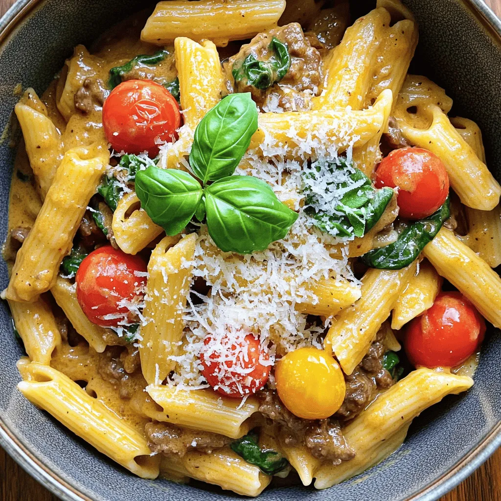 For a delicious stovetop creamy ground beef pasta, you'll need the following key items: - 1 pound ground beef - 12 ounces pasta (penne or rotini works great) - 1 small onion, diced - 3 cloves garlic, minced - 1 cup cherry tomatoes, halved - 2 cups baby spinach - 1 cup heavy cream - 1 cup beef broth - 1 teaspoon Italian seasoning - 1 teaspoon paprika - Salt and pepper to taste - 1 tablespoon olive oil - Grated Parmesan cheese (for serving) - Fresh basil leaves (for garnish) These ingredients combine to create a rich, creamy sauce that coats the pasta perfectly. The ground beef adds a hearty touch, while the spinach and tomatoes give it freshness and color. To prepare this dish, you'll need a few essential tools: - A large pot for boiling pasta - A large skillet for cooking the beef and sauce - Measuring cups for accuracy - A spatula for stirring and serving - Serving dishes for plating Using the right equipment helps make cooking easier and more fun. It ensures that your creamy ground beef pasta turns out just right, every time. For the full recipe, you can refer to the detailed instructions provided earlier. To start, fill a large pot with water. Add a generous amount of salt to the water. Bring it to a rolling boil over high heat. Once boiling, add the pasta. Stir occasionally to keep it from sticking. Follow the package instructions to know how long to cook it. You want the pasta to be al dente, which means it should be firm when you bite into it. After cooking, drain the pasta in a colander and set it aside. This step is crucial for a perfect texture. Next, we sauté the onions and garlic. This step adds depth to our dish. Heat olive oil in a large skillet over medium heat. Add the diced onion first; it should take about 2-3 minutes to become translucent. Now, add the minced garlic. Cook it for one more minute. You want the garlic to be fragrant but not burnt. Properly sautéed aromatics bring out rich flavors, making your pasta taste amazing. Now, it’s time to brown the beef. Add the ground beef to the skillet with the onions and garlic. Use a spatula to break it up as it cooks. Cook until the beef is no longer pink, about 5-7 minutes. This step is key for flavor. If there is excess fat, drain it from the skillet. This keeps the dish leaner and lets the flavors shine. Perfectly browned beef means a delicious base for the sauce. Check out the Full Recipe for detailed steps to create this comforting meal. To get the right creamy sauce, use heavy cream. It gives a rich texture. Start by adding beef broth first. This helps build a great base for flavors. Stir in the cream slowly. This method prevents curdling. You want the sauce to be smooth. When it comes to seasoning, taste as you go. Start with salt and pepper. Add Italian seasoning and paprika for warmth. Don't forget to adjust for your taste. Sometimes, a squeeze of lemon helps brighten the dish. Presentation matters! Serve your creamy beef pasta in deep bowls. Top it with grated Parmesan cheese. Add a fresh basil leaf for color. A drizzle of olive oil makes it shine. Pair this dish with a simple side salad. Garlic bread also makes a great side. Watch the heat when cooking the beef. Too high can dry out the meat. If you notice the sauce is too thick, add a bit more broth or cream. This will bring it back to a nice consistency. Another tip: overcooking the spinach can make it mushy. Add it last and cook just until it wilts. {{image_2}} To make this creamy ground beef pasta gluten-free, swap regular pasta with a gluten-free option. Rice pasta or quinoa pasta works well. For a dairy-free choice, use coconut cream in place of heavy cream. Nutritional yeast can add a cheesy flavor without dairy. If you want a plant-based version, replace the ground beef with lentils or crumbled tofu. These options keep the dish hearty and flavorful. To boost the flavor, consider adding fresh herbs like thyme or oregano. A pinch of red pepper flakes can add some heat. You can also mix in veggies like bell peppers, zucchini, or mushrooms. They add color and nutrition. For proteins, consider adding cooked chicken or sausage. These tweaks can make your dish even more satisfying. The type of pasta you choose can change the meal's texture. Penne or rotini holds the sauce well. If you prefer a lighter bite, try spaghetti or fettuccine. Fresh pasta cooks quicker and offers a tender texture. Dried pasta is convenient and has a great bite. Both options work, depending on what you have on hand. Enjoy experimenting with different shapes and styles to find your favorite! To store leftover creamy ground beef pasta, place it in an airtight container. Make sure to let it cool before sealing. You can keep it in the fridge for up to three days. This dish tastes great even after a day or two, but freshness is key. If you want to freeze this dish, first let it cool completely. Then, place it in a freezer-safe container. Make sure to leave some space for the pasta to expand. You can freeze it for up to three months. To reheat, thaw it in the fridge overnight. Heat it gently on the stovetop, adding a splash of beef broth or cream for best results. This way, your creamy sauce stays smooth and tasty! You can add some heat by using crushed red pepper flakes. Start with one teaspoon and adjust to taste. Another option is to add diced jalapeños or fresh chili peppers. These give a nice kick without overpowering the dish. If you like smoky flavors, try adding a bit of smoked paprika. It adds spice and richness! Yes, you can! Ground turkey or chicken work well as lean alternatives. They will change the flavor but keep the dish light. You can also use pork or lamb for a richer taste. For a meatless option, try using lentils or mushrooms for a hearty feel. Absolutely! You can prepare the creamy beef pasta in advance. Cook everything and let it cool. Store it in an airtight container in the fridge for up to three days. To reheat, simply warm it in a skillet over medium heat, adding a splash of beef broth if needed for creaminess. This creamy pasta pairs well with garlic bread or a fresh salad. A simple Caesar salad adds crunch and a nice contrast. You can also serve steamed broccoli or green beans for a healthy touch. For a heartier meal, consider a side of roasted vegetables. You can find the Full Recipe for Stovetop Creamy Ground Beef Pasta online. It includes all the detailed steps and tips to make it perfect every time! This article covered how to make a delicious creamy pasta dish. We explored key ingredients like beef, pasta, and tomatoes. I shared step-by-step cooking tips, ensuring each part turns out great. Also, you learned about storing leftovers and creative variations. Keep experimenting to find your best twist on this dish. Cooking should be fun and tasty. Enjoy your meal and happy cooking!