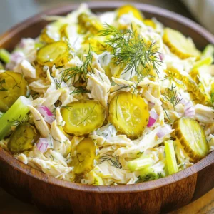 - 2 cups cooked chicken, shredded - 1 cup dill pickles, finely chopped - 1/2 cup Greek yogurt or mayonnaise - 1/4 cup red onion, finely diced - 1/4 cup celery, finely diced - 2 tablespoons fresh dill, chopped - 1 tablespoon Dijon mustard - Salt and pepper to taste - Optional: 1 tablespoon lemon juice When making Dill Pickle Chicken Salad, you need fresh ingredients. Start with cooked chicken. I often use rotisserie chicken for flavor and ease. Shredding it gives a nice texture. Next, chop up dill pickles. They bring a tangy crunch that makes this salad pop. For creaminess, I like Greek yogurt, but mayonnaise works too. The creaminess balances the pickles. Then, add red onion and celery for a bit of crunch. They brighten the salad and add freshness. Fresh dill is key for that herby taste we love in this dish. To kick it up a notch, mix in Dijon mustard. It adds depth and a bit of spice. Don't forget to season with salt and pepper. You can add lemon juice if you want extra zing. All these ingredients come together to create a tasty and fresh delight. For the full recipe, check out the [Full Recipe]. Start by combining the chicken and pickles. In a large mixing bowl, add 2 cups of shredded chicken. I like using rotisserie chicken for its great taste. Next, chop 1 cup of dill pickles finely and mix them in with the chicken. This adds a nice crunch and tang. Now, let’s add some vegetables. Dice 1/4 cup of red onion and 1/4 cup of celery. Toss these in the bowl. Stir them well so all the ingredients mix together. Next, we’ll make the dressing. In a small bowl, combine 1/2 cup of Greek yogurt or mayonnaise. You can pick whichever you prefer based on your taste. Add in 2 tablespoons of chopped fresh dill and 1 tablespoon of Dijon mustard. If you want a bit more zing, add 1 tablespoon of lemon juice. Mix all these together until smooth. This dressing will bring all the flavors together. Now, pour this yogurt mixture over the chicken and veggie blend. Gently fold it in. Make sure everything gets nicely coated. Season to taste. Add salt and pepper as you like. You can adjust any ingredients to fit your taste. Now, refrigerate the salad. Let it chill for at least 30 minutes. This helps all the flavors meld together. Enjoy your Dill Pickle Chicken Salad! For more details, check the Full Recipe. To make the best dill pickle chicken salad, start with chicken. You can use rotisserie chicken for ease. It adds great flavor and saves time. If you prefer, poach your chicken for a fresh touch. This gives you control over the taste and texture. Adjusting the ingredient ratios is easy. If you love pickles, add more! If you want less tang, reduce the pickles. You can also play with the yogurt or mayo. Some like it creamier, while others prefer it lighter. Taste as you go to find your perfect mix. Pair your dill pickle chicken salad with sides like crackers or fresh veggies. These add crunch and freshness to your meal. You can serve it on a bed of lettuce for a light option. Another fun idea is to put it in a sandwich or wrap. This turns it into a tasty lunch on the go. Get creative with how you enjoy the salad. You can add it to a grain bowl or serve it with tortilla chips. The options are endless! To add more crunch, consider incorporating nuts or seeds. Chopped walnuts or sunflower seeds work great. They add a nice texture and healthy fats. For extra zest, try adding spices. A bit of cayenne pepper or paprika can elevate the flavor. You could also squeeze in some lemon juice for brightness. Small changes can make a big difference in taste! Remember, these tips will make your dill pickle chicken salad unique and delicious! For the full recipe, check out the detailed instructions above. {{image_2}} You can change the base of your salad. Greek yogurt is a great swap for mayonnaise. It adds creaminess and a tangy taste. If you want a richer flavor, keep the mayonnaise. You can also switch up your pickles. Bread and butter pickles add sweetness. Dill pickles give that classic taste. You can even try spicy pickles for a kick. Fresh herbs can change the flavor too. Basil or parsley can bring a new twist. If you want a low-carb or keto version, use shredded chicken and skip the yogurt or mayonnaise. Instead, try an avocado mash. It adds creaminess without carbs. For a vegan option, replace chicken with chickpeas. They add protein and texture. Use vegan mayonnaise for the dressing. This makes a delicious plant-based salad. Adding fruits can make your salad sweet. Diced apples or grapes can create a nice balance. They add crunch and taste. You can also play with dressings. A ranch or honey mustard dressing can change the flavor. Just mix it in with the other ingredients. Experiment to find what you love best. This recipe allows for so much creativity! To keep your Dill Pickle Chicken Salad fresh, store it in an airtight container. This helps lock in flavors and moisture. Refrigerate the salad right after serving. It stays good for about 3 to 4 days. Always check for any signs of spoilage before eating. If it looks or smells off, throw it away. You can freeze chicken salad, but it may change the texture. Freezing can make the chicken and vegetables mushy. If you want to freeze it, follow these steps: 1. Place the salad in a freezer-safe container. 2. Leave some space on top for expansion. 3. Seal it tightly and label with the date. When you’re ready to eat it, thaw it in the fridge overnight. Dill Pickle Chicken Salad is best served cold. If you want to enjoy it warm, gently heat it in a pan. Aim for a temperature of about 165°F to ensure it's safe to eat. However, I recommend enjoying it chilled for the best taste and crunch. You can enjoy Dill Pickle Chicken Salad with many side dishes. Here are some great options: - Fresh garden salad - Crispy potato chips - Soft bread rolls - Crackers for crunch - Veggie sticks like carrots or cucumbers These sides complement the salad's tangy flavor. They also add variety to your meal. Dill Pickle Chicken Salad stays fresh for about 3 to 5 days in the fridge. Store it in a tight container. This keeps it cool and tasty. If you notice any change in smell or color, it’s best to toss it out. Yes, using leftover rotisserie chicken is a great idea! Rotisserie chicken saves time and adds flavor. The spices on the chicken enhance the salad's taste. Plus, it makes the dish even easier to prepare. Dill Pickle Chicken Salad can be quite healthy. It offers protein from the chicken and probiotics if you use Greek yogurt. Pickles add crunch and a burst of flavor, too. Just watch the amount of mayonnaise you use. This helps keep it lighter and healthier. Absolutely! You can add a few spices to kick up the heat. Try adding: - A pinch of cayenne pepper - Some diced jalapeños - A splash of hot sauce These options will give your salad a nice spicy twist without losing its freshness. For the full recipe, including step-by-step instructions, check out the [Full Recipe]. Dill pickle chicken salad is a tasty twist on a classic dish. Using cooked chicken, pickles, and yogurt creates a creamy blend. You can boost flavors with onion, celery, and fresh dill. Don’t forget to season it well. Try swapping ingredients to suit your taste. Whether you prefer it low-carb or vegan, there's a version for you. Store leftovers properly to enjoy later. This salad is not just simple; it's also a crowd-pleaser that you can make your own.