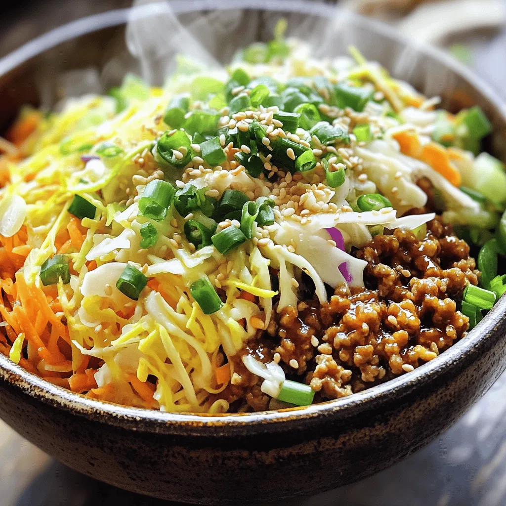 - 1 lb ground chicken (or turkey) - 4 cups coleslaw mix (cabbage and carrots) - 2 green onions, chopped To start your Easy Egg Roll in a Bowl, gather these main ingredients. Ground chicken or turkey gives it a nice protein base. The coleslaw mix adds crunch and flavor. Chopped green onions bring a fresh taste to the dish. - 2 cloves garlic, minced - 1 tablespoon fresh ginger, grated - 3 tablespoons soy sauce (low sodium if preferred) The flavor comes alive with these seasoning ingredients. Minced garlic and grated ginger create a wonderful aroma. Soy sauce adds umami and depth to the overall taste. You can pick low-sodium soy sauce for a healthier option. - 1 teaspoon rice vinegar - 1/2 teaspoon crushed red pepper flakes (optional) - Sesame seeds for garnish (optional) Garnishes can elevate your dish. A dash of rice vinegar adds a tangy kick. If you like heat, sprinkle some crushed red pepper flakes. For a nice touch, top with sesame seeds before serving. For the full recipe, check the section above. Enjoy creating this flavorful weeknight meal! First, heat sesame oil in a large skillet over medium heat. It only takes a minute or two to warm up. Then, add one pound of ground chicken or turkey. Use a spatula to break the meat apart. Cook for about five to seven minutes. You want it browned and fully cooked. This step gives your dish a hearty base. Next, add two cloves of minced garlic and one tablespoon of grated ginger. Stir these in and cook for one to two minutes. You will smell a lovely aroma. This step adds depth and flavor to your dish. Now, stir in four cups of coleslaw mix. Continue to stir for about three to four minutes until it starts to wilt. This mix brings color and crunch. After that, pour in three tablespoons of soy sauce and one teaspoon of rice vinegar. If you like some heat, add half a teaspoon of crushed red pepper flakes. Stir well to combine. Let it cook for another two to three minutes. This is when all the flavors come together. You can find the full recipe to ensure you don’t miss any steps. To make your egg roll in a bowl truly shine, use fresh ingredients. Fresh veggies and herbs bring out the best taste. You can also adjust the soy sauce to fit your liking. If you love a stronger flavor, feel free to add more! Cooking the coleslaw mix until just wilted is key. This keeps veggies crunchy and vibrant. Overcooking can make the dish mushy and sad. Keep an eye on them while cooking. You want that perfect bite! For a beautiful finish, serve your dish with sesame seeds and extra green onions. This adds color and crunch. Drizzle a bit of extra soy sauce before serving for an added burst of flavor. A nice presentation makes every meal feel special! For the complete recipe, check out the [Full Recipe]. {{image_2}} You can easily change the egg roll in a bowl to fit your taste. Here are some fun ideas. You can swap the ground chicken for different meats. Ground beef or pork work well. They add a rich flavor. For a vegetarian option, use tofu. Just press it to remove water and crumble it in the pan. Adding more vegetables can make the dish even better. Bell peppers add a sweet crunch. Snap peas provide a nice snap. Mushrooms bring a deep, earthy flavor. You can mix and match to find your favorite combo. Want to make it sweeter? Add hoisin sauce. It pairs well with the salty soy sauce. You can also try different spices. Five-spice powder adds warmth and depth. Experiment with flavors to make the dish your own. For the full recipe, check out the detailed instructions in the previous section. To keep your egg roll in a bowl fresh, refrigerate it in an airtight container. This way, it will stay tasty. It is best to eat the leftovers within 3-4 days. After that, the flavors may fade and the texture may change. For quick reheating, you can use the microwave. Just warm it until hot. If you want the best texture, reheat it on the stove. This method keeps the veggies crisp and the dish flavorful. You can freeze the egg roll in a bowl if you want to save it for later. Just place it in a freezer-safe container. To enjoy it again, thaw it in the refrigerator overnight before reheating. This way, your meal stays delicious even after freezing. For the full recipe, check out the earlier sections! Yes, ground turkey, beef, or even plant-based proteins work well. Each choice adds a unique taste. For a lighter option, ground turkey is great. If you want something richer, ground beef does the trick. Plant-based proteins can fit right in. Just ensure to cook them until done. Use gluten-free soy sauce alternatives to make it gluten-free. Many brands offer soy sauce made from tamari or coconut aminos. These options give you the same umami flavor without gluten. Check the label to be sure it's safe for your needs. Increase the amount of crushed red pepper flakes or add sliced jalapeños. If you love heat, use fresh jalapeños for a punch. You can also add sriracha or chili paste for extra flavor. Just remember to adjust to your spice level. Serve with steamed rice or as a standalone dish for a lighter meal. If you want a filling option, white or brown rice works best. You can also enjoy it on its own for a quick, healthy dinner. For a crunchy side, try some crispy wontons. For the full recipe, check the main section above. This article covers how to make a delicious Egg Roll in a Bowl. We discussed the main ingredients, step-by-step cooking instructions, and helpful tips for great flavor and texture. Remember, you can adjust the recipe to your taste with various proteins and veggies. Eating well doesn't have to be hard. Give this tasty dish a try, and enjoy the balance of flavor and health! Your kitchen will feel like a restaurant, and your taste buds will thank you.