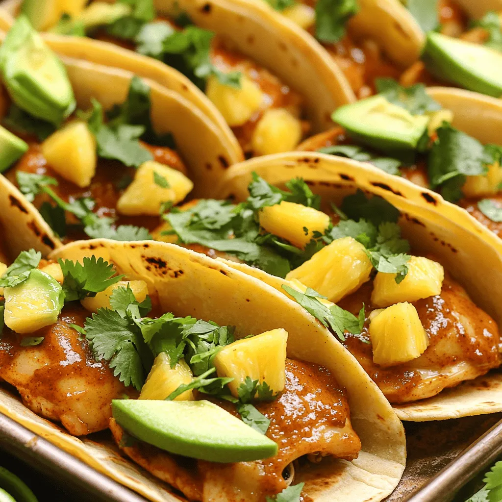 - 1.5 lbs boneless, skinless chicken thighs, cut into bite-sized pieces - 1 cup fresh pineapple, diced - 8 small corn tortillas The chicken is the star of the dish. I prefer thighs because they stay juicy. Pineapple adds a sweet twist that brightens the flavors. Corn tortillas give a nice, soft base for the tacos. - 2 tablespoons chipotle sauce (adjust based on spice preference) - 1 tablespoon olive oil - 1 teaspoon cumin - 1 teaspoon smoked paprika - 1 teaspoon garlic powder - 1 teaspoon onion powder - Salt and pepper to taste The chipotle sauce gives a smoky kick. Olive oil helps the spices stick to the chicken. Cumin adds warmth, while smoked paprika gives depth. Garlic and onion powders add flavor without extra chopping. - Fresh cilantro, chopped (for garnish) - Lime wedges (for serving) - Avocado slices (optional, for topping) Fresh cilantro brings a burst of color and taste. Lime wedges add zest, making each bite brighter. Avocado slices are creamy and delicious, but they are optional. These toppings can make your tacos more fun and tasty. You can find the full recipe [here](Full Recipe). 1. Preheating the oven: Start by preheating your oven to 400°F (200°C). This step is key for a great bake. 2. Preparing the chicken mixture: In a large bowl, mix the diced chicken thighs, chipotle sauce, olive oil, cumin, smoked paprika, garlic powder, onion powder, salt, and pepper. Make sure to coat the chicken pieces well. 3. Add the pineapple: Gently fold in the diced pineapple. This adds sweetness and balances the spice from the chipotle. 4. Spread on the sheet pan: Pour the chicken and pineapple mix onto a lined baking sheet. Spread it out in one layer. This helps cook the chicken evenly. 1. Roasting in the oven: Bake the chicken and pineapple for 20-25 minutes. Stir halfway through. The chicken should be cooked through and have a nice caramelized look. 2. Warming the tortillas: While the chicken roasts, wrap 8 corn tortillas in aluminum foil. Place them in the oven for the last 5-10 minutes. This warms them up nicely. 1. Filling the tortillas: Once the chicken is done, take a warm tortilla and add a generous scoop of the chicken and pineapple mix. 2. Adding garnishes: Top with fresh cilantro, avocado slices if you want, and a squeeze of lime juice for extra flavor. Serve right away for the best taste! For the full recipe, check out the details above. How long to marinate the chicken? I recommend marinating the chicken for at least 30 minutes. This time lets the flavors soak in. You can marinate for up to 2 hours for even more taste. What to avoid when marinating? Avoid using acidic ingredients like lemon juice for too long. They can break down the chicken and make it mushy. Stick to spices and herbs for a great flavor boost. Ensuring even cooking To ensure even cooking, spread the chicken and pineapple mixture in a single layer. This allows hot air to circulate and cook everything well. Stir halfway through to mix the flavors. Adjusting spice levels If you want more heat, add extra chipotle sauce. Start with a little, then taste. You can always add more, but you can’t take it away! Pairing with sides These tacos pair well with simple sides like black beans or a fresh salad. A side of corn salsa adds a nice crunch too. Best drinks to serve For drinks, try a refreshing limeade or a light beer. Both options complement the flavors in the tacos nicely. Enjoy your meal! {{image_2}} Alternative proteins You can swap chicken for other proteins. Try shrimp or pork for a new twist. Tofu works well for a plant-based option. Each protein brings its own flavor and texture. Other fruit options If you want to change the fruit, use mango or peach. Both add sweetness and freshness. You can also try diced bell peppers for a crunchy texture. Gluten-free tortillas Choose corn tortillas for a gluten-free option. They have great flavor and hold up well. Look for brands labeled gluten-free to ensure safety. Vegan alternatives To make this dish vegan, use jackfruit or tempeh. Season them like the chicken. This keeps the bold flavors while making it suitable for everyone. Different sauces to use Explore different sauces for variety. Try BBQ sauce for a smoky taste. Salsa verde can add a fresh, tangy kick. Additional spices for more heat Want more spice? Add extra chipotle sauce or a pinch of cayenne. You can also use fresh jalapeños for a zesty boost. Adjust the heat to your liking. Feel free to explore these variations to make your Sheet Pan Chicken Chipotle Pineapple Tacos even more exciting! For the full recipe, check out the instructions above. To store leftovers, let the chicken mixture cool. Place it in an airtight container. You can keep it in the fridge for up to three days. This helps keep the flavors fresh. To freeze the tacos, first let the chicken mixture cool completely. Next, scoop the mixture into freezer bags or containers. Label them with the date. You can freeze them for up to three months. When ready to eat, thaw the mixture overnight in the fridge. Reheat it in a skillet over medium heat until hot. You can repurpose the chicken mixture in many ways. Try making taco salads. Just add mixed greens, beans, and your favorite toppings. This way, you can enjoy a fresh meal while minimizing waste. Marinate the chicken for at least 30 minutes. This time allows the flavors to soak in well. For best results, leave it for up to two hours. If you’re short on time, even a quick 15-minute soak helps. Yes, you can use chicken breasts or thighs. Thighs are juicier, but breasts work too. Just cut them into bite-sized pieces for even cooking. If you prefer dark meat, thighs are your best choice. To add more heat, increase the chipotle sauce. You can also add diced jalapeños or chili powder. A sprinkle of cayenne pepper gives a fiery kick. Just remember to taste as you go! These tacos pair well with rice or beans. A simple salad adds freshness. You can also serve them with corn on the side. For toppings, try diced onions, cheese, or sour cream. Yes! Swap the chicken for black beans or tofu. Grill some veggies like bell peppers and onions for extra flavor. You can still use the same spices for a tasty kick. Just follow the Full Recipe for a delicious meal. These tacos blend simple ingredients like chicken, pineapple, and tortillas for great flavor. We covered everything from seasoning the chicken to choosing toppings like cilantro and lime. Remember marinating tips to enhance taste. You can also adapt this recipe for vegan options or other proteins. With proper storage methods, you can enjoy leftovers in fun ways. Get creative by trying different sauces or spices to suit your taste. You now have all you need to make tasty tacos. Enjoy making them!