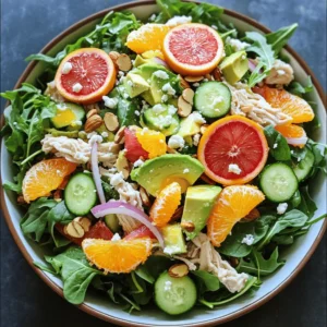 The heart of any chicken salad lies in its main components. For a great chicken salad, you need: - 2 cups cooked chicken breast, shredded - 1 cup mixed salad greens (arugula, spinach, and romaine) - 1 grapefruit, segmented - 1 orange, segmented - 1 small cucumber, diced - 1/4 cup red onion, thinly sliced - 1 avocado, diced - 1/4 cup toasted almonds, chopped - 1/4 cup feta cheese, crumbled Chicken, the star of the dish, offers lean protein. It's great for muscle health and keeps you feeling full. The mixed greens add fiber and vitamins. Grapefruit and orange bring fresh flavor and vitamin C. Cucumber adds crunch, while red onion gives a sharp taste. Avocado provides healthy fats, and almonds add a nice crunch. Feta cheese rounds out the flavor with its creaminess. If you want to change things up, consider these alternatives: - For protein, try tofu or chickpeas. They work well as meat substitutes. - If you're dairy-free, use nutritional yeast or a plant-based feta. These options still add flavor. - Seasonal swaps are fun too! Use berries in summer or apples in fall for a twist. A great dressing ties the salad together. For a homemade dressing, you need: - 3 tablespoons olive oil - 1 tablespoon apple cider vinegar - 1 teaspoon honey - Salt and pepper to taste You can change the flavor by adding herbs or spices like garlic or mustard. To save time, make the dressing ahead and store it in the fridge. Just shake it up before using it. This keeps your salad fresh and tasty! 1. Shredding the chicken: Start with cooked chicken breast. Use your hands or two forks to shred it into bite-sized pieces. This makes it easier to mix with other ingredients. Shredding helps the chicken soak up the flavors. 2. Properly preparing fruits and vegetables: Next, segment the grapefruit and orange. Cut them into small pieces that are easy to eat. Dice the cucumber and slice the red onion thinly. Remember to keep everything fresh and crisp. 3. Mixing salad greens: In a large bowl, combine mixed salad greens. You can use arugula, spinach, and romaine. Toss them gently to mix. This adds color and crunch to your salad. 1. Step by step on dressing preparation: In a small bowl, whisk together olive oil, apple cider vinegar, and honey. Add salt and pepper to taste. This mixture will create a tasty dressing. 2. Tips for achieving the perfect consistency: Aim for a smooth and creamy texture. If the dressing is too thick, add a touch of water. If it’s too thin, add a bit more olive oil. 3. Flavor-testing the dressing: Always taste your dressing. Adjust the salt, pepper, and honey as needed. A good dressing should balance sweet and tangy flavors. 1. Technique for gentle mixing: Pour the dressing over your salad mixture. Use a large spoon to toss everything gently. This helps coat all the ingredients evenly without breaking them. 2. Importance of layering flavors: Add the diced avocado and toasted almonds last. Gently fold them in to keep their shape. This layering adds texture and flavor to your salad. 3. Tips for serving freshness: Serve the salad right away for the best taste. You can chill it in the fridge for 15-20 minutes if you prefer. This lets the flavors meld together nicely. Enjoy your zesty citrus chicken salad! For the full recipe, check out the details provided above. To make your chicken salad pop, use fresh herbs. Basil, dill, or parsley add a bright touch. For spice, try paprika or cayenne. They can add a nice kick. Marinating chicken before cooking enriches its flavor. Use lemon juice, garlic, and olive oil. Let it sit for at least 30 minutes. This small step can make a big difference. Personalize your dressing to suit your taste. Swap out apple cider vinegar for lemon juice. Add a dash of mustard for a zesty twist. You can create a flavor that is just right for you. Plating your chicken salad beautifully makes it even more appealing. Use a large bowl or individual plates. Layer the ingredients for a colorful effect. Garnish with extra citrus segments or whole almonds. These add a nice visual touch. A sprinkle of fresh herbs on top also looks great. For parties, serve the salad in a large bowl. This allows guests to help themselves. You can also make small cups for individual servings. Batch cooking chicken saves time during the week. Grill or bake several pieces at once. Store them in the fridge for quick meals. Keep prepped ingredients separate to maintain freshness. Store greens in a dry container. This way, they stay crisp until you mix them. When prepping chicken salad, make it easy. Chop veggies ahead of time. Just toss everything together when you are ready to eat. This keeps your meal fresh and tasty. {{image_2}} Classic chicken salad usually mixes chicken with mayo, celery, and grapes. This dish is simple yet loved by many. You can add flavors by using curry powder for a curried chicken salad. This gives it a nice twist. Health-conscious cooks may swap mayo for yogurt or avocado. This change makes the dish lighter and packed with good fats. You can also try adding fresh herbs like dill or parsley for extra zing. Have you ever thought about turning chicken salad into a grain bowl? Start with quinoa or brown rice as your base. Then, add your chicken salad on top. This adds fiber and makes it more filling. You can also add toppings like roasted veggies or chickpeas. Seasonal fruits like apples or berries can keep it fresh and exciting. They add a sweet crunch that everyone loves. When serving chicken salad, think about what sides to pair. Fresh fruit salad or crunchy veggies are great options. They balance the meal and add color. You can also offer whole-grain crackers or pita bread. These can be perfect for scooping up the salad. For sauces, a light vinaigrette or tangy yogurt dip works well. They add more flavor and keep the meal light. If you want to try a delightful chicken salad recipe, check out the Full Recipe for Zesty Citrus Chicken Salad. To keep your chicken salad fresh, store it in the fridge right away. Use an airtight container. This keeps air out and prevents sogginess. Glass or plastic containers work well. Make sure to chill it quickly after mixing. Try not to leave it out for more than two hours. Freezing chicken salad can change its texture. If you want to freeze it, skip the dressing first. Freeze the chicken and veggies separately. When you're ready to eat, thaw the chicken salad in the fridge overnight. Avoid using a microwave for thawing, as it can make the salad watery. If you need to reheat, do it gently on the stove. In the fridge, chicken salad stays fresh for about three to four days. Look for signs of spoilage, like a bad smell or slimy texture. If you see these signs, don’t eat it. To reduce waste, only make what you need. Use leftover chicken from other meals to whip up a quick salad. Check the [Full Recipe](#) for ideas to use up ingredients! The best ways to cook chicken for salad are grilling and poaching. Grilling adds a nice smoky flavor. I often marinate the chicken for an hour before grilling. Poaching keeps the chicken moist and tender. Just simmer the chicken in water or broth until cooked through. Yes, chicken salad can be made ahead of time. I suggest making it up to a day before serving. Just keep it in the fridge. If you add avocado, wait until just before serving to keep it fresh. Chicken salad can be healthy. It has protein from the chicken and nutrients from the veggies. A typical serving has around 300-400 calories. You can adjust the dressing to lower the calories if needed. Adding more greens helps boost fiber too. For a party, serve chicken salad in a large bowl or in individual cups. You can scoop it onto crackers or lettuce leaves. To make it pretty, garnish with herbs, citrus slices, or nuts. This adds color and makes it look nice. Chicken salad pairs well with many sides. Popular choices include fresh fruit, chips, or a light soup. A crisp white wine or iced tea also makes a great drink choice. Try serving it with a side of crusty bread for a full meal. This article covered everything you need for chicken salad. We explored key ingredients and their benefits. You learned about substitutions and delicious dressings. I provided steps for prep and storage tips, too. Use the tips for flavor and presentation to make your dish shine. With these insights, you're ready to create a chicken salad everyone will love. Enjoy experimenting and making it your own!
