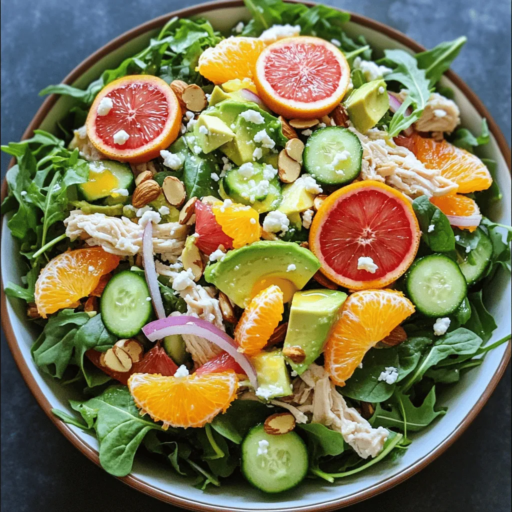 The heart of any chicken salad lies in its main components. For a great chicken salad, you need: - 2 cups cooked chicken breast, shredded - 1 cup mixed salad greens (arugula, spinach, and romaine) - 1 grapefruit, segmented - 1 orange, segmented - 1 small cucumber, diced - 1/4 cup red onion, thinly sliced - 1 avocado, diced - 1/4 cup toasted almonds, chopped - 1/4 cup feta cheese, crumbled Chicken, the star of the dish, offers lean protein. It's great for muscle health and keeps you feeling full. The mixed greens add fiber and vitamins. Grapefruit and orange bring fresh flavor and vitamin C. Cucumber adds crunch, while red onion gives a sharp taste. Avocado provides healthy fats, and almonds add a nice crunch. Feta cheese rounds out the flavor with its creaminess. If you want to change things up, consider these alternatives: - For protein, try tofu or chickpeas. They work well as meat substitutes. - If you're dairy-free, use nutritional yeast or a plant-based feta. These options still add flavor. - Seasonal swaps are fun too! Use berries in summer or apples in fall for a twist. A great dressing ties the salad together. For a homemade dressing, you need: - 3 tablespoons olive oil - 1 tablespoon apple cider vinegar - 1 teaspoon honey - Salt and pepper to taste You can change the flavor by adding herbs or spices like garlic or mustard. To save time, make the dressing ahead and store it in the fridge. Just shake it up before using it. This keeps your salad fresh and tasty! 1. Shredding the chicken: Start with cooked chicken breast. Use your hands or two forks to shred it into bite-sized pieces. This makes it easier to mix with other ingredients. Shredding helps the chicken soak up the flavors. 2. Properly preparing fruits and vegetables: Next, segment the grapefruit and orange. Cut them into small pieces that are easy to eat. Dice the cucumber and slice the red onion thinly. Remember to keep everything fresh and crisp. 3. Mixing salad greens: In a large bowl, combine mixed salad greens. You can use arugula, spinach, and romaine. Toss them gently to mix. This adds color and crunch to your salad. 1. Step by step on dressing preparation: In a small bowl, whisk together olive oil, apple cider vinegar, and honey. Add salt and pepper to taste. This mixture will create a tasty dressing. 2. Tips for achieving the perfect consistency: Aim for a smooth and creamy texture. If the dressing is too thick, add a touch of water. If it’s too thin, add a bit more olive oil. 3. Flavor-testing the dressing: Always taste your dressing. Adjust the salt, pepper, and honey as needed. A good dressing should balance sweet and tangy flavors. 1. Technique for gentle mixing: Pour the dressing over your salad mixture. Use a large spoon to toss everything gently. This helps coat all the ingredients evenly without breaking them. 2. Importance of layering flavors: Add the diced avocado and toasted almonds last. Gently fold them in to keep their shape. This layering adds texture and flavor to your salad. 3. Tips for serving freshness: Serve the salad right away for the best taste. You can chill it in the fridge for 15-20 minutes if you prefer. This lets the flavors meld together nicely. Enjoy your zesty citrus chicken salad! For the full recipe, check out the details provided above. To make your chicken salad pop, use fresh herbs. Basil, dill, or parsley add a bright touch. For spice, try paprika or cayenne. They can add a nice kick. Marinating chicken before cooking enriches its flavor. Use lemon juice, garlic, and olive oil. Let it sit for at least 30 minutes. This small step can make a big difference. Personalize your dressing to suit your taste. Swap out apple cider vinegar for lemon juice. Add a dash of mustard for a zesty twist. You can create a flavor that is just right for you. Plating your chicken salad beautifully makes it even more appealing. Use a large bowl or individual plates. Layer the ingredients for a colorful effect. Garnish with extra citrus segments or whole almonds. These add a nice visual touch. A sprinkle of fresh herbs on top also looks great. For parties, serve the salad in a large bowl. This allows guests to help themselves. You can also make small cups for individual servings. Batch cooking chicken saves time during the week. Grill or bake several pieces at once. Store them in the fridge for quick meals. Keep prepped ingredients separate to maintain freshness. Store greens in a dry container. This way, they stay crisp until you mix them. When prepping chicken salad, make it easy. Chop veggies ahead of time. Just toss everything together when you are ready to eat. This keeps your meal fresh and tasty. {{image_2}} Classic chicken salad usually mixes chicken with mayo, celery, and grapes. This dish is simple yet loved by many. You can add flavors by using curry powder for a curried chicken salad. This gives it a nice twist. Health-conscious cooks may swap mayo for yogurt or avocado. This change makes the dish lighter and packed with good fats. You can also try adding fresh herbs like dill or parsley for extra zing. Have you ever thought about turning chicken salad into a grain bowl? Start with quinoa or brown rice as your base. Then, add your chicken salad on top. This adds fiber and makes it more filling. You can also add toppings like roasted veggies or chickpeas. Seasonal fruits like apples or berries can keep it fresh and exciting. They add a sweet crunch that everyone loves. When serving chicken salad, think about what sides to pair. Fresh fruit salad or crunchy veggies are great options. They balance the meal and add color. You can also offer whole-grain crackers or pita bread. These can be perfect for scooping up the salad. For sauces, a light vinaigrette or tangy yogurt dip works well. They add more flavor and keep the meal light. If you want to try a delightful chicken salad recipe, check out the Full Recipe for Zesty Citrus Chicken Salad. To keep your chicken salad fresh, store it in the fridge right away. Use an airtight container. This keeps air out and prevents sogginess. Glass or plastic containers work well. Make sure to chill it quickly after mixing. Try not to leave it out for more than two hours. Freezing chicken salad can change its texture. If you want to freeze it, skip the dressing first. Freeze the chicken and veggies separately. When you're ready to eat, thaw the chicken salad in the fridge overnight. Avoid using a microwave for thawing, as it can make the salad watery. If you need to reheat, do it gently on the stove. In the fridge, chicken salad stays fresh for about three to four days. Look for signs of spoilage, like a bad smell or slimy texture. If you see these signs, don’t eat it. To reduce waste, only make what you need. Use leftover chicken from other meals to whip up a quick salad. Check the [Full Recipe](#) for ideas to use up ingredients! The best ways to cook chicken for salad are grilling and poaching. Grilling adds a nice smoky flavor. I often marinate the chicken for an hour before grilling. Poaching keeps the chicken moist and tender. Just simmer the chicken in water or broth until cooked through. Yes, chicken salad can be made ahead of time. I suggest making it up to a day before serving. Just keep it in the fridge. If you add avocado, wait until just before serving to keep it fresh. Chicken salad can be healthy. It has protein from the chicken and nutrients from the veggies. A typical serving has around 300-400 calories. You can adjust the dressing to lower the calories if needed. Adding more greens helps boost fiber too. For a party, serve chicken salad in a large bowl or in individual cups. You can scoop it onto crackers or lettuce leaves. To make it pretty, garnish with herbs, citrus slices, or nuts. This adds color and makes it look nice. Chicken salad pairs well with many sides. Popular choices include fresh fruit, chips, or a light soup. A crisp white wine or iced tea also makes a great drink choice. Try serving it with a side of crusty bread for a full meal. This article covered everything you need for chicken salad. We explored key ingredients and their benefits. You learned about substitutions and delicious dressings. I provided steps for prep and storage tips, too. Use the tips for flavor and presentation to make your dish shine. With these insights, you're ready to create a chicken salad everyone will love. Enjoy experimenting and making it your own!