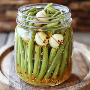 - Fresh green beans - Distilled white vinegar - Granulated sugar - Garlic cloves - Mustard seeds - Red pepper flakes - Salt - Black peppercorns - Bay leaf When you make quick pickled green beans, you start with fresh green beans. Choose bright green ones that snap easily. This ensures you get a crunchy texture. Next, you need distilled white vinegar. It gives the pickles a zesty kick. Granulated sugar balances the vinegar's tang. You can add optional ingredients for extra flavor. Garlic cloves bring a savory note. Mustard seeds add a subtle warmth. Red pepper flakes give a spicy touch. These are great if you like a bit of heat. For seasoning, use salt to enhance all the flavors. Black peppercorns add a nice bite. Lastly, a bay leaf infuses a mild herb taste. With these ingredients, you create a tasty and vibrant pickle. The full recipe shows you how to bring it all together. These pickled beans are a fun way to enjoy your veggies! To make quick pickled green beans, start by preparing the brine. This brine gives the beans their tangy flavor. In a medium saucepan, combine: - 1 cup distilled white vinegar - 1 cup water - 2 tablespoons granulated sugar - 1 tablespoon salt Mix these ingredients well and bring them to a boil over medium heat. Stir until the sugar and salt dissolve completely. This step is vital for a good brine. Once it boils, remove the saucepan from heat. Let it cool for about 5 minutes. Cooling helps the brine not to cook the beans. While the brine cools, it's time to prepare the green beans. Trim 1 pound of fresh green beans to fit your jars. Pack them tightly into clean jars. This keeps them crunchy and flavorful. Now, add your spices: - 3 cloves garlic, peeled and smashed - 1 teaspoon mustard seeds - 1 teaspoon red pepper flakes - 1 teaspoon black peppercorns - 1 bay leaf Distributing these spices evenly adds great taste to your pickles. After packing the beans and spices, pour the cooled brine over the green beans. Make sure they are fully submerged. If they float, press them down with a spoon or use a small weight. This helps the beans absorb the brine. Seal the jars tightly with the lids. Let them cool to room temperature. After that, place the jars in the fridge. Let the beans pickle for at least 4 hours. For the best flavor, let them sit overnight. Enjoy the full flavor of your quick pickled green beans! For the best flavor, cool your brine for at least five minutes. This step helps the flavors blend well. Use fresh green beans, as they offer the best crunch and taste. Fresh veggies make a huge difference in your pickles. Pickled green beans shine in many dishes. Serve them in a mason jar for a fun look. They pair nicely with cheese platters and charcuterie boards. They add a vibrant color and crunch that guests will love. Try them on tacos or salads for extra zing. Avoid overcrowding your jars. This keeps the beans from pickling evenly. Also, do not skip cooling the brine. If the brine is too hot, it can cook the beans. This can lead to a mushy texture. Follow these tips for the perfect pickled green beans! {{image_2}} You can change the taste of your pickled green beans easily. Adding dill gives a classic flavor that many love. Just toss in a few sprigs when you pack your jars. For more fun, try different spices like coriander or cumin. Each spice changes the taste, making your pickles unique. Green beans are great, but you can pickle other veggies too. Carrots, cucumbers, and radishes also taste amazing when pickled. You can mix them together for a colorful jar. Try adding sliced onions for an extra crunch. Combining green beans with other pickled veggies gives a delightful twist. Do you like sweet and spicy? Adjust the sugar and spice levels to find your perfect mix. Start with one tablespoon of sugar and add more if needed. For spice, increase the red pepper flakes for a kick. You can also add fresh herbs like thyme or basil for extra flavor. These small changes take your pickled green beans to new heights. To keep your pickled green beans fresh, use glass jars with tight lids. These jars help seal in flavor and keep out air. Make sure the jars are clean and dry before adding the beans. Store the jars in the fridge at a steady temperature. Avoid placing them near the fridge door where it can be warmer. Pickled green beans can last about 2 to 4 weeks in the fridge. They stay crisp and flavorful during this time. Watch for signs of spoilage like a change in color, bad smell, or bubbling liquid. If you notice any of these, it’s best to toss them out. To extend the shelf life, always use fresh green beans. Keep the beans fully submerged in the brine to preserve their crunch. If you want a stronger flavor, let them sit longer before eating. Avoid opening the jars too often, as this lets in air and can spoil your pickles. For those who love experimenting, try adding new spices to change the flavor while preserving the texture. Enjoy your pickled green beans as a snack or on a cheese platter! For the full recipe, check out the details above. Quick pickled green beans last about 2 to 3 weeks in the fridge. Store them in a clean, sealed jar. Always keep them cold. If they smell bad or look cloudy, throw them away. You can use frozen green beans, but fresh ones are better. Frozen beans lose some crunch when cooked. Fresh beans stay crisp and tasty. If you only have frozen ones, thaw and drain them before pickling. Pickled green beans are great in many dishes. Here are some ideas: - Add them to salads for a crunchy bite. - Use them in tacos for a zesty kick. - Top your sandwich with pickled beans for extra flavor. - Serve them as a snack with cheese and crackers. To add heat to your quick pickled green beans, try these tips: - Increase the red pepper flakes in the brine. - Add sliced fresh jalapeños to the jars. - Use hotter pepper varieties like serrano or habanero. Just remember, start small and taste as you go. For a complete guide on making quick pickled green beans, check the Full Recipe. You'll find all the steps and tips to make them perfect! In this blog post, I've shared the key steps for making quick pickled green beans. You learned about the main ingredients like fresh green beans and vinegar. I covered how to prepare the brine and pack jars. You also discovered tips to perfect your pickles and avoid common mistakes. Remember, using fresh ingredients and allowing proper cooling are crucial for great flavor. Get creative with flavors, mix in different spices, or try other vegetables. Enjoy your pickled green beans in various dishes. Happy pickling!