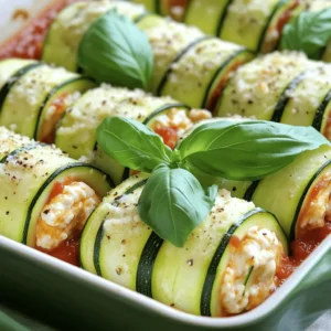 - 2 medium zucchinis, sliced thinly lengthwise - 1 cup ricotta cheese - 1 cup shredded mozzarella cheese - 1/2 cup grated Parmesan cheese - 1 egg, lightly beaten Zucchini is the star of this dish. It adds a fresh taste and a nice crunch. Cheese brings creaminess and flavor to every bite. I use ricotta for its smooth texture. Mozzarella adds stretch, while Parmesan gives a sharp taste. The egg helps bind the mixture together, making it perfect for rolling up. - 1 teaspoon dried oregano - 1 teaspoon garlic powder - 1/2 teaspoon salt - 1/4 teaspoon black pepper Seasonings are key to making these roll-ups tasty. Dried oregano adds an Italian touch. Garlic powder gives a warm, rich flavor. Salt and pepper bring out the best in all the ingredients. Together, they create a yummy filling that you will love. - 1 cup marinara sauce - Fresh basil leaves for garnish Marinara sauce is a must for this recipe. It adds moisture and a nice tang to the dish. I like to pour half the sauce in the baking dish. After rolling the zucchinis, I cover them with the rest of the sauce. Fresh basil adds a pop of color and a hint of freshness. It’s a lovely touch that makes this dish even better. For the full recipe, check the section above. Enjoy this easy and fun meal! To start, slice the zucchini. Use a sharp knife or a mandoline. Aim for thin strips, about 1/8 inch thick. This thickness helps them roll easily. After slicing, lay the strips on a clean kitchen towel. Sprinkle them lightly with salt. This step draws out excess moisture. Let the zucchini sit for about 10-15 minutes. Afterward, pat the strips dry with the towel. This keeps the roll-ups from being too soggy. Next, mix the cheese filling. In a large mixing bowl, combine the ricotta cheese, mozzarella cheese, and Parmesan cheese. Add the beaten egg, oregano, garlic powder, salt, and black pepper. Use a spoon to stir everything until well mixed. The filling should be creamy yet thick. If it feels too runny, add a bit more cheese to thicken it up. Now, it’s time to assemble the roll-ups. Start with one zucchini strip on a clean surface. Place a spoonful of the cheese mixture at one end. Roll the strip tightly around the filling. If it’s loose, use a toothpick to hold it together. Repeat this with the remaining strips. Once all the roll-ups are made, spread half of the marinara sauce in a baking dish. Place the roll-ups seam side down on top of the sauce. Pour the rest of the marinara sauce over the top. For the full recipe, check out the cooking instructions. To make these roll-ups great, avoid excess moisture in zucchini. Start by slicing the zucchini thinly. Use a mandoline or a sharp knife. After slicing, sprinkle salt on the strips. Let them sit on a clean towel for about 10-15 minutes. This step helps to draw out moisture. Once done, pat them dry with a towel. This way, your roll-ups won’t be soggy. For ensuring perfect roll-ups, spread the cheese mixture neatly at one end of each zucchini strip. Roll them tightly to keep the filling inside. If needed, use a toothpick to secure the roll-up. This step prevents the filling from spilling out during cooking. When baking, use a baking dish lined with parchment paper. This helps with easy cleanup and prevents sticking. Spread half of the marinara sauce on the bottom before placing the roll-ups. This adds flavor and moisture. Cover the dish with foil for the first part of baking. This helps the roll-ups cook evenly without drying out. To achieve a golden cheese topping, remove the foil for the last 15 minutes. This allows the cheese to bubble and brown. Keep an eye on them to avoid burning. Pair these roll-ups with a fresh salad or garlic bread. A side of steamed veggies also works great. This adds color and nutrition to your plate. For presentation, arrange the roll-ups neatly on a serving platter. Drizzle some marinara sauce over the top. Finish with fresh basil leaves for a pop of color. This makes your dish look as delicious as it tastes. For the full recipe, you can check the detailed instructions. {{image_2}} You can easily switch out cheeses in this recipe. Use goat cheese for a tangy twist or cottage cheese for a lighter option. Feel free to add other veggies, like bell peppers or spinach, to the filling. You could even mix in some cooked chicken or ground turkey for extra protein. Want to amp up the flavor? Add Italian herbs like basil and thyme. You could also sprinkle some red pepper flakes for a kick. These small changes make a big difference in taste and can cater to your spice level. If you need a gluten-free option, use gluten-free breadcrumbs in the cheese mix. For a vegan version, swap the cheeses for cashew cheese and skip the egg. These swaps keep your meal tasty while meeting dietary needs. To store leftovers, place them in an airtight container. Keep the roll-ups in the fridge. They stay fresh for about 3 to 4 days. If you can, eat them within this time for the best taste. For long-term storage, you can freeze the roll-ups. First, let them cool completely. Then, wrap each roll-up in plastic wrap and place them in a freezer bag. They can last up to 3 months. When you want to eat them, thaw in the fridge overnight. Reheat them in the oven at 350°F (175°C) for about 20 minutes. You can make these zucchini roll-ups ahead of time. Prepare them and store them in the fridge for up to 4 days before baking. They are also freezer-friendly. Make a large batch and freeze them. This way, you have a quick meal ready to go! For the full recipe, check back to the ingredients and steps above. Can I use other vegetables instead of zucchini? Yes, you can try eggplant or yellow squash. These veggies are great substitutes. They have a similar shape and texture. Just slice them thin like zucchini for best results. You might need to adjust cooking times slightly. Experiment with your favorite vegetables! How can I make this recipe dairy-free? To make it dairy-free, swap the cheeses with vegan options. There are many plant-based cheeses available today. You can also use blended cashews for a creamy texture. Just add nutritional yeast for a cheesy flavor. This way, everyone can enjoy the roll-ups! What to do if the zucchini is too watery? If your zucchini is watery, sprinkle it with salt. Let it sit for about 15 minutes. After that, pat it dry with a clean towel. This step will help remove excess moisture. You can also bake the zucchini strips for a few minutes before rolling them up. How to fix roll-ups that won’t hold together? If your roll-ups fall apart, try using more filling. A thicker filling helps hold them better. You can also use a toothpick to keep them secure. Another tip is to bake them seam-side down. This way, they will stay together while cooking. Caloric content of zucchini dinner roll-ups Each serving of zucchini dinner roll-ups contains about 250 calories. This is a great option for a light meal or snack. The calories come mainly from cheese and the egg used in the filling. Nutritional benefits of the ingredients used Zucchini is low in calories and high in fiber. It helps keep you full without adding many calories. The cheeses provide protein and calcium. They help build strong bones and muscles. Fresh basil adds antioxidants and flavor, making these roll-ups a healthy choice! This blog post covered everything you need to know about zucchini roll-ups. We discussed the main ingredients, tasty seasonings, and how to assemble the dish. I shared tips to avoid excess moisture and gave methods for perfecting your cooking. With various ingredient swaps and storage ideas, you can make this meal your own. Enjoy experimenting with flavors and sharing your delicious results! Zucchini roll-ups are simple, healthy, and sure to impress.