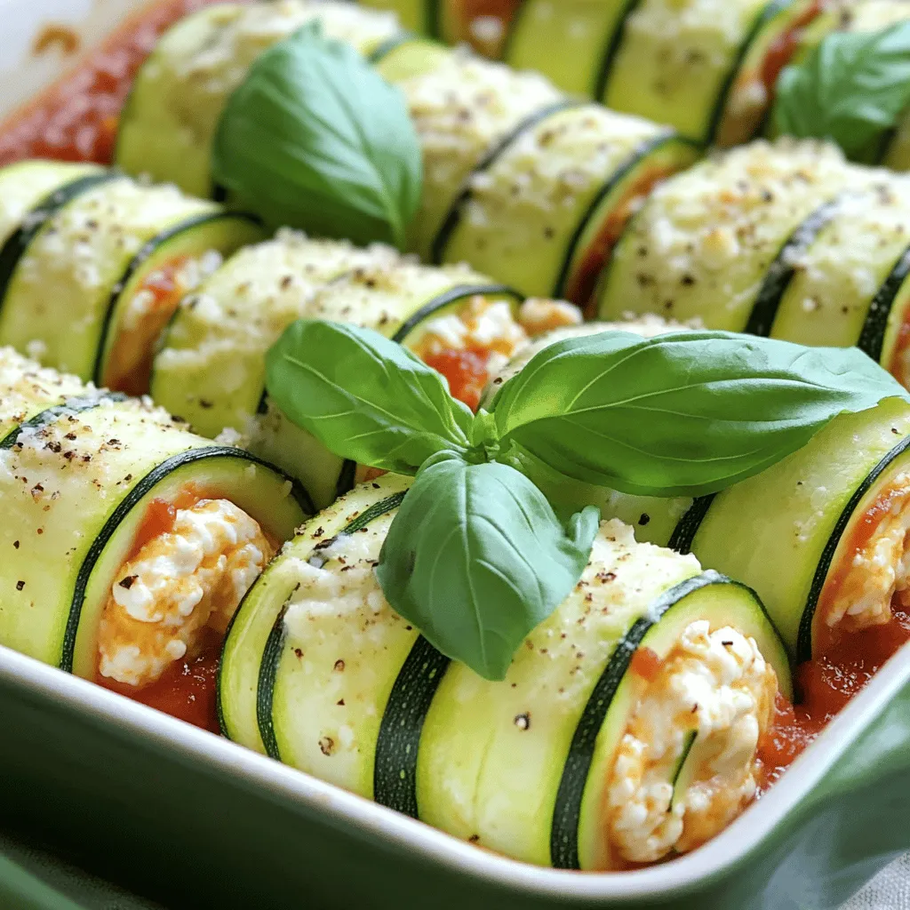 - 2 medium zucchinis, sliced thinly lengthwise - 1 cup ricotta cheese - 1 cup shredded mozzarella cheese - 1/2 cup grated Parmesan cheese - 1 egg, lightly beaten Zucchini is the star of this dish. It adds a fresh taste and a nice crunch. Cheese brings creaminess and flavor to every bite. I use ricotta for its smooth texture. Mozzarella adds stretch, while Parmesan gives a sharp taste. The egg helps bind the mixture together, making it perfect for rolling up. - 1 teaspoon dried oregano - 1 teaspoon garlic powder - 1/2 teaspoon salt - 1/4 teaspoon black pepper Seasonings are key to making these roll-ups tasty. Dried oregano adds an Italian touch. Garlic powder gives a warm, rich flavor. Salt and pepper bring out the best in all the ingredients. Together, they create a yummy filling that you will love. - 1 cup marinara sauce - Fresh basil leaves for garnish Marinara sauce is a must for this recipe. It adds moisture and a nice tang to the dish. I like to pour half the sauce in the baking dish. After rolling the zucchinis, I cover them with the rest of the sauce. Fresh basil adds a pop of color and a hint of freshness. It’s a lovely touch that makes this dish even better. For the full recipe, check the section above. Enjoy this easy and fun meal! To start, slice the zucchini. Use a sharp knife or a mandoline. Aim for thin strips, about 1/8 inch thick. This thickness helps them roll easily. After slicing, lay the strips on a clean kitchen towel. Sprinkle them lightly with salt. This step draws out excess moisture. Let the zucchini sit for about 10-15 minutes. Afterward, pat the strips dry with the towel. This keeps the roll-ups from being too soggy. Next, mix the cheese filling. In a large mixing bowl, combine the ricotta cheese, mozzarella cheese, and Parmesan cheese. Add the beaten egg, oregano, garlic powder, salt, and black pepper. Use a spoon to stir everything until well mixed. The filling should be creamy yet thick. If it feels too runny, add a bit more cheese to thicken it up. Now, it’s time to assemble the roll-ups. Start with one zucchini strip on a clean surface. Place a spoonful of the cheese mixture at one end. Roll the strip tightly around the filling. If it’s loose, use a toothpick to hold it together. Repeat this with the remaining strips. Once all the roll-ups are made, spread half of the marinara sauce in a baking dish. Place the roll-ups seam side down on top of the sauce. Pour the rest of the marinara sauce over the top. For the full recipe, check out the cooking instructions. To make these roll-ups great, avoid excess moisture in zucchini. Start by slicing the zucchini thinly. Use a mandoline or a sharp knife. After slicing, sprinkle salt on the strips. Let them sit on a clean towel for about 10-15 minutes. This step helps to draw out moisture. Once done, pat them dry with a towel. This way, your roll-ups won’t be soggy. For ensuring perfect roll-ups, spread the cheese mixture neatly at one end of each zucchini strip. Roll them tightly to keep the filling inside. If needed, use a toothpick to secure the roll-up. This step prevents the filling from spilling out during cooking. When baking, use a baking dish lined with parchment paper. This helps with easy cleanup and prevents sticking. Spread half of the marinara sauce on the bottom before placing the roll-ups. This adds flavor and moisture. Cover the dish with foil for the first part of baking. This helps the roll-ups cook evenly without drying out. To achieve a golden cheese topping, remove the foil for the last 15 minutes. This allows the cheese to bubble and brown. Keep an eye on them to avoid burning. Pair these roll-ups with a fresh salad or garlic bread. A side of steamed veggies also works great. This adds color and nutrition to your plate. For presentation, arrange the roll-ups neatly on a serving platter. Drizzle some marinara sauce over the top. Finish with fresh basil leaves for a pop of color. This makes your dish look as delicious as it tastes. For the full recipe, you can check the detailed instructions. {{image_2}} You can easily switch out cheeses in this recipe. Use goat cheese for a tangy twist or cottage cheese for a lighter option. Feel free to add other veggies, like bell peppers or spinach, to the filling. You could even mix in some cooked chicken or ground turkey for extra protein. Want to amp up the flavor? Add Italian herbs like basil and thyme. You could also sprinkle some red pepper flakes for a kick. These small changes make a big difference in taste and can cater to your spice level. If you need a gluten-free option, use gluten-free breadcrumbs in the cheese mix. For a vegan version, swap the cheeses for cashew cheese and skip the egg. These swaps keep your meal tasty while meeting dietary needs. To store leftovers, place them in an airtight container. Keep the roll-ups in the fridge. They stay fresh for about 3 to 4 days. If you can, eat them within this time for the best taste. For long-term storage, you can freeze the roll-ups. First, let them cool completely. Then, wrap each roll-up in plastic wrap and place them in a freezer bag. They can last up to 3 months. When you want to eat them, thaw in the fridge overnight. Reheat them in the oven at 350°F (175°C) for about 20 minutes. You can make these zucchini roll-ups ahead of time. Prepare them and store them in the fridge for up to 4 days before baking. They are also freezer-friendly. Make a large batch and freeze them. This way, you have a quick meal ready to go! For the full recipe, check back to the ingredients and steps above. Can I use other vegetables instead of zucchini? Yes, you can try eggplant or yellow squash. These veggies are great substitutes. They have a similar shape and texture. Just slice them thin like zucchini for best results. You might need to adjust cooking times slightly. Experiment with your favorite vegetables! How can I make this recipe dairy-free? To make it dairy-free, swap the cheeses with vegan options. There are many plant-based cheeses available today. You can also use blended cashews for a creamy texture. Just add nutritional yeast for a cheesy flavor. This way, everyone can enjoy the roll-ups! What to do if the zucchini is too watery? If your zucchini is watery, sprinkle it with salt. Let it sit for about 15 minutes. After that, pat it dry with a clean towel. This step will help remove excess moisture. You can also bake the zucchini strips for a few minutes before rolling them up. How to fix roll-ups that won’t hold together? If your roll-ups fall apart, try using more filling. A thicker filling helps hold them better. You can also use a toothpick to keep them secure. Another tip is to bake them seam-side down. This way, they will stay together while cooking. Caloric content of zucchini dinner roll-ups Each serving of zucchini dinner roll-ups contains about 250 calories. This is a great option for a light meal or snack. The calories come mainly from cheese and the egg used in the filling. Nutritional benefits of the ingredients used Zucchini is low in calories and high in fiber. It helps keep you full without adding many calories. The cheeses provide protein and calcium. They help build strong bones and muscles. Fresh basil adds antioxidants and flavor, making these roll-ups a healthy choice! This blog post covered everything you need to know about zucchini roll-ups. We discussed the main ingredients, tasty seasonings, and how to assemble the dish. I shared tips to avoid excess moisture and gave methods for perfecting your cooking. With various ingredient swaps and storage ideas, you can make this meal your own. Enjoy experimenting with flavors and sharing your delicious results! Zucchini roll-ups are simple, healthy, and sure to impress.
