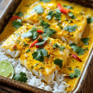 - 4 cod fillets - 1 cup coconut milk - 2 tablespoons red curry paste - 1 tablespoon fish sauce - 1 teaspoon brown sugar - 1 lime (zest and juice) - 1 cup baby spinach, chopped - 1 red bell pepper, sliced - Fresh cilantro, for garnish Creating Coconut Curry Baked Cod is easy when you have the right ingredients. You need four fresh cod fillets to start. Cod has a mild taste that pairs well with bold flavors. The creamy coconut milk adds a rich texture. Red curry paste gives it a nice kick and depth. Next, we enhance the flavor. Fish sauce brings umami to the dish. Brown sugar adds a touch of sweetness to balance the spice. A lime's zest and juice brighten the whole meal. Don't forget the veggies! Baby spinach adds color and nutrients. Sliced red bell pepper adds crunch and sweetness. Finally, fresh cilantro gives a refreshing finish. For the complete list, check the Full Recipe. Enjoy gathering these ingredients for a delicious weeknight meal! - Preheat your oven to 400°F (200°C). - In a medium bowl, whisk together: - 1 cup coconut milk - 2 tablespoons red curry paste - 1 tablespoon fish sauce - 1 teaspoon brown sugar - Zest and juice of 1 lime This mixture will give your dish a rich and creamy base. Make sure it’s well blended. - Season the cod fillets with salt and pepper on both sides. - Arrange the cod in a baking dish. - Pour the coconut curry mixture over the cod, making sure each piece is well coated. This step is key for flavor. The sauce seeps into the fish as it cooks. - Scatter sliced red bell pepper, minced ginger, and garlic over the cod. - Cover the baking dish with aluminum foil. - Bake for 15 minutes. - After 15 minutes, remove the foil and add 1 cup of chopped baby spinach. - Bake uncovered for an additional 10 to 15 minutes, until the cod is flaky and cooked through. The spinach wilts beautifully and adds a fresh touch. Serve over jasmine rice for a complete meal. You can find the Full Recipe for more details. To choose fresh cod, look for bright, clear eyes and shiny skin. The flesh should feel firm and spring back when touched. There should be no strong fishy odor. For baking, a standard oven at 400°F (200°C) cooks cod in about 25 minutes. If using a convection oven, reduce the time by 5 minutes. Always check for doneness; the cod should flake easily with a fork. To amp up the flavor, try adding spices like cumin or coriander. A dash of paprika can also bring warmth. If you want more heat, add sliced chili peppers. For a milder dish, reduce the red curry paste. Taste as you go to find your perfect heat level. Coconut Curry Baked Cod pairs well with jasmine rice. The rice soaks up the curry sauce and balances the dish. You can add steamed broccoli or sautéed green beans for color and nutrition. For an appealing presentation, serve the cod in the center of a bowl, topped with fresh cilantro. Sprinkle lime zest for a pop of color. For the full recipe, visit the previous section. {{image_2}} You can easily swap cod for other fish, like salmon. Salmon has a richer flavor and works well with the curry sauce. You might also try white fish like tilapia or halibut. These choices give you tasty options. For veggies, you can replace red bell pepper with zucchini or snap peas. Zucchini adds a mild taste and absorbs the curry flavors well. Snap peas offer a nice crunch and a hint of sweetness. If you need gluten-free options, this dish is already safe. Just check your fish sauce. Some brands add gluten, so look for a gluten-free version. For dairy-free meals, this recipe is perfect since it uses coconut milk. If you're vegan, try using tofu or chickpeas instead of fish. Tofu soaks up the curry sauce and adds protein. Chickpeas bring a hearty texture and make the dish filling. Want some heat? Add chili peppers to the mix. You can slice fresh jalapeños or use chili flakes. Adjust the amount based on your spice level. You can also experiment with different curry pastes. Green curry paste gives a fresh twist, while yellow curry paste adds a mild flavor. Each type brings its own unique taste to the dish. To keep your leftover Coconut Curry Baked Cod fresh, let it cool first. Place it in an airtight container. This helps keep out air and moisture. I like using glass containers because they are safe and easy to clean. Store the cod in the fridge. It will stay good for up to three days. When it's time to eat your leftovers, you want to warm them up right. The best way to reheat cod is in the oven. Preheat it to 350°F (175°C). Place the cod in a baking dish and cover it with foil. This keeps it moist. Heat for about 10 to 15 minutes. You can also use a microwave if you're in a hurry. Just heat it in short bursts. Check often to avoid overcooking. Can you freeze Coconut Curry Baked Cod? Yes, you can! To freeze, wrap each piece in plastic wrap and then place it in a freezer bag. This keeps it fresh longer. It can last up to three months in the freezer. When you're ready to eat it, thaw it overnight in the fridge. Reheat as mentioned above. Enjoy your tasty meal later! For the full recipe, check out the complete instructions. What can I substitute for coconut milk? If you don’t have coconut milk, try using almond milk or soy milk. You can also blend regular milk with some shredded coconut for a quick fix. Keep in mind that these may change the flavor a bit. How do I know when the cod is fully cooked? The cod is done when it flakes easily with a fork. The fish should be opaque and not translucent. A food thermometer should read 145°F (63°C) for safe eating. Can I cook cod from frozen? Yes, you can cook cod from frozen. Just add a few extra minutes to the baking time. The texture may vary slightly, but it will still taste great. What is the best way to bake fish? The best way to bake fish is at a high temperature. Preheat your oven to 400°F (200°C). Use a baking dish and cover with foil for even cooking. How do I adjust serving sizes? To adjust serving sizes, simply multiply or divide the ingredient amounts. For example, if you want to make the recipe for two, cut all ingredients in half. Can this recipe be made in advance? Yes, you can prepare the coconut curry mixture and cod ahead of time. Store them in the fridge for up to two days. Bake just before serving for the best flavor. For the full recipe, check the details above. This blog post covered the vibrant Coconut Curry Baked Cod, highlighting its key ingredients, step-by-step instructions, and tips. You learned how to choose fresh cod, enhance flavors, and provide variations for dietary needs. Remember, cooking is about experimenting. Don't hesitate to make this recipe your own. Enjoy the process and savor every bite!