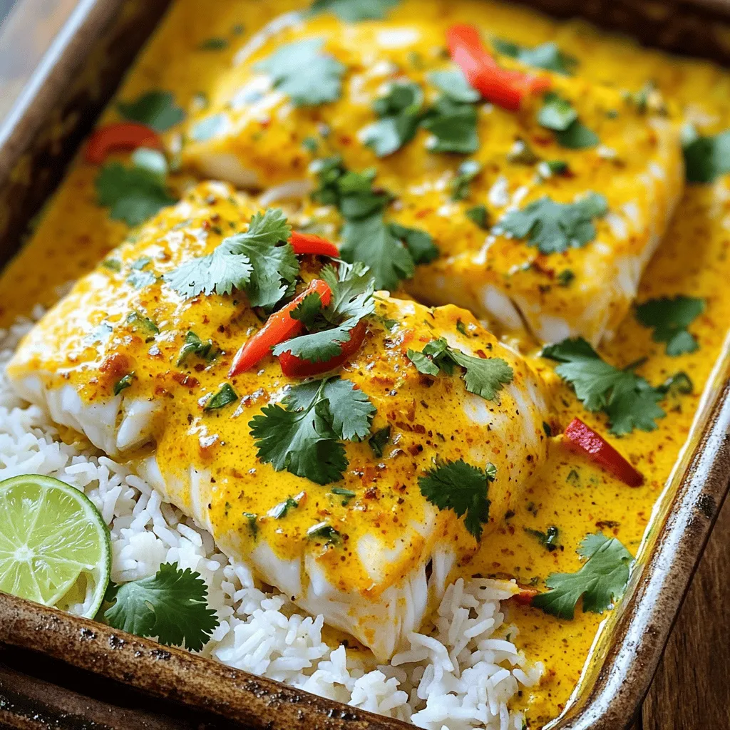 - 4 cod fillets - 1 cup coconut milk - 2 tablespoons red curry paste - 1 tablespoon fish sauce - 1 teaspoon brown sugar - 1 lime (zest and juice) - 1 cup baby spinach, chopped - 1 red bell pepper, sliced - Fresh cilantro, for garnish Creating Coconut Curry Baked Cod is easy when you have the right ingredients. You need four fresh cod fillets to start. Cod has a mild taste that pairs well with bold flavors. The creamy coconut milk adds a rich texture. Red curry paste gives it a nice kick and depth. Next, we enhance the flavor. Fish sauce brings umami to the dish. Brown sugar adds a touch of sweetness to balance the spice. A lime's zest and juice brighten the whole meal. Don't forget the veggies! Baby spinach adds color and nutrients. Sliced red bell pepper adds crunch and sweetness. Finally, fresh cilantro gives a refreshing finish. For the complete list, check the Full Recipe. Enjoy gathering these ingredients for a delicious weeknight meal! - Preheat your oven to 400°F (200°C). - In a medium bowl, whisk together: - 1 cup coconut milk - 2 tablespoons red curry paste - 1 tablespoon fish sauce - 1 teaspoon brown sugar - Zest and juice of 1 lime This mixture will give your dish a rich and creamy base. Make sure it’s well blended. - Season the cod fillets with salt and pepper on both sides. - Arrange the cod in a baking dish. - Pour the coconut curry mixture over the cod, making sure each piece is well coated. This step is key for flavor. The sauce seeps into the fish as it cooks. - Scatter sliced red bell pepper, minced ginger, and garlic over the cod. - Cover the baking dish with aluminum foil. - Bake for 15 minutes. - After 15 minutes, remove the foil and add 1 cup of chopped baby spinach. - Bake uncovered for an additional 10 to 15 minutes, until the cod is flaky and cooked through. The spinach wilts beautifully and adds a fresh touch. Serve over jasmine rice for a complete meal. You can find the Full Recipe for more details. To choose fresh cod, look for bright, clear eyes and shiny skin. The flesh should feel firm and spring back when touched. There should be no strong fishy odor. For baking, a standard oven at 400°F (200°C) cooks cod in about 25 minutes. If using a convection oven, reduce the time by 5 minutes. Always check for doneness; the cod should flake easily with a fork. To amp up the flavor, try adding spices like cumin or coriander. A dash of paprika can also bring warmth. If you want more heat, add sliced chili peppers. For a milder dish, reduce the red curry paste. Taste as you go to find your perfect heat level. Coconut Curry Baked Cod pairs well with jasmine rice. The rice soaks up the curry sauce and balances the dish. You can add steamed broccoli or sautéed green beans for color and nutrition. For an appealing presentation, serve the cod in the center of a bowl, topped with fresh cilantro. Sprinkle lime zest for a pop of color. For the full recipe, visit the previous section. {{image_2}} You can easily swap cod for other fish, like salmon. Salmon has a richer flavor and works well with the curry sauce. You might also try white fish like tilapia or halibut. These choices give you tasty options. For veggies, you can replace red bell pepper with zucchini or snap peas. Zucchini adds a mild taste and absorbs the curry flavors well. Snap peas offer a nice crunch and a hint of sweetness. If you need gluten-free options, this dish is already safe. Just check your fish sauce. Some brands add gluten, so look for a gluten-free version. For dairy-free meals, this recipe is perfect since it uses coconut milk. If you're vegan, try using tofu or chickpeas instead of fish. Tofu soaks up the curry sauce and adds protein. Chickpeas bring a hearty texture and make the dish filling. Want some heat? Add chili peppers to the mix. You can slice fresh jalapeños or use chili flakes. Adjust the amount based on your spice level. You can also experiment with different curry pastes. Green curry paste gives a fresh twist, while yellow curry paste adds a mild flavor. Each type brings its own unique taste to the dish. To keep your leftover Coconut Curry Baked Cod fresh, let it cool first. Place it in an airtight container. This helps keep out air and moisture. I like using glass containers because they are safe and easy to clean. Store the cod in the fridge. It will stay good for up to three days. When it's time to eat your leftovers, you want to warm them up right. The best way to reheat cod is in the oven. Preheat it to 350°F (175°C). Place the cod in a baking dish and cover it with foil. This keeps it moist. Heat for about 10 to 15 minutes. You can also use a microwave if you're in a hurry. Just heat it in short bursts. Check often to avoid overcooking. Can you freeze Coconut Curry Baked Cod? Yes, you can! To freeze, wrap each piece in plastic wrap and then place it in a freezer bag. This keeps it fresh longer. It can last up to three months in the freezer. When you're ready to eat it, thaw it overnight in the fridge. Reheat as mentioned above. Enjoy your tasty meal later! For the full recipe, check out the complete instructions. What can I substitute for coconut milk? If you don’t have coconut milk, try using almond milk or soy milk. You can also blend regular milk with some shredded coconut for a quick fix. Keep in mind that these may change the flavor a bit. How do I know when the cod is fully cooked? The cod is done when it flakes easily with a fork. The fish should be opaque and not translucent. A food thermometer should read 145°F (63°C) for safe eating. Can I cook cod from frozen? Yes, you can cook cod from frozen. Just add a few extra minutes to the baking time. The texture may vary slightly, but it will still taste great. What is the best way to bake fish? The best way to bake fish is at a high temperature. Preheat your oven to 400°F (200°C). Use a baking dish and cover with foil for even cooking. How do I adjust serving sizes? To adjust serving sizes, simply multiply or divide the ingredient amounts. For example, if you want to make the recipe for two, cut all ingredients in half. Can this recipe be made in advance? Yes, you can prepare the coconut curry mixture and cod ahead of time. Store them in the fridge for up to two days. Bake just before serving for the best flavor. For the full recipe, check the details above. This blog post covered the vibrant Coconut Curry Baked Cod, highlighting its key ingredients, step-by-step instructions, and tips. You learned how to choose fresh cod, enhance flavors, and provide variations for dietary needs. Remember, cooking is about experimenting. Don't hesitate to make this recipe your own. Enjoy the process and savor every bite!