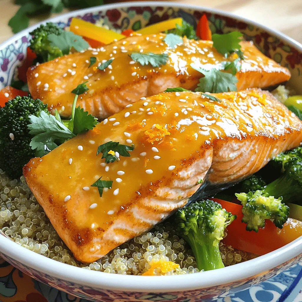 - 2 salmon fillets (skin on) - 1 cup cooked quinoa - 1 cup broccoli florets - 1 bell pepper, sliced (any color) - 2 tablespoons olive oil - Salt and pepper to taste - Zest of 1 orange - Juice of 1 orange - 1 tablespoon honey - 1 teaspoon soy sauce (gluten-free option: tamari) - 1 tablespoon sesame seeds - Fresh cilantro for garnish When making crispy orange salmon bowls, I focus on fresh and healthy ingredients. The salmon fillets bring rich flavor and good fats. Quinoa adds protein and texture to the dish. Broccoli florets and bell peppers give color and crunch. The olive oil helps cook the salmon. Salt and pepper allow you to control the seasoning. The orange zest and juice elevate the dish with a sweet and tart flavor. Honey adds a touch of sweetness, while soy sauce adds depth. Sesame seeds give a nice crunch and nutty flavor. Fresh cilantro on top adds a burst of freshness. These ingredients come together to create a balanced meal. For the full recipe, check out the steps to prepare this delicious dish. To start, preheat your oven to 425°F (220°C). This heat helps the salmon cook evenly. Line a baking sheet with parchment paper for easy cleanup. Place your salmon fillets skin-side down on the sheet. Brush them with olive oil. Season with salt, pepper, and orange zest. Drizzle fresh orange juice over the fillets for added flavor. Bake the salmon in your preheated oven for 12 to 15 minutes. You want it to flake easily with a fork. For that crispy skin, switch to broil for the last 2 minutes. Watch closely, so it doesn’t burn. This step gives your salmon a lovely golden finish. While your salmon cooks, heat a skillet over medium heat. Add the remaining olive oil. Toss in the broccoli florets and sliced bell pepper. Sauté these veggies for 5 to 7 minutes. You want them tender but still crisp. Season with salt and pepper to make the flavors pop. In a small bowl, mix honey, soy sauce, and leftover orange juice from the salmon. The ratio of honey to soy sauce should balance sweetness and saltiness. Stir this mixture well. Taste it and adjust if needed. You want a sauce that complements the salmon perfectly. Now it’s time to build your bowls. Start with a base of cooked quinoa in each bowl. Layer on the sautéed vegetables next. Place a crispy salmon fillet on top. Drizzle the orange sauce over the salmon. Be careful not to drown it; you want the sauce to enhance the dish. For garnishing, sprinkle fresh cilantro and sesame seeds on top. This adds color and texture to your meal. Serve these bowls warm for a balanced meal. Consider adding a slice of orange on the side for extra zing. Enjoy your colorful, healthy, and flavorful creation! To get the best flavor from your salmon, marinate it for at least 30 minutes. This soaking time allows the fish to absorb the juice, zest, and honey. For seasoning, I use a mix of salt, pepper, and orange zest. This combo brings out the salmon's natural taste and adds a citrus twist. You can cook salmon in many ways. Grilling gives a nice smoky flavor, while pan-searing adds a crispy crust. If you want perfect doneness, look for an internal temperature of 145°F (63°C). The salmon should flake easily with a fork but still be juicy. Plating your Crispy Orange Salmon Bowl can make it extra special. Use colorful dishes to make the food stand out. You can also layer the ingredients for an appealing look. Pair the salmon with a fresh side salad or some roasted veggies for a full meal experience. For an extra touch, add a slice of orange on the side. {{image_2}} You can switch up the protein in your crispy orange salmon bowls. Try using chicken for a lighter option. Tofu is also a great choice for a vegan meal. Both alternatives still soak in the tasty sauce. Feel free to play with the veggies too. Instead of broccoli, try green beans or snap peas. You can also add carrots or zucchini for extra crunch. Mix and match to suit your taste. Get creative with the sauce! Swap the orange for lemon or lime to change the flavor. You can also add a splash of vinegar for a tangy twist. For more depth, try adding minced garlic or fresh ginger. These ingredients bring warmth and richness to the dish. Adjust the sweetness by adding more honey if you like it sweeter. You can turn your bowls into a refreshing salad. Simply chop the salmon and mix it with leafy greens. Add your favorite dressing for a light meal. If you prefer wraps, use a tortilla. Spread some quinoa, veggies, and salmon inside. Roll it up for a tasty on-the-go meal. For meal prep, store each component separately. This keeps the flavors fresh and the textures intact. Make a few bowls at once for quick lunches or dinners throughout the week. To store your Crispy Orange Salmon Bowls, keep them in airtight containers. This helps lock in flavors and moisture. Place the salmon, quinoa, and veggies in separate containers if you can. This keeps everything fresh longer. You can store them in the fridge for up to three days. The flavors stay strong during this time. If you notice any changes in smell or texture, it is best to toss it. You can freeze your salmon bowls for later meals. First, freeze each component separately. Place the salmon in a freezer bag, and remove as much air as possible. The quinoa and veggies can also go in bags or containers. They freeze well for up to three months. When you want to eat them, thaw everything in the fridge overnight. You can reheat the salmon in the oven or microwave. The quinoa and veggies can be heated on the stove or in the microwave, too. Leftovers from your Crispy Orange Salmon Bowls can lead to new meals. You can make a tasty salad by mixing the components with greens. Another idea is to create a wrap using tortillas. To refresh the flavors upon reheating, add a squeeze of fresh orange juice. This gives the dish a bright, fresh taste. You can also drizzle a bit more soy sauce or honey for extra flavor. To reduce the fishy taste of salmon, you can use simple techniques. Soaking salmon in milk for 15-30 minutes helps. The proteins in milk neutralize strong flavors. You can also season the salmon with herbs and citrus. Lemon or orange juice brightens the flavor and adds freshness. Try marinating the salmon before cooking. A mix of soy sauce and honey can mask fishiness well. Yes, you can use frozen salmon. First, thaw it safely in the fridge overnight. If you're in a hurry, you can thaw it under cold running water for about 30 minutes. Cook the salmon directly from frozen, but add a few extra minutes to the cooking time. Always check the center to ensure it cooks through. Many sides pair well with Crispy Orange Salmon Bowls. You can try: - Steamed asparagus - Roasted sweet potatoes - Mixed green salad - Garlic sautéed spinach These sides add color and nutrition to your meal. Fresh herbs like basil or mint can also enhance the flavor. You can tell salmon is fully cooked by its color and texture. It should turn from bright pink to a lighter shade. The flesh should flake easily with a fork. For a precise check, use a food thermometer. The internal temperature should reach 145°F (63°C). If in doubt, it's better to cook a bit longer than undercook. This article covered how to make delicious crispy orange salmon bowls. We explored the key ingredients, cooking techniques, and tips to enhance flavor. You can customize this dish with different proteins and veggies, making it versatile. Remember, presentation matters just as much as taste. With these steps, you’ll impress family and friends at the dinner table. Enjoy creating your own tasty variations and make meal prep a breeze!