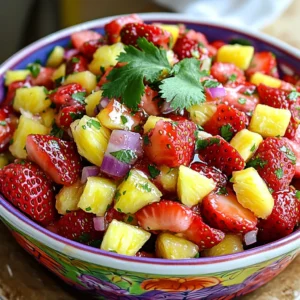 To make this tasty salsa, you need fresh ingredients. Here are the main ones: - 1 cup fresh strawberries, hulled and diced - 1 cup fresh pineapple, diced - 1/4 cup red onion, finely chopped - 1 jalapeño, deseeded and minced (optional for heat) - 2 tablespoons fresh cilantro, chopped - 1 tablespoon honey or agave syrup - Juice of 1 lime - Salt to taste These ingredients mix well together. The sweet strawberries and pineapple add bright flavors. The red onion gives it a nice crunch. If you want some heat, add the jalapeño. You can change the salsa to fit your taste. Here are some optional ingredients: - Bell peppers for more color - Avocado for creaminess - Mango for extra sweetness - Black beans for protein - A dash of cumin for warmth Feel free to play with these options. Customizing the recipe keeps it fresh and exciting. This salsa is not just yummy; it’s also good for you. Here’s why: - Strawberries are full of vitamin C and fiber. They help your immune system. - Pineapple has bromelain, which aids digestion. It’s also hydrating. - Red onion provides antioxidants that are great for heart health. - Cilantro is rich in vitamins and may help detox your body. - Lime juice adds vitamin C and helps balance flavors. Each ingredient adds its own health benefits. Enjoying this salsa gives you a tasty treat and nutrient boost. For the full recipe, check out the details above. Start by gathering all your ingredients. You will need: - 1 cup fresh strawberries, hulled and diced - 1 cup fresh pineapple, diced - 1/4 cup red onion, finely chopped - 1 jalapeño, deseeded and minced (optional for heat) - 2 tablespoons fresh cilantro, chopped - 1 tablespoon honey or agave syrup - Juice of 1 lime - Salt to taste Make sure your strawberries and pineapple are fresh. Wash them well before dicing. The red onion adds crunch, while jalapeño brings heat. If you want a milder salsa, skip the jalapeño. Chopping the cilantro adds a fresh, green taste. In a medium bowl, combine the diced strawberries and pineapple. Mix in the finely chopped red onion and minced jalapeño if you like heat. Next, sprinkle the fresh cilantro over the fruit. Drizzle honey or agave syrup and lime juice on top. Gently stir all the ingredients together. You want to blend the flavors without smashing the fruit. After mixing, season with salt to taste. Adjust the sweetness or acid to your liking. Let the salsa sit for at least 15 minutes. This resting time lets the flavors meld. For serving, use a colorful bowl to show off your salsa. Garnish with a sprig of cilantro on top. You can pair the salsa with tortilla chips for a tasty snack. It also works well as a topping for grilled chicken or fish. The fresh flavors brighten any dish. For the complete recipe, check out the Full Recipe section. To boost the taste of your Strawberry Pineapple Fruit Salsa, consider adding lime zest. This little twist adds a fresh zing. You can also try a pinch of cumin for warmth. A dash of chili powder gives a nice kick too. Taste and adjust the salt and sweetness. Each bite should burst with flavor. This salsa pairs well with so many dishes. Serve it with tortilla chips for a fun snack. Use it as a topping for grilled chicken or fish. It also works great on tacos or in wraps. Try it with plain yogurt for a sweet dip. Each pairing brings out new flavors. You don’t need fancy tools to make this salsa. A sharp knife helps you chop the fruit. Use a cutting board for easy prep. A medium bowl is perfect for mixing everything. A citrus juicer makes squeezing limes simple. For serving, a colorful bowl adds flair. You can find all these items in most kitchens. For the full recipe, check the section above. {{image_2}} You can change this salsa by adding other tropical fruits. Try mango, kiwi, or papaya. These fruits add new flavors and textures. Each fruit brings its own sweetness, making the salsa even better. Mix in a cup of diced fruit to keep it fresh and fun. If you like heat, try adding more jalapeño. You can also use a dash of cayenne pepper. This will give your salsa a nice kick. Start with a little, then taste and adjust. You can balance the spice with honey or agave syrup. This sweet heat can surprise your taste buds! Feel free to get creative! Add diced red bell pepper for color and crunch. Chopped avocado makes it creamy and rich. You can even mix in some diced cucumber for a refreshing twist. Try different herbs like mint or basil for unique flavors. Experiment and find your favorite combo! For the complete guide, check the Full Recipe. To keep your leftover salsa fresh, place it in an airtight container. You can use a glass or plastic container. Make sure the lid seals tightly. This helps prevent air from getting in. Store it in the fridge for up to three days. If you notice any changes in color or smell, it’s best to toss it out. You can freeze salsa, but it may change texture. To freeze, use a freezer-safe bag or container. Leave some space at the top, as salsa may expand when frozen. It will stay good for about three months. When ready to use, thaw it in the fridge overnight. Give it a stir before serving to mix the ingredients. The main ingredients in your salsa have different shelf lives. Fresh strawberries last about five to seven days in the fridge. Pineapple stays fresh for about three to five days once cut. The red onion can last up to two weeks. Cilantro is best used within a week for the best flavor. Lime juice should be used fresh but can last up to a week in the fridge. Always check your ingredients before using them in your salsa. For the full recipe, check the earlier section. Strawberry Pineapple Fruit Salsa goes well with many dishes. You can serve it with grilled chicken or fish. The sweet and tangy flavors brighten up the meal. It also pairs nicely with tacos or on top of nachos. If you want a snack, dip tortilla chips into it. This salsa can even enhance a fresh salad, adding a fruity kick. To add spice, you can include more jalapeños. Just chop them finely and mix them in. You can also try adding a pinch of cayenne pepper. This will give it a nice heat. If you want a different flavor, use a dash of hot sauce. Start small, then taste and adjust as needed. You can use canned fruit, but fresh is best. Canned fruit often has added sugar and syrup. This can change the taste of your salsa. If you use canned fruit, rinse it to remove extra syrup. Then, chop it well before mixing. The texture might be softer, but it can still taste good. Just remember, fresh fruit gives the best flavor. For the full recipe, check out the link provided. This blog post has covered everything about Strawberry Pineapple Fruit Salsa. We explored key ingredients, preparation steps, and creative variations. You learned how to enhance flavors and pair dishes well. I shared storage tips to help keep the salsa fresh. In conclusion, making your own salsa is easy and fun. Enjoy customizing it to your taste! Try new flavors and share with friends. Fresh salsa adds joy to any meal.