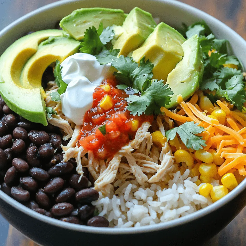 To create a delicious Slow Cooker Chicken Burrito Bowl, gather the following ingredients: - 1.5 lbs boneless, skinless chicken breasts - 1 can (15 oz) black beans, drained and rinsed - 1 can (15 oz) corn, drained - 1 cup salsa (mild or spicy) - 1 tsp chili powder - 1 tsp cumin - 1 tsp garlic powder - ½ tsp smoked paprika - 1 cup long-grain rice (uncooked) - 2 cups chicken broth (low-sodium recommended) - Salt and pepper to taste - Optional toppings: diced avocado, shredded cheese, sour cream, fresh cilantro These ingredients combine to make a meal that is both satisfying and fun. The chicken provides protein, while beans and corn add fiber and flavor. You can choose the salsa based on your heat preference. The spices give depth to the dish, making each bite exciting. Using long-grain rice helps to soak up all the tasty juices. With this recipe, you can customize it with toppings like avocado or cheese. This adds freshness or creaminess. Don't forget to check out the Full Recipe for step-by-step guidance on making your burrito bowl! Start by laying the chicken breasts at the bottom of the slow cooker. This helps the chicken soak up all the flavors. Next, in a medium bowl, mix the black beans, corn, salsa, chili powder, cumin, garlic powder, smoked paprika, salt, and pepper. This mixture adds a rich taste. Pour this over the chicken, covering it well. Now, rinse the long-grain rice under cold water until the water runs clear. This step removes excess starch. Layer the rice on top of the bean mix in the slow cooker. Then, carefully pour chicken broth over the rice. Make sure it soaks evenly. Set your slow cooker to low heat for 6-7 hours or high for 3-4 hours. Cooking on low allows the flavors to blend better. Keep the lid on during cooking to lock in steam. The chicken should cook until it shreds easily with a fork. Once cooking is done, shred the chicken right in the slow cooker using two forks. This makes mixing easy. Stir everything together well to combine flavors. Taste your dish and adjust the seasoning with salt and pepper if needed. Let it sit for an extra 10-15 minutes. This helps the flavors meld. Serve hot, and top with diced avocado, shredded cheese, sour cream, or fresh cilantro for a burst of flavor. For the full recipe, be sure to check the ingredients section. For juicy and tender chicken, use boneless, skinless chicken breasts. They cook well in the slow cooker and shred easily. You can also try thighs for a richer taste. Rinsing the rice is very important. It removes excess starch, helping the rice cook better. A clear rinse leads to fluffy rice and prevents clumping in your bowl. Pair your burrito bowl with fresh sides. Try tortilla chips or a simple green salad. For drinks, serve cold lemonade or iced tea for a refreshing touch. To present the bowl beautifully, layer your ingredients. Start with rice, then add chicken and beans. Top it off with colorful veggies like diced avocado and bright cilantro. Plan ahead for busy nights. You can prep the ingredients the night before. Just store everything in the fridge. In the morning, place them in the slow cooker. Making a big batch is smart. You can enjoy leftovers for lunch or dinner later. Freeze extra burrito bowls in airtight containers. They can last up to three months in the freezer. {{image_2}} You can make your burrito bowl unique by switching ingredients. For a vegetarian option, swap the chicken for beans or tofu. Black beans add protein and fiber. Tofu absorbs flavors well; just season it right. If you like heat, try adding jalapeños. You can mix in fresh or pickled jalapeños. They add a nice kick to your dish. Feel free to adjust the spice level based on your taste. Rice isn’t the only choice for your burrito bowl. Quinoa is a superb swap. It’s packed with protein and has a nutty flavor. Cauliflower rice is another great option for a low-carb meal. It’s light and absorbs flavors well. You can also mix grains. Try combining brown rice with quinoa for added texture. Experimenting with different grains keeps your meals exciting and fresh. Want to elevate your dish? Consider adding spices like smoked paprika or cayenne pepper. These spices can give your bowl a unique taste. Just a pinch can make a big difference. Incorporate extra veggies, too! Bell peppers, zucchini, or spinach blend well with the dish. You can sauté them before adding or throw them in raw. They add color and nutrition, making your meal more vibrant. For the full recipe, check out the Slow Cooker Chicken Burrito Bowl. Enjoy crafting your perfect bowl! To keep your leftovers fresh, store them in an airtight container. This helps prevent spoilage. Place the bowl in the fridge within two hours of cooking. Slow cooker chicken burrito bowls last about 3 to 4 days in the fridge. Freezing your burrito bowl is easy. First, let it cool completely. Then, divide it into portions and place them in freezer-safe bags or containers. Label them with the date for easy tracking. Your burrito bowls can stay in the freezer for up to three months. When you're ready to eat, thaw them in the fridge overnight. You can reheat your bowl in the microwave or on the stove. For the microwave, place the bowl in and heat it for 2-3 minutes. Stir halfway to ensure even heating. If you prefer the stove, warm it in a pan over medium heat. Add a splash of chicken broth to keep it moist. This will help the flavors stay rich and delicious. You can enjoy this dish with various sides and toppings. Here are some ideas: - Tortilla chips: Crunchy and fun to dip. - Guacamole: Creamy and rich, perfect with the bowl. - Mexican street corn: Sweet corn with lime and cheese adds flavor. - Lettuce wraps: Use leaves for a fresh, low-carb option. - Sliced jalapeños: For those who like extra heat. - Pico de gallo: Fresh and zesty, it brightens the meal. - Sour cream or Greek yogurt: Adds creaminess and balances spice. These sides and toppings keep your meal exciting and full of flavor! Yes, you can use frozen chicken in this recipe. Here are some tips: - Cooking time: If using frozen chicken, cook on high for 4-5 hours instead of low for 6-7 hours. - No thawing needed: Place the frozen chicken straight in the slow cooker. - Check doneness: Ensure the chicken reaches 165°F for safety. Use a meat thermometer. Using frozen chicken is a great way to save time and still enjoy a tasty meal! Making your Slow Cooker Chicken Burrito Bowl gluten-free is easy. Here’s how: - Check salsa: Make sure it’s labeled gluten-free. - Rice: Use long-grain rice as it’s naturally gluten-free. - Broth: Opt for gluten-free chicken broth. Many brands offer this option. - Toppings: Choose gluten-free options for cheese and sour cream. With these simple swaps, you can enjoy a delicious gluten-free meal! In this blog post, I shared a clear guide for making a tasty slow cooker chicken burrito bowl. You learned about the key ingredients, step-by-step instructions, and helpful tips. I also covered variations and storage methods to keep meals fresh. There’s no need for fancy cooking here; just follow the steps and enjoy a hearty meal. With this recipe, you can easily customize and adapt it to suit any taste. Try it out and make it your own!