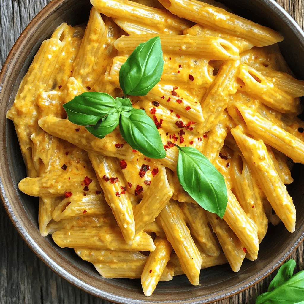 - High-protein pasta options: Choose whole grain penne for more fiber and protein. - Roasted red peppers: Use jarred ones for ease, or roast your own for flavor. - Creamy base: Cottage cheese adds protein, while Greek yogurt gives a tangy touch. - Nutritional yeast: This adds a cheesy taste without using dairy. - Olive oil: A splash boosts richness and flavor in the sauce. - Garlic, smoked paprika, salt, and pepper: These spices enhance the dish's overall taste. - Fresh basil leaves: They provide a fresh, herbal note on top. - Crushed red pepper flakes: These add a spicy kick if you like heat. This recipe blends nutrition and taste perfectly. For the full recipe, check out the details. First, bring a large pot of salted water to a boil. This helps flavor the pasta as it cooks. Next, add 12 oz of whole grain penne pasta. Cook the pasta until it is al dente, which usually takes about 8 to 10 minutes. Don’t forget to reserve 1 cup of the pasta water before draining. This water will help you adjust the sauce later. Now, it’s time to make the sauce. In a blender or food processor, combine 2 large roasted red peppers, 1 cup of cottage cheese, and 1/2 cup of nutritional yeast. Add 3 minced garlic cloves, 2 tablespoons of olive oil, 1 teaspoon of smoked paprika, 1/2 teaspoon of salt, and 1/4 teaspoon of black pepper. Blend everything until the mixture is smooth and creamy. You want the sauce to be thick but spreadable, so check the texture as you blend. Next, heat the sauce in a large skillet over medium heat. Let it warm up for about 3 to 5 minutes. Stir occasionally to prevent sticking. If you find the sauce too thick, add some of the reserved pasta water a little at a time until it reaches your desired consistency. Once the sauce is hot, add the drained pasta to the skillet. Toss the pasta with the creamy roasted red pepper sauce to coat it evenly. You want every piece of pasta to be covered in that delicious sauce. For the full recipe, check out the complete guide! You can use homemade or jarred roasted red peppers. Homemade peppers taste fresh and bright. Jarred peppers save time and still deliver great flavor. Choose based on your schedule and taste preference. Balancing seasonings is key. Start with salt and pepper. Then, add smoked paprika for a smoky touch. Always taste as you go. Adjust as needed to make the dish pop. To adjust sauce thickness, save some pasta water. After draining the pasta, add a little water to the sauce. Stir it in until the sauce is creamy and smooth. If you want to try other creamy bases, use Greek yogurt or vegan cream cheese. Both will make your dish rich and delicious. For side dishes, I love a simple green salad. It adds crunch and freshness. Garlic bread also pairs well with the pasta. When it comes to wine, a light red like Pinot Noir works great. If you prefer white wine, try a Chardonnay. Both will enhance the meal's flavors. For the Full Recipe, just click here and enjoy! {{image_2}} Enhancing this dish with protein makes it even more satisfying. You can easily add grilled chicken or shrimp to the pasta. Simply grill the meat until cooked and chop it into bite-sized pieces. Toss it in with the pasta and sauce just before serving. If you're looking for a vegetarian option, consider using tofu or chickpeas. Cook the tofu until golden and crispy, or use canned chickpeas for a quick boost. Both options add great texture and nutrition. If you want a vegan version, there are simple swaps. You can use vegan cream cheese or plant-based yogurt in place of cottage cheese. These alternatives keep the creamy texture and rich flavor. Additionally, for a cheesy taste, consider using whole food substitutes for nutritional yeast. Blended cashews or sunflower seeds can work well to give that creamy, cheesy vibe without dairy. Pasta shapes can change the whole feel of this dish. You can explore various options like gluten-free penne, rotini, or even spaghetti. Each shape holds sauce differently, which can enhance your meal. Remember, cooking times will vary based on the pasta type you choose. Check the package for guidance to ensure your pasta is cooked just right. To keep your pasta fresh, store leftovers in an airtight container. This helps prevent the pasta from drying out. Place the creamy sauce in a separate container. This keeps the sauce smooth and avoids soggy pasta. You can reheat your pasta in the microwave or on the stovetop. For the microwave, place the pasta in a bowl and cover it. Heat it for one minute, stir, then heat for another minute. On the stovetop, add a splash of water to the pasta in a skillet. Heat on low and stir until warm. To keep the creaminess, add a bit of reserved pasta water if it gets too thick. Yes, you can freeze high protein creamy roasted red pepper pasta. For best results, freeze the pasta and sauce separately. Use freezer-safe containers or bags. When ready to eat, thaw in the fridge overnight. Reheat on the stove or in the microwave. If frozen, it may need extra time to heat through. To make this dish, follow these simple steps: 1. Cook the Pasta: Boil salted water and cook the penne until al dente. Save 1 cup of pasta water before draining. 2. Blend the Sauce: Mix roasted red peppers, cottage cheese, nutritional yeast, garlic, olive oil, smoked paprika, salt, and black pepper in a blender. Blend until smooth. 3. Heat the Sauce: Warm the sauce in a skillet over medium heat for 3–5 minutes. Add reserved pasta water if needed. 4. Combine Pasta and Sauce: Toss the drained pasta with the sauce in the skillet until well coated. 5. Serve: Plate the pasta and garnish with fresh basil and red pepper flakes if you like. For more details, check the Full Recipe. When looking for high-protein pasta, consider these options: - Whole Grain Penne: This pasta offers more fiber and protein than regular pasta. - Chickpea Pasta: Made from chickpeas, it's rich in protein and gluten-free. - Lentil Pasta: Packed with protein and fiber, lentil pasta adds a nice texture. - Quinoa Pasta: This is another gluten-free choice with a good protein boost. These pasta types help you enjoy your meal while meeting your protein needs. Yes, you can make this recipe ahead of time! Here’s how: - Meal Prep: Cook the pasta and sauce in advance. Store them separately in airtight containers. - Freezing Tips: You can freeze the sauce. Just let it cool, then store in a freezer-safe container. Thaw it in the fridge before reheating. - Reheating: Warm the pasta and sauce together on the stovetop. Add a splash of water to keep it creamy. This recipe is perfect for easy weeknight dinners! This blog post covered how to make high-protein creamy roasted red pepper pasta. We explored key ingredients, cooking steps, and flavor tips. You can easily adjust the recipe to suit your taste and needs. From protein additions to storage tips, you can enjoy this dish flexibly. Remember, cooking should be fun and rewarding. Follow these steps, and you'll impress anyone at your table with a delicious meal. Don’t hesitate to get creative and make this pasta your own!