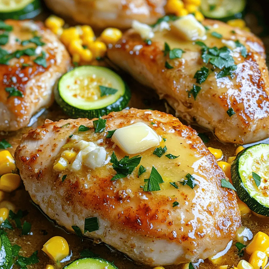 To make Garlic Butter Chicken with Zucchini and Corn, gather these main ingredients: - 4 boneless, skinless chicken breasts - 4 tablespoons unsalted butter - 5 cloves garlic, minced - 2 medium zucchinis, sliced into half-moons - 1 cup sweet corn (fresh or frozen) These ingredients create a rich and tasty dish. The chicken provides protein, while zucchini and corn add freshness. Next, you need some seasonings to boost the flavor: - 1 teaspoon paprika - 1 teaspoon dried oregano - Salt and pepper to taste These seasonings help to enhance the taste of the chicken and vegetables. Paprika gives a slight warmth, while oregano adds a herbal note. Finally, for a bright touch, use: - Fresh parsley, chopped (for garnish) Chopped parsley adds color and a fresh flavor. It makes the dish look beautiful and inviting. You can find the full recipe with detailed instructions to prepare this dish. - Seasoning the Chicken Breasts Start by seasoning the chicken breasts. Sprinkle salt, pepper, paprika, and dried oregano on both sides. This adds flavor to the chicken. - Melting the Butter In a large skillet, melt 2 tablespoons of butter over medium heat. This will create a rich base for cooking. - Cooking the Chicken in the Skillet Add the seasoned chicken breasts to the skillet. Cook for about 6-7 minutes on each side. The chicken should turn golden brown and reach an internal temperature of 165°F (75°C). Once done, remove the chicken and set it aside. - Sautéing the Garlic In the same skillet, melt the remaining 2 tablespoons of butter. Add the minced garlic and sauté for about 1 minute. Be careful not to burn the garlic. This step brings out its wonderful aroma. - Cooking Zucchini and Corn Next, add the sliced zucchini and corn to the skillet. Sauté for about 5-7 minutes. You want the zucchini to be tender yet still crisp. Stir occasionally to ensure even cooking. - Combining Chicken and Vegetables Return the chicken to the skillet. Spoon some garlic butter over the chicken. Cook for an additional 2-3 minutes to heat everything through. This step brings all the flavors together. For the complete details, check the Full Recipe. - Achieving Perfectly Cooked Chicken To get juicy chicken, start with even-sized breasts. This ensures they cook at the same rate. Season them well with salt, pepper, paprika, and oregano. When you cook, use medium heat. This helps the chicken brown nicely and stay moist. Cook each side for about 6-7 minutes. Check the internal temp; it should hit 165°F. - Controlling Garlic Flavor Garlic can be strong. If you want a milder taste, add it later in the cooking process. Sauté it for just a minute. This way, it stays fragrant but doesn’t overpower the dish. You want a nice balance of garlic flavor with the chicken and veggies. - Alternatives for Chicken If you don’t have chicken, try turkey or tofu. Both options work well in this recipe. They can soak up the garlic butter flavor, making them tasty. - Other Vegetables to Consider Feel free to mix in other veggies. Bell peppers, asparagus, or spinach can add color and nutrition. You can even use frozen veggies if fresh ones aren’t available. - Pairing Ideas with Garlic Butter Chicken This dish goes great with rice or quinoa. Both soak up the garlic butter sauce and add a nice texture. You can also serve it with a fresh salad for a light meal. - Best Sides to Complement the Dish Roasted potatoes or a warm bread roll can round out your meal. They help balance the flavors and make it more filling. {{image_2}} You can add a kick to your garlic butter chicken. Red pepper flakes bring heat. Just sprinkle some on the chicken before cooking. This small change will add a nice zing. You may also try other seasonings. Cayenne pepper or hot sauce can work well. Adjust the amount to match your taste. If you love creamy dishes, you can make this chicken extra rich. Adding cream or cheese transforms the dish. Stir in heavy cream after cooking the chicken. It creates a luscious sauce. You can also top it with cheese. Mozzarella or parmesan melts nicely over the chicken. Don't feel limited to just zucchini and corn. You can mix in bell peppers for sweetness. Dice them and add them to the skillet. Spinach is another great option, adding color and nutrients. For seasonal ideas, consider asparagus in spring or squash in fall. Each veggie adds its own flavor. How do you store leftovers? After making garlic butter chicken, let it cool. Place the chicken and veggies in an airtight container. Keep it in the fridge for up to four days. This helps maintain flavor and safety. What are the best containers for storage? Use glass or BPA-free plastic containers. These materials keep food fresh and are easy to clean. Ensure your containers seal tightly to avoid spills and keep out air. What are freezing tips for garlic butter chicken? If you want to freeze it, let the dish cool completely. Then, divide it into portions. Use freezer-safe containers or bags. Remove as much air as possible to avoid freezer burn. How do you thaw and reheat garlic butter chicken? Transfer the container from the freezer to the fridge. Let it thaw overnight. For reheating, warm it in a skillet over medium heat. Stir until hot. You can also microwave it in short bursts. What is the expected duration in the fridge? Garlic butter chicken lasts about three to four days in the fridge. It’s best to eat it within this time for the best taste. What are the best practices for freshness? Always store the food in airtight containers. Keep the fridge temperature below 40°F (4°C). If you notice any signs of spoilage, like off smells or colors, throw it away. Yes, you can use frozen chicken. However, you must thaw it first. Place the chicken in the fridge overnight. If you're short on time, you can use the cold water method. Keep the chicken in its package and submerge it in cold water for about an hour. Change the water every 30 minutes until thawed. Always ensure the chicken reaches 165°F (75°C) when cooked. This way, it is safe to eat. If you don't have zucchini, don't worry! You can use other veggies. Some great options include: - Yellow squash - Bell peppers - Mushrooms - Broccoli These vegetables will add nice flavors and textures. Adjust cooking times based on the vegetable you choose. For example, broccoli may need a few extra minutes to cook. To make this dish gluten-free, focus on your ingredients. Use gluten-free butter, as some brands may contain gluten. For seasonings, check labels to ensure they are gluten-free. Using fresh herbs for flavor is also a great option. This dish remains delicious and safe for those with gluten sensitivity! You can enjoy it without worry. For more details, check the Full Recipe. In this blog post, we explored how to make a flavorful garlic butter chicken dish. We covered essential ingredients like chicken breasts, butter, garlic, zucchini, and corn. Step-by-step instructions guided you from seasoning the chicken to cooking and adding vegetables. You learned tips on achieving perfect cooking and ingredient substitutions. Variations helped spark new ideas for your meals. Finally, we discussed smart storage methods to keep your leftovers fresh. This recipe allows for creativity while being easy to prepare and enjoy. Try it your way, and savor each bite!