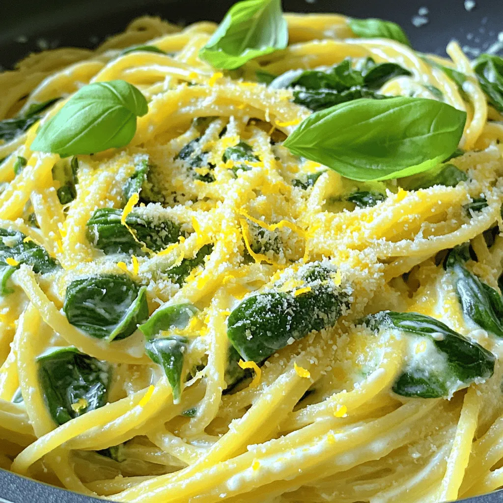 - 8 oz spaghetti or any pasta of your choice - 1 cup ricotta cheese - 1 cup fresh spinach, roughly chopped - 1 medium lemon, zested and juiced These main ingredients make the dish shine. The spaghetti provides a nice base, while the ricotta adds creaminess. Spinach gives it a fresh touch, and lemon brings bright flavor. - 2 tablespoons olive oil - 2 cloves garlic, minced - Salt and pepper to taste The pantry staples are simple but key. Olive oil adds richness. Garlic gives an aromatic kick. Salt and pepper help balance all the flavors. - Fresh basil, for garnish - Grated Parmesan cheese, for serving (optional) Optional ingredients can enhance your meal. Fresh basil adds color and flavor. Parmesan cheese gives a salty finish. You can use these as you like. For the full recipe, check out [Full Recipe]. This dish comes together quickly, making it perfect for busy nights. Boil a large pot of salted water. Add 8 oz of spaghetti or your favorite pasta. Cook it until al dente, following the package guide. Remember to save 1/2 cup of the pasta water before you drain it. This water helps make the sauce creamy. In a large skillet, heat 2 tablespoons of olive oil over medium heat. Add 2 cloves of minced garlic and cook it for about 1 minute. You want it to smell great without burning. Next, toss in 1 cup of roughly chopped spinach. Cook it until it wilts, which should take about 2-3 minutes. Season it with a pinch of salt and pepper for extra flavor. Lower the heat now. Stir in 1 cup of ricotta cheese, the juice and zest from 1 medium lemon. Mix everything well. Add some of the reserved pasta water to make it creamy. You can add more water if needed. Now, add the drained pasta to the skillet. Gently toss everything together. Make sure the pasta is well-coated in that tasty ricotta-spinach mixture. Taste it and adjust the seasoning with more salt, pepper, or lemon juice if you like. For the full recipe, check the detailed instructions above. To make the best 10-minute lemon ricotta pasta, start by choosing the right pasta. I love using spaghetti, but any pasta works well. The key is to cook it al dente. This gives the dish a nice bite. Next, for a creamy sauce, make sure to reserve some pasta water. This starchy water helps to bind the sauce and pasta. When you mix in the ricotta and lemon, add a bit of this water until you reach that perfect creamy texture. Want to amp up the lemon flavor? Add more zest or a splash of lemon juice. This brightens the dish and makes it pop! Don't be shy with spices either. A pinch of red pepper flakes can add a nice kick. Herbs can elevate your pasta too. Fresh basil is a great choice. You might also try parsley or thyme for different tastes. Just sprinkle them in before serving. Garnishing your dish makes it look fancy. I love adding fresh basil leaves on top. They add color and a nice aroma. If you want, sprinkle some grated Parmesan cheese before serving. It adds richness and a salty bite. Serve in a nice bowl, and your pasta will look as good as it tastes! For more details, check out the Full Recipe. {{image_2}} You can switch out ricotta cheese for cottage cheese or cream cheese. These options offer a different taste and texture. If you want a vegan choice, try silken tofu blended until smooth. For greens, spinach is great, but you can also use kale or arugula. These greens add their own flavor and texture. To make this dish heartier, add grilled chicken or shrimp. Both bring a nice protein boost. If you prefer plant-based protein, try chickpeas or lentils. They mix well with the creamy sauce and keep it filling. You can change the flavor profile by using different citrus. Try lime or orange for a twist. Fresh herbs like parsley or thyme can also enhance the dish. For some heat, add red pepper flakes. It adds a nice kick to the creamy pasta. To keep your pasta fresh, cool it first. Place it in an airtight container. This helps keep the taste and texture. You can store it in the fridge for up to three days. Remember to label it with the date. This way, you won't forget it! When reheating, avoid the microwave if possible. It can dry out your pasta. Instead, use a skillet on low heat. Add a splash of olive oil or a bit of water to help with moisture. Stir it often to warm it evenly. This keeps the pasta creamy and tasty. You can freeze this pasta for future meals. First, let it cool completely. Then, place it in a freezer-safe container. Make sure to leave some space for expansion. It can last up to three months in the freezer. When you're ready to eat, thaw it overnight in the fridge. Reheat it in a skillet with a little olive oil or water for best results. Yes, you can make this dish vegan! To replace the ricotta cheese, use cashew cheese or tofu. Both options give a creamy texture. For the Parmesan, try nutritional yeast. It adds a cheesy flavor without dairy. You can also use a vegan butter or olive oil to sauté the garlic. Lastly, ensure your pasta is egg-free to keep it vegan-friendly. This pasta lasts about 3 to 4 days in the fridge. Store it in an airtight container to keep it fresh. When you want to eat it, check for any signs of spoilage. If it smells off or looks different, it’s best to toss it. Yes, you can use whole wheat or gluten-free pasta! Just cook them according to the package instructions. Whole wheat will add more fiber and a nutty taste. Gluten-free pasta can change the texture slightly, so watch the cooking time to avoid mushiness. Adjust the cooking time as needed for the best results. For the full recipe, check the recipe section above. This blog post covered a delicious pasta dish featuring simple ingredients. We explored the main items like spaghetti, ricotta cheese, and spinach. I shared cooking steps and handy tips to make every bite creamy and tasty. You can also tweak the recipe to fit your taste. Remember, leftovers can be stored well, making it easy to enjoy later. Try new flavors and enjoy your cooking adventure. Cooking should be fun and tasty!