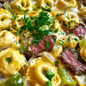 - 12 ounces cheese tortellini - 8 ounces ribeye steak, thinly sliced - 1 tablespoon olive oil - 1 medium onion, sliced - 1 green bell pepper, sliced - 2 cloves garlic, minced - Salt and pepper to taste - 1 cup heavy cream - 1 cup provolone cheese, shredded - 1 tablespoon Worcestershire sauce - Fresh parsley, chopped (for garnish) When I make Cheesesteak Tortellini in Rich Provolone Sauce, I love how simple the ingredients are. The cheese tortellini gives a soft, cheesy base. Ribeye steak adds a rich flavor. I use olive oil to cook the steak, which helps it brown nicely. For the veggies, I slice a medium onion and a green bell pepper. Sautéing them brings out their natural sweetness. I add minced garlic for a punch of flavor and season with salt and pepper. The sauce is what makes this dish shine. Heavy cream gives it a rich texture. Provolone cheese melts into a creamy delight that coats everything well. Worcestershire sauce adds depth. Finally, I sprinkle fresh parsley for a burst of color and flavor. Using these ingredients, you can create a meal that feels gourmet yet is easy to make. For the complete process, refer to the full recipe. - Prepare pasta according to package instructions. - Drain and set aside. Cooking tortellini is simple. Boil water in a large pot. Add a pinch of salt to enhance flavor. Cook the cheese tortellini until al dente. This usually takes about 3 to 5 minutes. Checking the package will give you the right time. Once cooked, drain the tortellini and set it aside. - Heat olive oil in a skillet over medium-high heat. - Cook sliced ribeye until browned, then set aside. For the steak, take a large skillet and heat olive oil. Make sure the oil shines but does not smoke. Add your thinly sliced ribeye. Season with salt and pepper. Cook for about 3 to 4 minutes. You want it browned but still juicy. Once done, remove the steak from the skillet and set it aside. - Sauté onions and bell peppers until caramelized. - Add minced garlic and cook briefly. In the same skillet, add sliced onions and bell peppers. Sauté them until they turn soft and caramelized, about 5 to 6 minutes. This adds so much flavor! After that, add minced garlic and cook for just one more minute. The garlic should smell great but not burn. - Add heavy cream and simmer. - Gradually stir in provolone cheese until melted. Now it's time to make the sauce. Lower the heat and add heavy cream to the skillet with the veggies. Stir well and let it simmer gently. After a minute or two, start adding the shredded provolone cheese. Stir continuously until the cheese melts and the sauce is smooth. - Return cooked steak and tortellini to the skillet. - Mix everything until well coated with sauce. Next, return the cooked steak and tortellini to the skillet. Gently toss everything together. You want each piece coated with that creamy provolone sauce. Taste the mix and adjust seasoning as needed. - Garnish with fresh parsley before serving. Finally, remove the skillet from the heat. Garnish with chopped fresh parsley for a pop of color. It looks great and adds freshness to the dish. You can now serve your cheesesteak tortellini in rich provolone sauce. Enjoy every bite! You can find the full recipe at the top of this section. - Use fresh tortellini for better texture. Fresh pasta gives a delightful bite. - Ensure tortellini is cooked al dente to maintain bite. This means it should be firm to the tooth. - Select ribeye or sirloin for optimal flavor. Ribeye is rich and tender, while sirloin is leaner. - Consider marbling for juicier steak. Marbling adds fat, which keeps the meat moist and tasty. - Add extra cheese for a richer flavor. You can mix in more provolone or try mozzarella. - Use a splash of red wine for depth. A little wine can brighten the sauce's taste and aroma. These tips will help you create the best cheesesteak tortellini in rich provolone sauce. For the full experience, check out the Full Recipe. Enjoy cooking! {{image_2}} You can easily make this dish vegetarian. Just swap the steak for mushrooms. Portobello or shiitake mushrooms work best. You can also use a plant-based protein. This gives you a hearty meal without meat. Want to boost your meal's nutrition? Mix in some fresh spinach. You can also add sun-dried tomatoes or artichokes. These ingredients add color and flavor. They also make your dish look more appealing on the plate. If you want to change the flavor, try different cheeses. You can swap provolone for mozzarella or fontina. Each cheese brings a unique taste and texture. Experiment with what you like best for a fun twist on this recipe. For the full recipe, check out the [Full Recipe]. Store leftovers in an airtight container for up to 3 days. This keeps the flavors fresh. Make sure to cool the dish before sealing it. Freeze in portions for up to 2 months. It’s best to use freezer-safe containers. Before reheating, thaw the portions in the fridge overnight. This helps the texture stay nice. Reheat on the stove with a splash of cream or milk. This helps retain creaminess and flavor. Stir gently to warm everything evenly. Enjoy your delicious Cheesesteak Tortellini in Rich Provolone Sauce again! You can find the Full Recipe for more tips. - Yes, frozen tortellini works well; just add extra cooking time. - Mozzarella, gouda, or Monterey jack are excellent alternatives. - Add crushed red pepper flakes or Italian seasoning for extra flavor. - Yes, it's ideal for meal prep; just store portions separately before mixing. This blog post covered a delicious cheese tortellini dish with ribeye steak. You learned about the key ingredients and how to prepare them step-by-step. I also shared tips for perfecting the dish and ideas for variations. These insights make it easy to get creative. Whether you choose to stick with the original recipe or make your own twists, enjoy your cooking. This dish is simple yet flavorful, perfect for any occasion. Happy cooking!