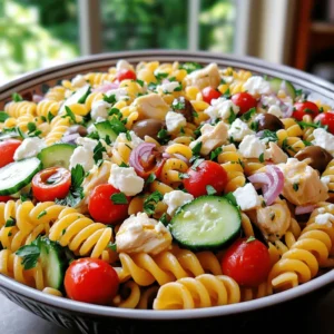 - 2 cups rotini or penne pasta - 1 cup cooked chicken breast, diced - 1 cup cherry tomatoes, halved - 1 cucumber, diced - 1/2 red onion, finely chopped - 1/2 cup Kalamata olives, pitted and sliced - 1/2 cup feta cheese, crumbled - 1/4 cup fresh parsley, chopped The pasta is the heart of this dish. I love using rotini or penne because they hold the dressing well. Cooked chicken adds protein and flavor. You can use leftover chicken or rotisserie chicken for ease. Fresh vegetables bring crunch and color. Cherry tomatoes add sweetness, while cucumbers offer a cool bite. Red onion gives a nice zing, and Kalamata olives add a briny touch. Feta cheese gives a creamy finish. Fresh parsley brightens everything up. - 1/4 cup olive oil - 2 tablespoons red wine vinegar (or substitute with lemon juice) - 1 teaspoon dried oregano - Salt and pepper to taste The dressing is simple but packed with flavor. Olive oil is rich and smooth. Red wine vinegar adds a tangy kick, or you can use lemon juice for a zestier note. Dried oregano gives an earthy taste. Salt and pepper round out the flavors. - Calories and macros per serving: Around 350 calories, 20g protein, 30g carbs, 15g fat. - Health benefits of key ingredients: This salad is full of nutrients. Chicken offers lean protein. Vegetables provide vitamins and minerals. Olives contain healthy fats, and feta adds calcium. This meal is balanced and delicious. For the full recipe, refer to the detailed instructions provided earlier. To start, bring a large pot of salted water to a boil. Add 2 cups of rotini or penne pasta. Cook the pasta until it is al dente, which means it should be firm to the bite. This usually takes about 8 to 10 minutes, but follow the package instructions for the best result. Once it's done, drain the pasta in a colander. Rinsing it under cold water is key. It stops the cooking process and helps cool it down for the salad. While the pasta cools, chop the vegetables. Take 1 cup of cherry tomatoes and halve them. Dice 1 cucumber and finely chop 1/2 of a red onion. You can also chop 1/4 cup of fresh parsley. These fresh veggies add a great crunch and flavor to the salad. Next, in a small bowl, mix the dressing. Combine 1/4 cup of olive oil, 2 tablespoons of red wine vinegar (or lemon juice), 1 teaspoon of dried oregano, and some salt and pepper. Whisk it all together until it blends well. Now, it’s time to combine everything. In a large mixing bowl, add the cooled pasta, 1 cup of cooked chicken breast (diced), halved cherry tomatoes, diced cucumber, chopped red onion, 1/2 cup of sliced Kalamata olives, crumbled feta cheese (1/2 cup), and the parsley. Pour the dressing over the top. Gently toss all the ingredients together. Make sure everything gets coated well. For the best flavor, chill the salad in the fridge for at least 30 minutes before serving. This helps all the tastes meld together beautifully. To make your Mediterranean Chicken Pasta Salad really pop, focus on seasoning. Start with salt and pepper. Taste your dish as you mix. You can always add more later. I often add a pinch of salt first. You can enhance the flavor with fresh herbs. Fresh parsley and basil can brighten your dish. They add great taste and color. Cooking chicken can take time. To save time, prepare your chicken ahead of time. Cook it in bulk and store it in the fridge. You can also use pre-cooked or rotisserie chicken from the store. This way, you can skip cooking and focus on the salad. Presentation matters. Serve your salad in a large bowl for a family style meal. You can also use individual plates for a nice touch. Top each serving with extra feta and parsley. This adds color and flair. Pair your salad with a crisp white wine or sparkling water. This makes a refreshing meal complete. {{image_2}} Making it gluten-free To make this dish gluten-free, swap regular pasta for gluten-free rotini or penne. Many brands offer great taste and texture. Check the package for cooking times, as they may differ from regular pasta. Vegan adaptations For a vegan option, replace chicken with chickpeas or grilled tofu. Use vegan feta cheese or leave out the cheese entirely. This keeps the salad fresh and tasty while catering to plant-based diets. Alternative proteins If you want to change the protein, try shrimp, turkey, or even canned tuna. Each option adds its unique flavor and texture. Just ensure you cook the protein properly, especially if using raw meat or seafood. Different types of cheese Feta cheese is delicious, but you can swap it for goat cheese or even mozzarella. Each cheese gives a different taste, so choose what you enjoy most. Crumbled cheese works best for a nice blend with the pasta. Adding spicy elements For those who like some heat, consider adding red pepper flakes or sliced jalapeños. A bit of spice can brighten the dish and add excitement. Start with a small amount and adjust to your taste. Incorporating seasonal vegetables Seasonal veggies are a great way to customize this salad. Add bell peppers, zucchini, or asparagus. These vegetables not only add color but also boost nutrition. Mix and match based on what is fresh and available. For the full recipe, check out the Mediterranean Chicken Pasta Salad section above. To keep your Mediterranean chicken pasta salad fresh, store it in an airtight container. Make sure to place it in the fridge right after serving. The salad stays good for about 3 to 5 days. After that, the flavors may fade and the veggies can get soggy. You can freeze the chicken and pasta separately. The vegetables and dressing do not freeze well. If you freeze the chicken and pasta, use them within 2 to 3 months for the best taste. To thaw, place them in the fridge overnight. You can also microwave them on low. To refresh your leftovers, add a splash of olive oil or a squeeze of lemon juice. This brings back the salad's bright flavors. Serve it cold or at room temperature. Pair it with warm pita or a side of fresh fruit for a tasty meal. Enjoy! Yes, you can make this salad ahead of time. To store it, place it in an airtight container. Chill the salad in the fridge. This keeps it fresh for up to three days. Just remember to mix it again before serving. The flavors will blend nicely overnight. Rotini or penne pasta works great in this salad. These shapes hold onto the dressing well. You can also use fusilli for a fun twist. If you prefer a lighter option, try whole wheat or gluten-free pasta. They will still taste amazing with the same ingredients. To lower the calories, switch to lean chicken breast. You can also reduce the amount of olive oil. Using less feta cheese can help too. Instead of dressing, squeeze fresh lemon juice for flavor. Adding more veggies will also make it lighter and healthier. For the full recipe, check out the Mediterranean Chicken Pasta Salad details. This post covered a tasty Mediterranean chicken pasta salad. You learned about the main ingredients like pasta and chicken. We explored how to dress it with olive oil, vinegar, and herbs. I shared step-by-step cooking and assembly tips. You discovered ways to adjust the dish for different diets and storage practices. In the end, you can enjoy this salad fresh or saved for later. Small changes can make it fit your needs. Experiment with flavors to find your favorite version. Happy cooking!