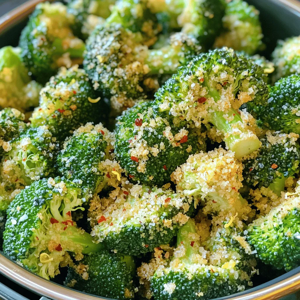 - 1 lb fresh broccoli florets - 3 tablespoons olive oil - 4 cloves garlic, minced - 1/2 teaspoon red pepper flakes (optional) - 1 teaspoon garlic powder - 1 teaspoon onion powder - Salt and pepper to taste - Zest of 1 lemon - 2 tablespoons grated Parmesan cheese (optional) - Air fryer - Mixing bowl - Kitchen towel - Measuring spoons When making crispy garlic air fryer broccoli, you need fresh ingredients. The broccoli must be bright green and firm. Olive oil helps the garlic stick and adds flavor. Minced garlic is key for that rich taste. Red pepper flakes add heat if you like spice. Garlic powder and onion powder enhance the flavors. Salt and pepper balance everything. Lemon zest gives a fresh twist. Parmesan cheese adds a creamy touch, but it’s optional. You’ll also need some tools. An air fryer is essential for that perfect crisp. A mixing bowl will help combine your ingredients. A kitchen towel is handy for drying the broccoli. Measuring spoons ensure you use the right amounts. For the full recipe, check the earlier section. This dish is simple yet full of flavor. Enjoy cooking! 1. Start by washing the broccoli florets. Rinse them under cold water to remove any dirt. 2. After washing, dry the florets with a kitchen towel. This step is key for crispiness. 3. In a large bowl, mix together olive oil, minced garlic, red pepper flakes, garlic powder, onion powder, salt, and pepper. Stir well to combine. 4. Add the dried broccoli florets to the bowl. Toss them until they are evenly coated with the garlic mixture. 1. Preheat your air fryer to 375°F (190°C) for about 3-5 minutes. This ensures even cooking. 2. Place the seasoned broccoli in the air fryer basket. Keep them in a single layer to allow air to circulate. 3. Cook the broccoli for 10-12 minutes. Shake the basket halfway through to ensure even cooking. The broccoli should be crispy and golden. 1. Once cooked, take the broccoli out of the air fryer. Toss it with lemon zest and grated Parmesan cheese if you like. 2. Serve the broccoli hot. Enjoy the crunchy texture and rich garlic flavor! For more details, check the Full Recipe. To get that perfect crunch, drying the broccoli is key. Water on the florets will steam them instead of crisping them. Use a kitchen towel and pat them dry well. Next, set your air fryer to 375°F (190°C). This temperature helps achieve that golden, crispy finish. You can adjust the garlic and spice levels to match your taste. Want more garlic? Add extra cloves. If you like it spicy, increase the red pepper flakes. You can also switch up the flavors with herbs like thyme or rosemary. Try other spices like paprika for a smoky touch. Avoid putting too many florets in the air fryer basket. Overcrowding can lead to uneven cooking. Make sure there's some space between each piece. Cooking times may vary based on your air fryer model. Check on the broccoli and shake the basket halfway through cooking to ensure they crisp evenly. {{image_2}} You can switch up the veggies in this recipe. Try using asparagus instead of broccoli. It cooks well in the air fryer too. Cauliflower is another great choice. It gets crispy and tasty when air-fried. Brussels sprouts can be fun, too. Just cut them in half and follow the same steps. Each veggie brings its own flavor and texture. Want to mix things up? You can add different herbs or spices. Paprika gives a nice smoky taste. If you like heat, try cayenne pepper for a kick. You can also sprinkle on some lemon pepper for a zesty twist. For cheese lovers, consider alternatives like feta or nutritional yeast. Each adds a unique flavor and can change the dish completely. If you're looking for a vegan twist, it's easy! Skip the Parmesan cheese. You can use nutritional yeast instead. It gives a cheesy flavor without dairy. You can also replace any non-vegan ingredients with plant-based options. This keeps the dish tasty and friendly for all diets. Enjoy a delicious, crispy dish that everyone can love, and check out the Full Recipe for more ideas! To keep your crispy garlic air fryer broccoli fresh, use airtight containers. This method prevents moisture from getting in. Store the leftovers in the fridge. They will stay good for about 3 to 4 days. Make sure to cool the broccoli before sealing it in the container. To regain that crispiness, avoid the microwave. Instead, use the air fryer. Preheat it to 350°F (175°C) and heat the broccoli for about 3-5 minutes. This keeps the texture nice and crunchy. If you must use a microwave, place a paper towel on top. This will help absorb some moisture, but the broccoli may still lose some crisp. You can freeze broccoli for later use. First, blanch it in boiling water for 2-3 minutes. This step keeps the color and flavor. After blanching, cool the broccoli in ice water. Drain well and pack it into airtight containers or freezer bags. When you're ready to cook, you can air fry it straight from frozen. Just add a few extra minutes to the cooking time. Yes, you can use frozen broccoli. Just remember to thaw it first. Pat it dry to remove excess moisture. This helps get that crispy texture. Cook time may need to be adjusted. Start with 10 minutes and check for doneness. Your broccoli is done when it turns crispy and golden. It should feel tender but not mushy. You can check it by piercing with a fork. If it goes in easily, it’s ready. Shake the basket halfway through cooking for even crispiness. Absolutely! You can add vegetables like carrots, bell peppers, or cauliflower. Just cut them into similar sizes to broccoli. This ensures they cook evenly. Adjust cooking time if the added veggies need more time. Crispy garlic air fryer broccoli is low in calories. One serving has about 100 calories. It includes fiber, vitamins C and K, and healthy fats from olive oil. If you use Parmesan cheese, it adds protein and calcium too. This dish is already gluten-free! All the ingredients used, like broccoli and spices, are safe. Just make sure to check any added items, like sauces or dressings. Always read labels to ensure they are gluten-free. This blog post covered how to make crispy garlic air fryer broccoli. You learned the key ingredients, tools, and step-by-step instructions. I shared tips for the best results, different veggie options, and storage info. Remember, using fresh broccoli and drying it well are vital for crispiness. Feel free to get creative with flavors and enjoy your dish! With these guidelines, you are ready to impress anyone with this simple yet tasty recipe.