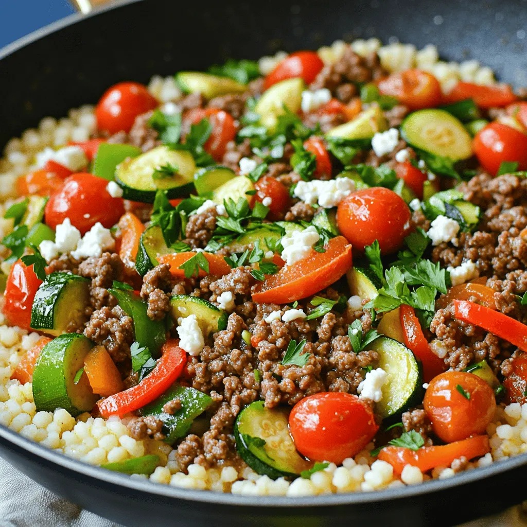 - 1 lb ground beef - 2 tablespoons olive oil - 1 medium onion, chopped - 3 cloves garlic, minced - 1 red bell pepper, sliced - 1 zucchini, sliced - 1 cup cherry tomatoes, halved - 1 teaspoon dried oregano - 1 teaspoon ground cumin - 1 teaspoon smoked paprika - Salt and pepper to taste - Fresh parsley, chopped (for garnish) - Feta cheese, crumbled (optional) Gather these ingredients to create a colorful and tasty meal. The ground beef is the star, providing a rich flavor. Olive oil helps to cook the beef and veggies while adding healthy fats. Chopped onion and garlic give a strong base, making your dish aromatic. For the veggies, red bell pepper and zucchini add crunch and color. Cherry tomatoes provide sweetness and freshness. The herbs and spices, like oregano and cumin, make the dish pop. Smoked paprika adds depth. You can also add feta cheese for a tangy finish. This recipe is simple yet packed with flavor. You can find the Full Recipe for more details on how to prepare this delightful meal. Enjoy the cooking process! Start by gathering your ingredients. Here’s what you need to do: - Chop the vegetables: Cut the onion, bell pepper, and zucchini into small pieces. This helps them cook evenly. - Mince the garlic: Use a knife or a garlic press for this task. Fresh garlic adds a great flavor. - Measure the spices: Get out your dried oregano, cumin, and smoked paprika. Having everything ready makes cooking easier. Next, it’s time to cook the beef. - Heat olive oil in a skillet: Pour 2 tablespoons of olive oil into a large skillet. Turn the heat to medium-high. - Sauté onion and garlic until fragrant: Once the oil is hot, add the chopped onion and minced garlic. Stir them for about 2-3 minutes. They should smell amazing and become soft. Now, let’s add the ground beef and veggies. - Brown the ground beef in the skillet: Increase the heat to high. Add 1 pound of ground beef to the skillet. Cook it for about 5-7 minutes. Use a spatula to break it apart. It should turn brown. - Stir in bell pepper, zucchini, and tomatoes: Once the beef is browned, add the sliced bell pepper, zucchini, and halved cherry tomatoes. Cook for another 3-4 minutes. The veggies should start to soften. Let’s finish up the dish. - Season the mixture and cook through: Add 1 teaspoon of dried oregano, 1 teaspoon of ground cumin, 1 teaspoon of smoked paprika, and salt and pepper to taste. Mix everything well. Cook for about 2-3 more minutes until heated through. - Serve over cooked couscous or quinoa: Take 2 cups of cooked couscous or quinoa and plate it. Spoon your beef stir fry on top. If you like, garnish with fresh parsley and feta cheese. Enjoy your meal! For the full recipe, check out Mediterranean Delight Beef Stir Fry . To make your stir fry stand out, cook on high heat. This method locks in flavors and gives your dish a nice sear. Fresh herbs really make a difference, too. They add brightness and depth to the meal. Consider using parsley, mint, or basil for a fresh kick. Feel free to adjust spice levels to fit your taste. If you like it hot, add red pepper flakes. You can also mix in other Mediterranean ingredients. Try olives, artichokes, or even some feta cheese for added richness. Each addition brings a new flavor twist. Garnish your stir fry with fresh parsley and crumbled feta cheese. This not only adds color but also enhances the taste. For plating, use a large, flat bowl. Serve the beef on a bed of couscous or quinoa. This makes the dish look appetizing and inviting. {{image_2}} You can switch up the meat in this dish easily. Ground turkey or chicken works well. These options provide a lighter taste but still pack a punch. If you're looking for a plant-based choice, try using plant-based meat. These substitutes give you the same texture and flavor without the animal products. This makes your meal friendly for everyone. Adding more veggies to your stir fry boosts flavor and nutrition. You can include vegetables like spinach, broccoli, or carrots. These options add color and crunch. Seasonal vegetables are also great. Think about asparagus in spring or squash in fall. Each season brings fresh veggies that can enhance your dish. Spices can really change the game for your stir fry. You might want to try adding different spices or sauces. For example, a splash of soy sauce or a sprinkle of chili flakes can add depth. Another tip is to use lemon zest or juice. This simple step adds brightness and freshness to the meal. It’s an easy way to elevate your dish and make it shine. To store leftovers, let the dish cool. Place it in an airtight container. I recommend glass containers for easy reheating and a better seal. Keep the beef stir fry in the fridge for up to three days. This will keep it fresh and tasty. For long-term storage, you can freeze the stir fry. Portion it into freezer-safe bags or containers. Be sure to remove as much air as possible. This helps prevent freezer burn. When you're ready to eat, thaw it overnight in the fridge. To reheat, warm it in a skillet on medium heat. Stir occasionally for even heating. In the fridge, the dish lasts about three days. In the freezer, it can stay good for up to three months. Look for signs of spoilage, like off smells or changes in texture. If you see frost or ice crystals, it's best to discard it. Enjoy your meal while it's fresh for the best flavor and quality! Yes, you can prepare this stir fry ahead of time. Here are some best practices: - Cook the beef and veggies: Sauté them fully and let them cool. - Store in an airtight container: This keeps the flavors fresh. - Reheat gently: Use a skillet over medium heat to warm it up. You have many tasty options for side dishes. Here are some ideas: - Couscous or quinoa: These grains absorb the flavors well. - Greek salad: Fresh veggies and feta cheese add a nice crunch. - Hummus with pita bread: A great way to add a dip to your meal. To reduce carbs while keeping flavor: - Skip the grains: Serve the stir fry over leafy greens instead. - Add more veggies: Use cauliflower rice or zucchini noodles. - Limit or remove potatoes: These add carbs but not much flavor. Each serving has about: - Calories: 450 - Protein: 30g - Key nutrients: Rich in vitamins A and C from the bell pepper and zucchini. Yes, this recipe can be gluten-free. To ensure it is: - Use gluten-free couscous or quinoa: Check labels to avoid gluten. - Choose gluten-free feta cheese: Not all feta is gluten-free, so read the labels. For the complete details, check the Full Recipe: Mediterranean Delight Beef Stir Fry This blog post covers a delicious Mediterranean Ground Beef Stir Fry. We discussed main ingredients, preparation steps, and tips for a great dish. You can easily customize it with different proteins or veggies. Store leftovers properly to enjoy later. With these simple steps, you'll create a tasty meal that impresses. Explore this recipe and make it your own. Cooking can be fun and rewarding!