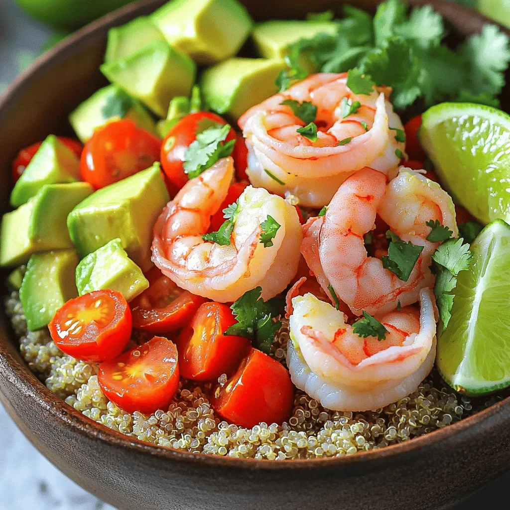 - Shrimp: Use 1 pound of medium or large shrimp, peeled and deveined. Fresh shrimp enhances flavor. - Avocados: Choose 2 ripe avocados. Look for ones that yield slightly when pressed. - Quinoa: For a tasty base, use 1 cup of cooked quinoa. You can swap quinoa with brown rice or farro for different textures. - Red Bell Pepper: One diced red bell pepper adds sweetness and crunch. - Cherry Tomatoes: Use 1 cup of halved cherry tomatoes for freshness. - Olive Oil: 2 tablespoons of olive oil help sauté the shrimp. - Lime Juice: Add 1 tablespoon of lime juice for a zesty kick. - Garlic Powder: 1 teaspoon of garlic powder gives depth of flavor. - Salt and Pepper: Use salt and pepper to taste for seasoning. - Fresh Cilantro: Garnish with cilantro for a pop of color and flavor. - Lime Wedges: Serve lime wedges on the side for extra zest. - Calories per Serving: Each serving has about 400 calories. - Macronutrient Breakdown: This dish has 25g of protein, 20g of fat, and 40g of carbs. - Health Benefits: Shrimp is low in calories and high in protein. Avocados add healthy fats and fiber. Together, they create a balanced meal. To start, marinate your shrimp with simple seasonings. Use olive oil, garlic powder, salt, and pepper. Mix these in a bowl, then add the shrimp. Coat each piece well. Let the shrimp sit for about 10 minutes. This helps the flavors soak in. Now, let’s cook the shrimp perfectly. Heat a skillet over medium-high heat. Once hot, add the shrimp. Cook them for 2-3 minutes on each side. They should turn pink and opaque. Remove them from heat and set aside. Perfectly cooked shrimp should be tender, not rubbery. Next, it’s time to layer your bowl. Start with the cooked quinoa at the bottom. This base adds texture and protein. After that, layer the diced avocados, cherry tomatoes, and red bell pepper. Each layer adds color and flavor. The order matters. It not only impacts taste but also visual appeal. A well-layered bowl looks inviting and delicious. Use a clear bowl to show off those vibrant colors. Now for the final touches! Drizzle fresh lime juice over the top. This brightens the flavors and adds zest. Lime juice also helps keep the avocado fresh. For garnishing, sprinkle chopped cilantro on top. This adds a lovely pop of color and a fresh taste. Serve with lime wedges on the side. This gives everyone an extra kick of flavor. For the complete recipe, check out the [Full Recipe]. To make the perfect shrimp, avoid overcooking. Shrimp cook fast. Aim for 2-3 minutes per side in a hot skillet. Once they turn pink and opaque, they’re done. Keep an eye on them. If you cook too long, they get rubbery. Remove them from heat right away. For avocados, freshness is key. Choose ripe ones that yield slightly to gentle pressure. If you want to keep them bright, use lime juice. A quick squeeze helps prevent browning. Store any cut avocados in an airtight container. Add a bit of onion to absorb air and keep them fresh. Serve Shrimp and Avocado Bowls in clear glass bowls. This showcases the colors. Layer the quinoa at the bottom for a nice base. Then, add diced avocados and vibrant cherry tomatoes. Top with shrimp for a beautiful finish. When you assemble, think about height. Stack ingredients instead of just mixing. Add fresh cilantro on top for a pop of green. Lime wedges on the side add a fun touch. Your guests will love the look of these bowls! {{image_2}} If you can't find shrimp or want to try something new, consider these options: - Chicken: Use diced, cooked chicken thighs or breasts for a hearty alternative. - Tofu: For a plant-based choice, try extra-firm tofu. Press it, then cube and cook. You can also switch up the veggies in your bowl. Seasonal favorites include: - Zucchini: Grate or slice it thin for a fresh crunch. - Corn: Add sweet corn for a pop of color and flavor. - Spinach: Toss in some fresh spinach for added nutrients. Want to spice things up? Here are some ideas: - Jalapeños: Chop fresh jalapeños and mix them in for heat. You can also drizzle hot sauce on top. - Feta Cheese: Crumble feta cheese over your bowl for a tangy, Mediterranean twist. Feel free to explore these variations. They can turn a simple dish into a flavorful feast! For the complete recipe, check out the Full Recipe section. To keep your shrimp and avocado bowl fresh, store leftovers in the fridge. Place them in airtight containers, which helps keep moisture in and air out. If you have extra shrimp, separate it from the avocado. This way, the avocado stays fresh longer. Use containers that are safe for the fridge and easy to stack. Glass containers work well since they don't stain or absorb odors. To reheat your shrimp, do it gently. Use a pan over low heat. This keeps the shrimp tender and juicy. Avoid the microwave if you can, as it can make shrimp rubbery. For the avocado, use lemon or lime juice to keep it from browning. Just a little squeeze before serving helps a lot. You can mix it with the other ingredients right before you eat for a fresh taste. Want the full recipe? Check out the Shrimp and Avocado Bowls recipe above! You can mix in many tasty ingredients! Try adding grains like brown rice or farro. They add a nice texture. If you want more protein, consider black beans or grilled chicken. Feel free to toss in more veggies, too. Corn, cucumbers, or even radishes can brighten up your bowl. These options boost flavor and nutrition. Yes, you can! Instead of quinoa, use cauliflower rice. It has fewer carbs and still tastes great. You can also skip the grains altogether and load up on more veggies. Zucchini noodles or shredded lettuce work well as a base. This way, you keep it light and fresh. Look for avocados that feel slightly soft when you press them gently. The skin should be dark green or black. Avoid any that have large dark spots or are too mushy. Choosing ripe avocados makes your Shrimp and Avocado Bowls creamy and delicious. For the best flavor, buy them a few days before you plan to use them. In this article, we explored how to make flavorful shrimp and avocado bowls. We covered the best ingredients, cooking tips, presentation ideas, and even variations to try. Remember, using fresh shrimp and ripe avocados makes a big difference. Personalize your bowl with your favorite flavors and enjoy the health benefits. Lastly, follow our storage tips to keep leftovers fresh. You now have the tools to impress your friends and family with a delicious dish that is sure to satisfy!